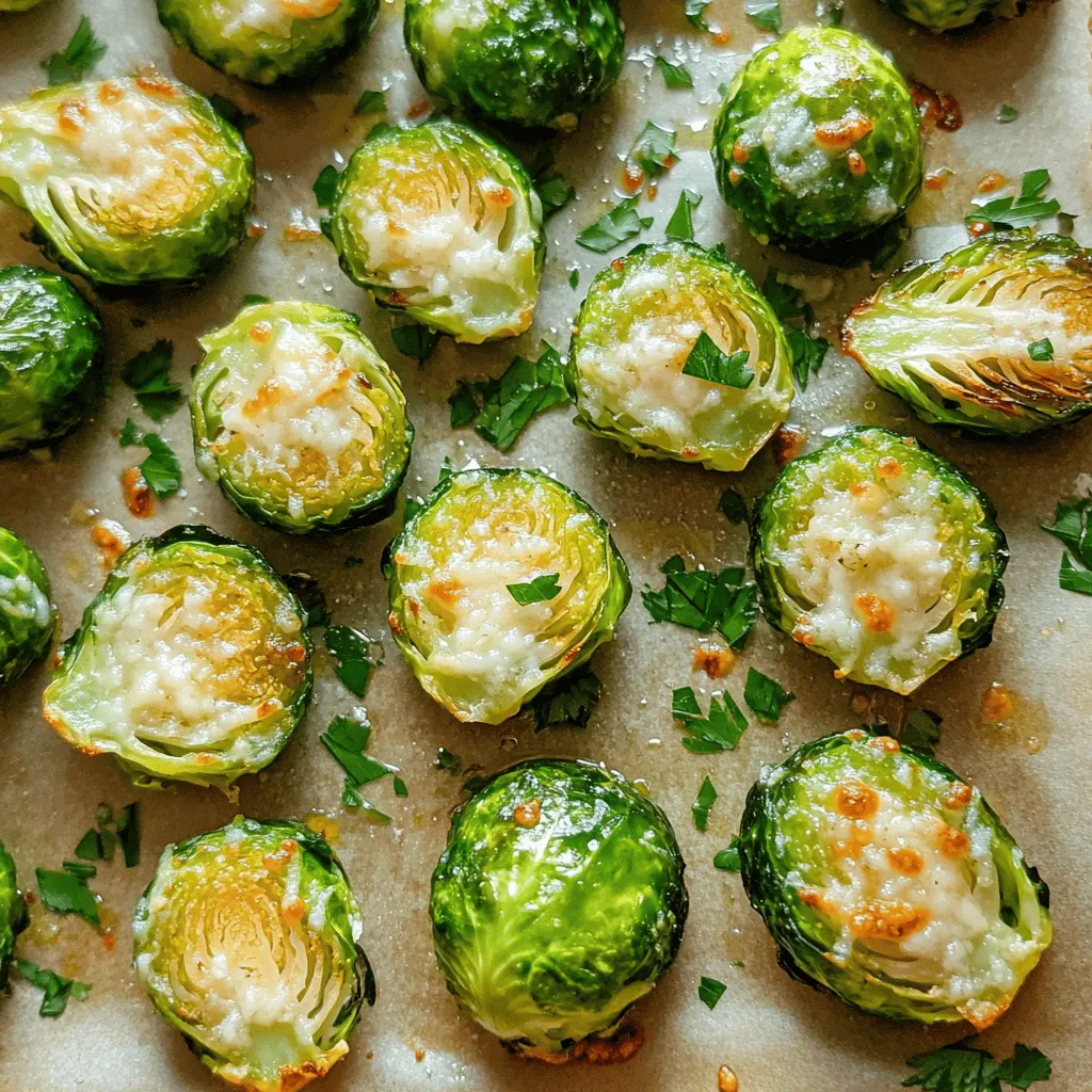 To make Garlic Parmesan Roasted Brussels Sprouts, gather these fresh ingredients: - 1 lb Brussels sprouts, trimmed and cut in half - 3 tablespoons extra-virgin olive oil - 4 cloves fresh garlic, finely minced - 1/2 cup freshly grated Parmesan cheese - 1 teaspoon garlic powder - 1 teaspoon sweet paprika - Sea salt and freshly ground black pepper to taste - Fresh parsley, roughly chopped (for garnish) These ingredients create a tasty blend of flavors. The Brussels sprouts bring a nice crunch. Garlic adds robust flavor, while Parmesan cheese gives a creamy finish. Measuring ingredients is key to great cooking. Use dry measuring cups for dry ingredients like cheese and garlic powder. Use liquid measuring cups for oils. A kitchen scale can help you get exact weights too. For herbs, a handful is often just fine, but a tablespoon can give you precision. This keeps your dish balanced and tasty. Using good-quality ingredients makes a big difference. Look for fresh Brussels sprouts that feel firm and tight. Choose extra-virgin olive oil for the best flavor. Fresh garlic has a stronger taste than pre-minced garlic. Finally, always use freshly grated Parmesan cheese instead of the pre-shredded kind. This gives your dish a richer, creamier texture. For a complete guide, check out the Full Recipe. Start by rinsing the Brussels sprouts under cold water. This cleans them well. Trim off the ends and cut each sprout in half. This helps them cook evenly. You want to make sure they are fresh and firm. If any leaves fall off, that’s okay! In a large bowl, add the halved Brussels sprouts. Pour in the extra-virgin olive oil. Then, add the minced garlic, garlic powder, and sweet paprika. Season with sea salt and black pepper to taste. Use your hands or a spoon to mix them all well. You want every sprout coated with the mix for great flavor. Preheat your oven to 400°F (200°C). Line a baking sheet with parchment paper. Spread the seasoned Brussels sprouts in one layer. Don’t crowd them, or they won’t roast right. Place the baking sheet in the oven and roast for about 20 minutes. Halfway through, stir the sprouts to make them crispy. Once the sprouts are golden and tender, take them out of the oven. Sprinkle the freshly grated Parmesan cheese over the hot Brussels sprouts. This step is key for adding flavor. Return them to the oven for another 5 minutes. You want the cheese to melt and bubble. Finally, garnish with freshly chopped parsley for a pop of color. For the full recipe, visit the link provided. Enjoy your delicious Garlic Parmesan Roasted Brussels Sprouts! To get crispy Brussels sprouts, follow a few easy steps. First, make sure to cut the sprouts in half. This allows the edges to brown nicely. Next, use enough olive oil. This helps them get that golden crunch. Spread them out in a single layer on the baking sheet. Overcrowding leads to steaming, not roasting. Stir the sprouts halfway through cooking to ensure even browning. Avoid these common mistakes for the best results. First, don’t skip the preheating step. Starting with a hot oven is key. Also, be careful with the salt. Too much can overpower the dish. Lastly, don’t forget to check for doneness. If they look soft and brown, they are ready. A quick taste test will help you know if they are cooked well. For extra flavor, try adding a splash of lemon juice or balsamic vinegar. This adds brightness to the dish. You can also mix in some crushed red pepper for a kick. If you love cheese, consider adding a blend of cheeses. Mixing Parmesan with Pecorino Romano gives a unique taste. Experimenting with herbs like thyme or rosemary can also elevate the dish. Check out the [Full Recipe] for more ideas! {{image_4}} You can make these Brussels sprouts even tastier by adding bacon. Just chop up a few strips and cook them until crispy. Mix the cooked bacon with the Brussels sprouts before roasting. The bacon adds a smoky flavor that pairs well with the cheese. You can also use pancetta or prosciutto for a different taste. For a hearty dish, try adding cooked chicken or sausage. Feel free to switch up the seasonings. Instead of garlic powder, use onion powder for a milder flavor. You can try adding some red pepper flakes if you like heat. For a sweeter touch, sprinkle a bit of brown sugar. Herbs like thyme or rosemary can also enhance the dish. Play around to find your favorite mix of flavors! If you want a vegan option, skip the Parmesan cheese. You can use nutritional yeast for a cheesy flavor without dairy. Another choice is to use vegan cheese that melts well. For added protein, toss in some chickpeas or lentils. This way, you keep the dish filling while enjoying those great flavors. For more detailed instructions on making this dish, check the Full Recipe. Store your Garlic Parmesan Roasted Brussels Sprouts in an airtight container. This keeps them fresh. Allow the sprouts to cool completely before sealing the container. You can also separate layers with parchment paper to prevent sticking. To reheat, use your oven for the best taste. Preheat it to 350°F (175°C). Spread the sprouts on a baking sheet. Heat them for about 10-15 minutes. This helps maintain their crispiness. You can also use a microwave, but the texture won't be as good. Heat in short bursts and check often. You can keep your leftovers in the fridge for up to 3 days. If you want to save them longer, freeze them. They can last for up to 2 months in the freezer. Just remember to thaw them in the fridge before reheating. For longer storage, consider making a bigger batch and enjoying them later! Brussels sprouts are packed with nutrients. They are high in fiber, which aids digestion. They also contain vitamins C and K, which help boost your immune system. Plus, they have antioxidants that fight free radicals. Eating Brussels sprouts may lower your risk of chronic diseases. You get a lot of health benefits from this small veggie! Yes, you can prep Brussels sprouts ahead of time. Trim and cut them, then store in the fridge for a day. You can also toss them in olive oil and seasonings. Just wait to roast them until you’re ready to eat. Roasting fresh keeps them crispy and tasty! These Brussels sprouts pair well with many dishes. Try serving them with grilled chicken or fish. They also go great with steak or pork. For a vegetarian option, serve them with quinoa or risotto. Don't forget to enjoy them with a nice salad! This recipe is naturally gluten-free! The ingredients don’t have any gluten. Just ensure your Parmesan cheese is gluten-free. Many brands are safe, but check the label. Enjoy your Garlic Parmesan Roasted Brussels Sprouts without worry! For the full recipe, click [Full Recipe]. Garlic Parmesan Roasted Brussels Sprouts make a tasty side dish. We covered the key ingredients and their quality. I shared simple steps for prepping, seasoning, and roasting. Tips ensured crispy results while avoiding common errors. You can also mix in meats or try new seasonings. Store leftovers properly to keep them fresh. These sprouts are healthy and pair well with many meals. Enjoy making this dish, and explore the different ways to customize it. Happy cooking!