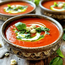 To make a delicious creamy tomato basil soup, gather these key ingredients: - 2 tablespoons olive oil - 1 medium onion, diced - 3 cloves garlic, minced - 2 cans (14 oz each) diced tomatoes (or 4 cups fresh tomatoes, chopped) - 2 cups vegetable broth - 1 cup heavy cream (or coconut cream for a dairy-free option) - 1/4 cup fresh basil, finely chopped - 1 teaspoon sugar (optional) - Salt and freshly cracked pepper to taste These ingredients work together to create a rich and flavorful base. The olive oil adds a nice depth, while the garlic and onion bring sweetness and warmth. The diced tomatoes provide acidity, and the heavy cream makes the soup creamy and luscious. You can add a few extras to boost the flavor of your soup. Here are some optional ingredients: - A pinch of red pepper flakes for heat - 1 teaspoon Italian seasoning for added herbs - A splash of balsamic vinegar for tanginess These optional ingredients can take your soup to the next level. The red pepper flakes add warmth, while the Italian seasoning enhances the herb profile. A splash of balsamic vinegar can balance the sweetness of the tomatoes. Presentation matters. Consider garnishing your soup with: - Croutons for crunch - Additional fresh basil leaves for brightness - A drizzle of extra cream for visual appeal Garnishing adds texture and enhances the look of your dish. Croutons give a satisfying crunch, while fresh basil adds a burst of color and flavor. A drizzle of cream can create an inviting swirl, making your soup even more appealing. For the complete recipe, check out the Full Recipe. Start by heating olive oil in a large pot over medium heat. You want it shimmering but not smoking. Next, add the diced onion. Sauté this for about five minutes. Stir it now and then until it softens and turns translucent. Then, add the minced garlic. Cook it for one minute. Be careful not to burn the garlic; it can taste bitter. Now, pour in the diced tomatoes along with their juices. Follow with the vegetable broth. If you like, add the teaspoon of sugar. This helps balance the tomato's acidity. Mix everything well. Bring it to a gentle boil, then lower the heat. Let it simmer uncovered for 15 to 20 minutes. This step lets the flavors meld beautifully. Using an immersion blender, puree the soup until smooth. If you don’t have one, carefully transfer the soup to a blender. Do this in batches and vent the lid to avoid pressure. Once blended, return the soup to the pot if needed. Stir in the heavy cream or coconut cream. Warm it on low for about five minutes. Avoid boiling to keep the cream from curdling. Finally, add the freshly chopped basil. Season it with salt and freshly cracked pepper to your taste. Cook it for another two minutes to let the basil flavor shine. Now, your creamy tomato basil soup is ready to serve! To make your soup creamy, start with good ingredients. Use heavy cream for richness, or coconut cream for a dairy-free option. Blend the soup until it’s smooth. If you want an extra creamy touch, add more cream after blending. This gives the soup a velvety finish. One mistake you can make is burning the garlic. Keep the heat low when adding it. If you let it burn, the soup will taste bitter. Another mistake is not seasoning enough. Always taste your soup before serving. Adjust the salt and pepper to enhance the flavors. Lastly, don’t skip simmering. This step helps the flavors blend well. If you’re short on time, use canned tomatoes. They cook faster than fresh ones. You can also chop the onion and garlic ahead of time. Store them in the fridge to save time on cooking day. If you have a busy schedule, make a big batch and freeze some. This way, you can enjoy the soup anytime without the fuss. For the full recipe, check out the delicious steps above! {{image_4}} You can easily make creamy tomato basil soup vegan. Instead of heavy cream, use coconut cream. It adds a nice texture and flavor. You can also swap vegetable broth for water if needed. This keeps the soup rich without any animal products. To boost protein, add grilled chicken or beans. Shredded chicken works great for a hearty meal. Just stir it in before serving. For a plant-based option, use white beans or chickpeas. They blend well with the soup's flavors. Both options make the soup more filling and satisfying. You can spice up your soup with fun flavors. Try adding a pinch of red pepper flakes for heat. Or, mix in smoked paprika for a smoky taste. Fresh herbs like thyme or oregano can also enhance the flavor. Just remember to add them towards the end to keep their aroma fresh. For the full recipe, check out the complete guide on creamy tomato basil bliss. To keep your creamy tomato basil soup fresh, let it cool first. Place leftovers in an airtight container. Store the soup in the fridge for up to five days. Make sure to label the container with the date. This helps you track how long it has been stored. If you want to save some soup for later, freezing works well. Pour the cooled soup into freezer-safe containers or bags. Leave some space at the top for expansion. Seal tightly and label with the date. You can freeze it for up to three months. For best taste, try to use it sooner. When you're ready to enjoy your soup again, thaw it in the fridge overnight. Reheat on the stove over low heat. Stir often to ensure even warming. If the soup seems too thick, add a splash of broth or water. Heat gently until it’s hot. If you want, blend it again for a smooth texture. This way, it tastes just as good as when you first made it! You can serve many tasty sides with this soup. Here are some great options: - Grilled cheese sandwiches - Garlic bread or toast - A fresh green salad - Crispy croutons for added crunch Pairing these foods will make your meal feel complete and warm. The creamy soup and crunchy sides balance flavors well. Yes, you can use fresh tomatoes! If you prefer fresh ones, here’s how: - Use about 4 cups of chopped fresh tomatoes. - Blanch them to remove the skin if desired. - This gives the soup a bright flavor. Fresh tomatoes can add a nice touch to the soup. Just make sure to adjust the cooking time if needed. If you like some heat, there are easy ways to spice up your soup: - Add red pepper flakes while cooking. - Stir in a diced jalapeño with the onions. - Use spicy diced tomatoes instead of regular ones. These options will add warmth and depth to the soup's flavor. Enjoy experimenting with the spice level! This article shared all you need for creamy tomato basil soup. You learned about key ingredients, step-by-step cooking, and tips for the best texture. I also covered variations for different diets and ways to store leftovers. Remember, with a few simple tweaks, you can enjoy this soup any way you like. Trust your taste buds, experiment freely, and savor every spoonful. Enjoy your cooking journey!