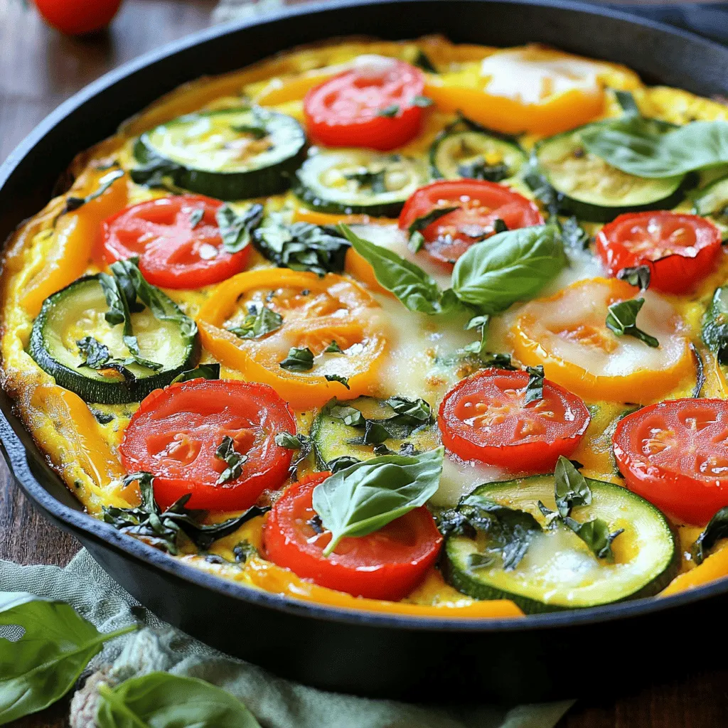- 6 large eggs - 1 cup assorted bell peppers (red, yellow, and green), diced - 1 cup fresh baby spinach, chopped - 1 small zucchini, grated - 1/2 cup cherry tomatoes, halved - 1/2 cup onion, finely chopped - 1/4 cup milk (or plant-based alternative) - 1 teaspoon garlic powder - 1 teaspoon Italian seasoning - Salt and pepper, to taste - 1/2 cup shredded cheese (cheddar or mozzarella) - Olive oil, for sautéing Using fresh and vibrant ingredients makes this frittata stand out. Large eggs act as the base, giving the frittata its structure. Assorted bell peppers add color and crunch. Fresh baby spinach brings a pop of green and vital nutrients. Zucchini adds moisture and mild flavor, while cherry tomatoes contribute sweetness. Onion gives depth, and milk helps bind everything together. - Types of cheese: Feta, goat cheese, or even vegan cheese can change the taste. - Other vegetables to consider: Mushrooms, kale, or broccoli can be tasty swaps. - Dairy-free options: Use almond milk or oat milk instead of regular milk. Feel free to experiment with these options. The goal is to create a dish that you love. By mixing and matching, you can make this frittata your own. For the full recipe, check out the vibrant garden vegetable frittata details. 1. Preheat your oven to 375°F (190°C). This helps cook the frittata evenly. 2. In a bowl, whisk together 6 large eggs, 1/4 cup milk, 1 teaspoon garlic powder, 1 teaspoon Italian seasoning, and a pinch of salt and pepper. Whisk until smooth and set aside. 1. In an oven-safe skillet, heat a drizzle of olive oil over medium heat. Make sure the oil is hot. 2. Add 1/2 cup finely chopped onion to the skillet. Sauté for 3-4 minutes until the onion is translucent. 3. Add 1 cup diced bell peppers and 1 small grated zucchini. Cook for 2-3 minutes, until they soften. 4. Fold in 1 cup chopped spinach and 1/2 cup halved cherry tomatoes. Cook for about 1-2 minutes until the spinach wilts. 5. Pour the egg mixture evenly over the sautéed vegetables. Make sure all veggies are covered. 1. Let the frittata cook on the stovetop for 2-3 minutes. Lift the edges gently with a spatula to let uncooked egg flow underneath. 2. When the edges are firm but the center is still runny, sprinkle 1/2 cup shredded cheese on top. 3. Transfer the skillet to the oven and bake for 15-20 minutes, or until puffed and set. A toothpick should come out clean. 4. Once baked, remove from the oven and let it cool for a few minutes. Slice into wedges before serving. This easy vegetable frittata is a colorful and tasty dish that you can enjoy anytime. For the full recipe, check out the link above! To make a great frittata, I focus on even cooking. This keeps every bite fluffy and delicious. Here are some helpful tips: - Use a well-heated skillet. A hot pan sears the veggies and locks in flavor. - Stir the vegetables gently. This helps them cook evenly without breaking them apart. - Avoid high heat. Medium heat allows the eggs to set slowly and evenly. For the best skillet, I recommend a cast iron pan. These skillets hold heat well and cook evenly. Other good options are stainless steel or non-stick pans. Just ensure they are oven-safe. Adding herbs and spices brings life to your frittata. I love using fresh or dried herbs. Here are some of my favorites: - Basil - Chives - Thyme - Oregano You can also play with seasonings. If you like a kick, try adding red pepper flakes. For a rich flavor, sprinkle in some smoked paprika. Adjust the salt and pepper to your taste. This makes your frittata just right for you. Experiment with different flavors. The beauty of a vegetable frittata is its versatility. You can follow my Full Recipe or create your own version. Enjoy the process! {{image_4}} You can mix and match vegetables in your frittata. Use what you have on hand. Seasonal vegetables work best. - Spring: Try asparagus and peas. - Summer: Use zucchini and tomatoes. - Fall: Add butternut squash and kale. - Winter: Go for root vegetables like carrots and sweet potatoes. For extra flavor, add proteins. Sausage or ham can make the frittata more filling. Cook them first in the skillet. Drain excess fat before adding veggies. This adds depth and richness to your dish. Frittatas can fit many diets. You can make a vegetarian version by skipping meat. Just add more veggies instead. For a vegan option, use a plant-based egg substitute. You can also use silken tofu blended with spices. This keeps the same great texture. Gluten-free? No problem! This frittata is naturally gluten-free. Just ensure your cheese is also free from gluten if you add it. These variations make your frittata unique and tasty. Each version brings new flavors to the table. Get creative and enjoy! For the full recipe, check out the details above. After cooking, let the frittata cool to room temperature. Then, slice it into wedges. Use an airtight container to keep it fresh. Glass or plastic containers work great for this. Store the frittata in the fridge. It lasts up to 3 days. If you want to enjoy it later, consider freezing. To freeze, wrap the frittata slices tightly in plastic wrap. Then, place them in a freezer bag. Remove as much air as possible to avoid freezer burn. The frittata can last up to 2 months in the freezer. When you're ready to eat, thaw it in the fridge overnight. Reheat slices in the oven or microwave. For the oven, heat it at 350°F (175°C) for about 10-15 minutes. This keeps the frittata moist. If using a microwave, cover it with a damp paper towel. This prevents it from drying out. Enjoy your frittata any time! You can find the full recipe to make it again. A vegetable frittata lasts about 3 to 4 days in the fridge. To keep it fresh, store it in an airtight container. This helps prevent it from drying out. Before eating, check for any off smells or changes in texture. If it looks and smells good, enjoy! Yes, you can make a frittata ahead of time. It’s great for meal prep or brunch. Cook it fully, then let it cool. Once cool, slice it and store it in the fridge. You can reheat it easily in the microwave or oven when you're ready to serve. You can serve your frittata with many sides. A fresh salad adds crunch and color. Toast or crusty bread pairs well too. For extra flavor, serve it with salsa or avocado. These sides make your meal more filling and balanced. Yes, you can use egg substitutes in this recipe. Popular options include silken tofu or chickpea flour. These provide a similar texture. While the taste may differ, they still create a tasty dish. Just be sure to adjust cooking times for your substitute. Yes, using an oven-safe skillet is necessary for this recipe. It allows you to cook the frittata on the stovetop and then bake it. Cast iron or stainless steel skillets work best. If you don’t have one, transfer the frittata to a baking dish before oven cooking. In this blog post, we explored how to make an Easy Vegetable Frittata. You learned about essential ingredients like eggs, bell peppers, and spinach. We reviewed step-by-step instructions to prepare, cook, and finish the frittata. I shared tips for perfecting the dish and variations to keep it exciting. Remember, you can store leftovers easily and even freeze them for later. Enjoy your cooking journey and experiment with flavors! A frittata is not just simple; it’s also a fun way to eat your veggies.