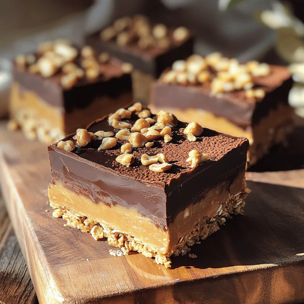 To make these no-bake chocolate peanut butter bars, you'll need: - 1 cup rolled oats - 1 cup natural peanut butter (smooth or crunchy) - 1/2 cup honey or maple syrup (use maple syrup for vegan bars) - 1/2 cup unsweetened cocoa powder - 1/4 cup coconut oil, melted - 1/2 teaspoon vanilla extract - A pinch of salt - 1/2 cup dark chocolate chips (dairy-free if desired) - 1/4 cup chopped nuts (optional for topping) You can easily swap some ingredients if needed. For example, if you don't have rolled oats, quick oats work too. You can use almond butter instead of peanut butter for a nut-free option. For a sweeter taste, substitute honey with agave syrup. If you want a nut-free version, ensure your chocolate chips are also nut-free. Always choose high-quality ingredients for the best flavor. Use natural peanut butter without added sugars or oils. Look for dark chocolate chips with a high cacao percentage. Fresh oats and raw honey add more taste and nutrition. If possible, opt for organic ingredients to enhance the health benefits of your bars. Quality matters, and it shows in the taste! To start, gather your ingredients. Grab a large mixing bowl. Add 1 cup of rolled oats. Next, add 1 cup of peanut butter. You can choose smooth or crunchy based on what you like. Then, pour in 1/2 cup of honey or maple syrup. This will sweeten your bars. Now, add 1/2 cup of unsweetened cocoa powder. This gives a rich chocolate taste. Don't forget the 1/4 cup of melted coconut oil. It helps bind the mixture. Add 1/2 teaspoon of vanilla extract and a pinch of salt. Stir all these together until you have a thick, sticky dough. This is the base of your bars. Now, prepare an 8x8 inch baking pan. Line it with parchment paper. Make sure some paper hangs over the sides for easy removal. Carefully transfer your oat mixture into the pan. Use the back of a spatula or your hands to press it down. You want it packed tightly and evenly. This step is key for a good texture. Take your time to make it smooth and firm. Next, it's time to melt the chocolate. Place 1/2 cup of dark chocolate chips in a microwave-safe bowl. Heat it in 30-second bursts. Stir after each time until the chocolate is smooth. Once melted, pour the chocolate over the pressed oat mixture. Use a spatula to spread it evenly. For a fun crunch, sprinkle 1/4 cup of chopped nuts on top. Press them down slightly so they stick. This adds flavor and texture. Now, refrigerate the bars for about 2 hours. They need to firm up before you can enjoy them. Once set, lift the bars out using the parchment paper. Slice them into squares or bars as you wish. For the full recipe, refer back to the beginning. To get the right texture, use fresh ingredients. Old oats or peanut butter can change the taste and feel. Mix the wet and dry ingredients well. You want a thick, sticky dough. If the mixture feels too dry, add a bit more honey or coconut oil. If it’s too wet, add more oats. This balance is key for great bars. When serving, cut the bars into equal pieces. You can use a sharp knife for clean edges. For a fun twist, serve them with fresh fruit or a scoop of yogurt. The creamy yogurt pairs perfectly with the rich bars. You can also drizzle melted chocolate on top for extra flair. This adds a nice touch and makes them look gourmet. To slice the bars easily, chill them well first. Once they are firm, lift them out using the parchment paper. Place them on a cutting board. Use a sharp knife and cut straight down to avoid crumbling. Wipe the knife between cuts for cleaner slices. This helps keep the bars looking neat and tidy. Enjoy your tasty creation! {{image_4}} You can make these bars healthier with simple swaps. Instead of honey, use agave syrup. This change lowers the glycemic index. You can also substitute half the oats with ground flaxseed. Flaxseed adds fiber and omega-3 fatty acids. Choose dark chocolate with a higher cocoa content for less sugar. This small change boosts the health benefits. Want to mix up the flavor? Add a teaspoon of cinnamon for warmth. This spice works well with chocolate and peanut butter. You can also include a tablespoon of espresso powder. It elevates the chocolate flavor without adding caffeine. For a fruity twist, fold in dried fruit like cranberries or cherries. These additions give your bars a fun burst of taste. Peanut butter isn’t the only nut butter that works. Try almond or cashew butter for a different flavor. Each nut brings its unique taste and texture. If you want to go nut-free, sunflower seed butter is a fantastic choice. Just make sure it’s safe for those with allergies. Each nut butter alters the flavor and makes these bars your own. For the full recipe, check out the detailed instructions and ingredients above. Store your no-bake chocolate peanut butter bars in an airtight container. This keeps them fresh and prevents drying out. Place parchment paper between layers if stacking, to avoid sticking. Keep them in the fridge to maintain firmness and flavor. You can freeze these bars for longer storage. Cut them into squares before freezing. Wrap each square in plastic wrap and place them in a freezer bag. This helps keep them fresh for up to three months. Thaw them in the fridge for a few hours before serving. These bars last about one week in the fridge. They taste best when fresh. After a week, they may still be safe to eat but will lose some texture. If frozen, they stay fresh for three months, making them a great make-ahead treat. Enjoy them whenever you crave a chocolatey snack! Yes, you can easily make these bars vegan. Just swap honey for maple syrup. Use dark chocolate chips that are dairy-free. With these changes, the bars will be 100% vegan and still delicious. These bars take about 2 hours to set in the fridge. You want them firm to the touch. After that, they are ready to slice and enjoy! You can use different sweeteners in this recipe. Choices like agave syrup or coconut nectar work well. Just remember that they may slightly change the flavor and texture. Always adjust to your taste! For the full recipe, check out the details above. This blog post shared key tips for making delicious bars. We covered ingredients, including substitutions and quality advice. I provided step-by-step instructions for the mixture, packing, and topping. You learned tricks for texture, serving, and slicing. We explored healthy variations and storage tips to keep your bars fresh. Lastly, I answered common questions about vegan options and sweeteners. With these insights, you can make tasty bars that everyone will enjoy. Start creating your own versions and have fun!