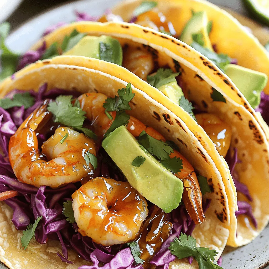 - 1 pound shrimp, peeled and deveined - 1 avocado, sliced - 1 cup shredded red cabbage - Lime wedges, for serving - 3 tablespoons honey - 3 tablespoons soy sauce (or tamari for gluten-free) - 2 cloves garlic, minced - 1 teaspoon fresh ginger, grated - 1 tablespoon lime juice - Salt and pepper to taste - 1 tablespoon olive oil - 8 corn tortillas - 1/4 cup fresh cilantro, chopped When I make honey garlic shrimp tacos, I love using fresh and vibrant ingredients. The shrimp are the star, so you want them to be the best you can find. Fresh shrimp make a big difference in flavor and texture. For the marinade, honey brings a lovely sweetness. Pair it with soy sauce for saltiness. Garlic and ginger add depth. This mix creates a tasty sauce that clings to the shrimp perfectly. Don’t forget about the toppings! The avocado adds creaminess. Shredded red cabbage gives a nice crunch. Fresh lime juice brightens it all up. Each bite bursts with flavor. You can find the full recipe above to follow along. - Whisk honey, soy sauce, garlic, ginger, and lime juice together. - Toss shrimp and let marinate for 15 minutes. Start by mixing the marinade. In a bowl, add honey, soy sauce, minced garlic, grated ginger, and lime juice. This blend creates a sweet and tangy flavor. Once mixed, add the shrimp. Toss them gently until they are coated well. Set the bowl aside. Let the shrimp marinate for 15 minutes. This step is key for great taste. - Heat olive oil in a skillet and cook shrimp until pink. - Remove shrimp and set aside. Next, heat olive oil in a skillet over medium-high heat. Wait until the oil shimmers. Carefully add the marinated shrimp. Cook them for about 2 to 3 minutes. Stir occasionally until they turn pink and opaque. Once cooked, remove the shrimp from the skillet and place them on a plate. This method locks in the flavor. - Simmer reserved marinade for sauce. - Combine shrimp with sauce and warm tortillas. - Assemble tacos with ingredients as described in the full recipe. In the same skillet, pour in the reserved marinade. Bring it to a gentle simmer. Let it cook for about 2 minutes. This reduces and thickens the sauce. Add the cooked shrimp back into the skillet. Toss them in the sauce until well-coated. Heat thoroughly for another minute. Season with salt and pepper. Next, warm the corn tortillas in a dry skillet for about 30 seconds on each side. They should be soft and pliable. Now it’s time to assemble! Lay a warm tortilla flat. Add a generous portion of honey garlic shrimp in the center. Top it with shredded red cabbage, avocado slices, and fresh cilantro. Enjoy every bite of these tasty tacos! To make sure your shrimp are perfect, avoid overcooking them. Cook shrimp for 2-3 minutes until they turn pink. When they are overcooked, they become rubbery. Keep a close eye on them. For seasoning, balance the sweet honey and salty soy sauce. Add lime juice for freshness. This mix brings out the best flavors in your shrimp. Always taste your marinade before adding shrimp. Adjust with salt or lime juice if needed. To enhance your tacos, pair them with sides like rice or beans. You can also add toppings like sliced jalapeños or sour cream. This adds a kick and creaminess. For a stunning presentation, stack your tacos high. Use colorful ingredients like red cabbage and cilantro. Serve on a bright plate with lime wedges. This makes your dish pop and looks inviting. Marinate your shrimp a few hours ahead for a richer flavor. This lets the shrimp soak up all the tasty ingredients. If you're in a hurry, a 15-minute marinade works too. For leftovers, store the shrimp and toppings separately. This keeps everything fresh. When reheating, do it gently in a skillet. Avoid the microwave to keep the shrimp tender. Enjoy your meal anytime! {{image_4}} You can swap shrimp for chicken or tofu. Chicken works well with the marinade. Use boneless chicken breasts or thighs. Cut them into bite-sized pieces. Marinate them just like the shrimp. Cook until golden and cooked through. Tofu offers a great vegetarian option. Use firm tofu, and press it to remove water. Cut it into cubes and marinate. Sauté until crispy for a tasty twist. For gluten-free tacos, use tamari instead of soy sauce. Corn tortillas are naturally gluten-free. Ensure all your ingredients are certified gluten-free. For dairy-free options, skip any cheese toppings. You can also add extra avocado for creaminess. If you want a vegetarian dish, replace shrimp with veggies. Grilled peppers, zucchini, or mushrooms add great flavors. Spice up your tacos with jalapeños for heat. Slice them thinly and add on top. You can also try different toppings like diced tomatoes. Crumbled cheese adds creaminess and flavor. Fresh herbs like mint or parsley can brighten the dish. Squeeze extra lime juice for a fresh kick. Feel free to mix and match toppings to find your favorite combination. To keep your tacos fresh, wrap them well. Use plastic wrap or foil to cover each taco. Place them in an airtight container. This helps maintain their taste and texture. You can store them in the fridge for up to three days. If you want to save them longer, freeze the shrimp separately from the tortillas. Cooked shrimp can last in the fridge for up to three days. If marinated but not cooked, shrimp can stay fresh for about two hours at room temperature. In the fridge, marinated shrimp can last around 24 hours. Always look for any off smells or changes in color to ensure freshness. To reheat your tacos, use a skillet over medium heat. Heat the tacos for about one to two minutes on each side. This keeps them soft and warm. If you want to reheat shrimp, place them in a pan and add a splash of water. Cover with a lid and heat for about three to five minutes. Avoid using a microwave, as it can dry them out. For best results, keep the shrimp and tortillas separate until you're ready to eat. You can use tamari for a gluten-free option. Coconut aminos is another tasty choice. Both give a rich flavor to the dish. If you want less salt, try low-sodium soy sauce. Yes, you can prepare the shrimp and marinade ahead of time. Marinate the shrimp and keep it in the fridge for up to 2 hours. Cook the shrimp when you're ready to serve. This keeps the flavors fresh. Cooked shrimp turn pink and opaque. They should curl into a C shape. If they look gray or feel rubbery, they are not done. Keep an eye on the cooking time; it usually takes 2-3 minutes. Try adding shredded red cabbage for crunch. Sliced avocado adds creaminess. Fresh cilantro gives a burst of flavor. You can also use diced tomatoes or pickled jalapeños for extra zing. Yes, you can easily double the recipe. Just make sure to adjust cooking times if needed. Use a larger skillet or cook in batches to keep shrimp from steaming. Enjoy sharing these tasty tacos! This blog post shows how to make honey garlic shrimp tacos. You learned about fresh ingredients, marinade, and cooking essentials. Then, we outlined steps for marinating and cooking shrimp. I shared tips for perfect shrimp and serving suggestions. You also discovered different ways to modify the recipe. Enjoy making these tacos for a tasty meal. Experiment with ingredients to make it your own. Happy cooking!