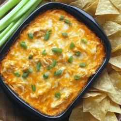 - 2 cups shredded cooked chicken - 1 (8 oz) package cream cheese, softened - 1/2 cup Greek yogurt - 1/2 cup buffalo sauce - 1/2 cup shredded sharp cheddar cheese - 1/2 cup shredded mozzarella cheese - 1/4 cup green onions, finely chopped - Seasoning: Salt and pepper Buffalo chicken dip brings a burst of flavor to any gathering. You need a few simple ingredients to make it. First, gather shredded cooked chicken. You can use rotisserie chicken for ease or cook your own. Next, add softened cream cheese for creaminess. Greek yogurt adds a nice tang and smooth texture. The key to that spicy kick is buffalo sauce. You can adjust its amount based on your taste. For cheesy goodness, use sharp cheddar and mozzarella. The sharp cheddar adds depth while mozzarella keeps it gooey. Finally, don’t forget the green onions. They add freshness and a pop of color. Season with salt and pepper to enhance all those flavors. This dip is not just tasty; it’s also easy to make with these ingredients. - Ideal pairings with tortilla chips or celery sticks - Additional garnishes for presentation When you serve buffalo chicken dip, it’s best with tortilla chips or celery sticks. The chips give that crunch, while celery offers a fresh bite. You can also add extra green onions on top for a nice look. A drizzle of buffalo sauce before serving makes it pop even more. This dip, warm and cheesy, will be a hit at any party. - Step 1: Preheat the oven Start by preheating your oven to 350°F (175°C). This helps cook the dip evenly. - Step 2: Combine cream cheese, Greek yogurt, and buffalo sauce In a large bowl, mix the softened cream cheese, Greek yogurt, and buffalo sauce. Use a spatula or hand mixer to make it smooth. - Step 3: Fold in chicken and cheeses Next, gently fold in the shredded chicken, cheddar cheese, and mozzarella cheese. This adds flavor and creaminess. - Step 4: Season to taste Add salt and pepper to your mix. Taste it to ensure the flavors are just right. - Step 5: Transfer to baking dish Spoon your mixture into an oven-safe baking dish. Spread it out evenly using a spatula. - Step 6: Bake and check for doneness Place the dish in the oven and bake for 20-25 minutes. The dip should be bubbly and have a golden crust on top. For the full recipe, check out the full recipe section. Enjoy your Buffalo Chicken Dip! To make your Buffalo Chicken Dip shine, adjust the buffalo sauce to match your spice level. If you need more heat, add extra sauce. For a milder dip, use less. You can mix various brands too. Each offers a unique taste. Next, let’s talk cheese. You can use different types to change the flavor. Try using pepper jack for a spicy kick or gouda for a smokier taste. Mixing cheeses adds depth and keeps things interesting. Using a hand mixer is a great way to get a smooth dip. It helps blend the ingredients well. Mix just until everything is smooth to keep the dip creamy. Avoid overmixing as this can make the dip tough. Gently fold in the chicken and cheese. This keeps the texture light and fluffy, perfect for dipping. When serving, present the dip warm in its baking dish. It looks inviting and keeps the dip hot. Pair it with a colorful platter of tortilla chips and fresh celery sticks. This adds a nice crunch. Garnish the dip with extra green onions before serving. The bright green color adds a fresh touch. You can also drizzle a bit more buffalo sauce on top. This enhances both the look and flavor. {{image_4}} To make Buffalo Chicken Dip gluten-free, simply check the labels on your buffalo sauce and any dips you use. Most sauces are safe, but some may have hidden gluten. You can also swap regular cream cheese for a gluten-free option. If you want a vegetarian version, try using chickpeas instead of chicken. Just mash them lightly before mixing. They add protein and a nice texture. This option is great for those who want to enjoy the dip without meat. You can enhance the flavor by adding ranch dressing or blue cheese to the mix. Just a few tablespoons can really change the taste. You can also try different spices like garlic powder or smoked paprika. These spices can add a new twist that makes your dip stand out. For a fun twist, you can turn this dip into a stuffed chicken breast. Just fill each breast with the dip mixture and bake until cooked through. It’s a great way to impress guests. You can also make Buffalo Chicken Dip bites or sliders. Use small bread rolls or puffs, and fill them with the dip. Bake until golden for a delicious party snack. This makes for easy serving and adds a new way to enjoy the classic dip. After making your Buffalo Chicken Dip, let it cool. Place any leftovers in an airtight container. Store it in the fridge for up to four days. This keeps the dip fresh and safe to enjoy later. When you want to reheat, scoop what you need into a microwave-safe bowl. Heat in short bursts, stirring often. This helps it heat evenly. You can also use an oven. Preheat it to 350°F (175°C) and bake for about 15 minutes. This warms it up nicely and keeps the texture creamy. You can freeze Buffalo Chicken Dip too! First, let it cool completely. Then, pour it into a freezer-safe container. Make sure to leave some space at the top, as it may expand. It can last for about three months in the freezer. To thaw, place the dip in the fridge overnight. Once thawed, reheat using the methods above. It might lose some creaminess, but it will still taste great. If you want to boost the flavor, stir in a bit more buffalo sauce after thawing. Buffalo Chicken Dip is a tasty mix of simple ingredients. Here’s what you need: - 2 cups shredded cooked chicken - 1 (8 oz) package cream cheese, softened - 1/2 cup Greek yogurt - 1/2 cup buffalo sauce - 1/2 cup shredded sharp cheddar cheese - 1/2 cup shredded mozzarella cheese - 1/4 cup green onions, finely chopped - Salt and pepper to taste Each ingredient adds flavor and creaminess. The chicken gives it a hearty base, while the cream cheese and yogurt keep it smooth. The buffalo sauce brings heat, and the cheeses add a rich taste. Green onions provide a fresh crunch. Yes, you can prepare this dip ahead of time. Here are some tips: - Mix the dip: Combine all ingredients in a bowl and store it in the fridge. - Cover it well: Use plastic wrap or a lid to keep it fresh. - Bake it later: When you're ready, bake it for 20-25 minutes at 350°F (175°C). Making it early saves time and stress. Just remember to let it cool for a few minutes before serving. If you want more heat, here are some easy ways: - Add more buffalo sauce: Increase the amount of sauce to boost spice. - Try hot sauce: Mix in your favorite hot sauce for an extra kick. - Use spicy cheese: Opt for pepper jack cheese instead of cheddar or mozzarella. These changes can help you find the perfect level of spice for your taste buds. Buffalo Chicken Dip combines simple ingredients for a tasty dish. You start with chicken and cheese, mix with creamy goodness, and bake. Add your own twist with spice or different cheeses. This dip pairs perfectly with tortilla chips or celery. You can also store it or freeze it for later. Try different ways to make it your own. Whether it’s spicy or mild, this dip is a winner. Enjoy it at parties or cozy nights in!