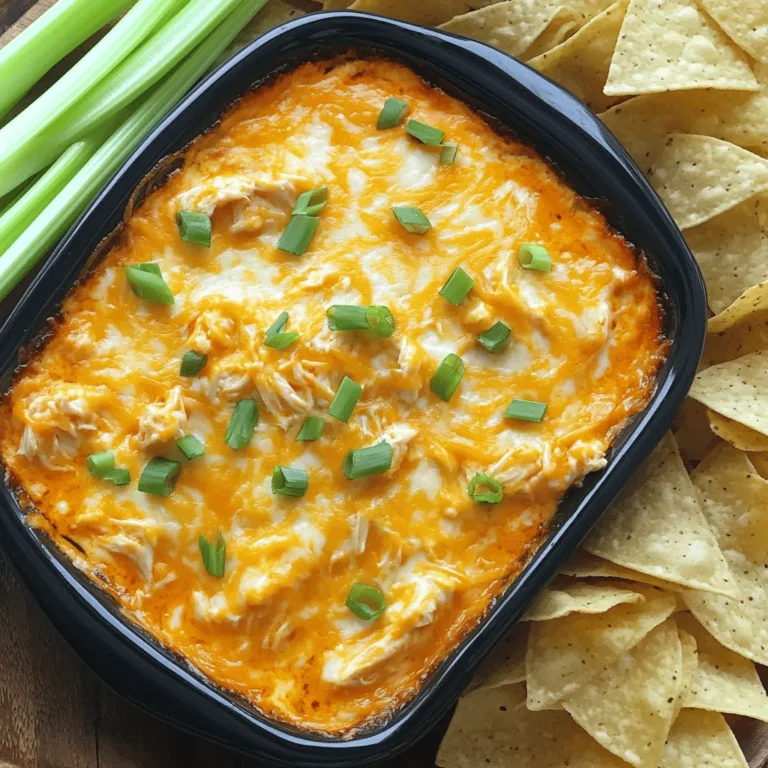 - 2 cups shredded cooked chicken - 1 (8 oz) package cream cheese, softened - 1/2 cup Greek yogurt - 1/2 cup buffalo sauce - 1/2 cup shredded sharp cheddar cheese - 1/2 cup shredded mozzarella cheese - 1/4 cup green onions, finely chopped - Seasoning: Salt and pepper Buffalo chicken dip brings a burst of flavor to any gathering. You need a few simple ingredients to make it. First, gather shredded cooked chicken. You can use rotisserie chicken for ease or cook your own. Next, add softened cream cheese for creaminess. Greek yogurt adds a nice tang and smooth texture. The key to that spicy kick is buffalo sauce. You can adjust its amount based on your taste. For cheesy goodness, use sharp cheddar and mozzarella. The sharp cheddar adds depth while mozzarella keeps it gooey. Finally, don’t forget the green onions. They add freshness and a pop of color. Season with salt and pepper to enhance all those flavors. This dip is not just tasty; it’s also easy to make with these ingredients. - Ideal pairings with tortilla chips or celery sticks - Additional garnishes for presentation When you serve buffalo chicken dip, it’s best with tortilla chips or celery sticks. The chips give that crunch, while celery offers a fresh bite. You can also add extra green onions on top for a nice look. A drizzle of buffalo sauce before serving makes it pop even more. This dip, warm and cheesy, will be a hit at any party. - Step 1: Preheat the oven Start by preheating your oven to 350°F (175°C). This helps cook the dip evenly. - Step 2: Combine cream cheese, Greek yogurt, and buffalo sauce In a large bowl, mix the softened cream cheese, Greek yogurt, and buffalo sauce. Use a spatula or hand mixer to make it smooth. - Step 3: Fold in chicken and cheeses Next, gently fold in the shredded chicken, cheddar cheese, and mozzarella cheese. This adds flavor and creaminess. - Step 4: Season to taste Add salt and pepper to your mix. Taste it to ensure the flavors are just right. - Step 5: Transfer to baking dish Spoon your mixture into an oven-safe baking dish. Spread it out evenly using a spatula. - Step 6: Bake and check for doneness Place the dish in the oven and bake for 20-25 minutes. The dip should be bubbly and have a golden crust on top. For the full recipe, check out the full recipe section. Enjoy your Buffalo Chicken Dip! To make your Buffalo Chicken Dip shine, adjust the buffalo sauce to match your spice level. If you need more heat, add extra sauce. For a milder dip, use less. You can mix various brands too. Each offers a unique taste. Next, let’s talk cheese. You can use different types to change the flavor. Try using pepper jack for a spicy kick or gouda for a smokier taste. Mixing cheeses adds depth and keeps things interesting. Using a hand mixer is a great way to get a smooth dip. It helps blend the ingredients well. Mix just until everything is smooth to keep the dip creamy. Avoid overmixing as this can make the dip tough. Gently fold in the chicken and cheese. This keeps the texture light and fluffy, perfect for dipping. When serving, present the dip warm in its baking dish. It looks inviting and keeps the dip hot. Pair it with a colorful platter of tortilla chips and fresh celery sticks. This adds a nice crunch. Garnish the dip with extra green onions before serving. The bright green color adds a fresh touch. You can also drizzle a bit more buffalo sauce on top. This enhances both the look and flavor. {{image_4}} To make Buffalo Chicken Dip gluten-free, simply check the labels on your buffalo sauce and any dips you use. Most sauces are safe, but some may have hidden gluten. You can also swap regular cream cheese for a gluten-free option. If you want a vegetarian version, try using chickpeas instead of chicken. Just mash them lightly before mixing. They add protein and a nice texture. This option is great for those who want to enjoy the dip without meat. You can enhance the flavor by adding ranch dressing or blue cheese to the mix. Just a few tablespoons can really change the taste. You can also try different spices like garlic powder or smoked paprika. These spices can add a new twist that makes your dip stand out. For a fun twist, you can turn this dip into a stuffed chicken breast. Just fill each breast with the dip mixture and bake until cooked through. It’s a great way to impress guests. You can also make Buffalo Chicken Dip bites or sliders. Use small bread rolls or puffs, and fill them with the dip. Bake until golden for a delicious party snack. This makes for easy serving and adds a new way to enjoy the classic dip. After making your Buffalo Chicken Dip, let it cool. Place any leftovers in an airtight container. Store it in the fridge for up to four days. This keeps the dip fresh and safe to enjoy later. When you want to reheat, scoop what you need into a microwave-safe bowl. Heat in short bursts, stirring often. This helps it heat evenly. You can also use an oven. Preheat it to 350°F (175°C) and bake for about 15 minutes. This warms it up nicely and keeps the texture creamy. You can freeze Buffalo Chicken Dip too! First, let it cool completely. Then, pour it into a freezer-safe container. Make sure to leave some space at the top, as it may expand. It can last for about three months in the freezer. To thaw, place the dip in the fridge overnight. Once thawed, reheat using the methods above. It might lose some creaminess, but it will still taste great. If you want to boost the flavor, stir in a bit more buffalo sauce after thawing. Buffalo Chicken Dip is a tasty mix of simple ingredients. Here’s what you need: - 2 cups shredded cooked chicken - 1 (8 oz) package cream cheese, softened - 1/2 cup Greek yogurt - 1/2 cup buffalo sauce - 1/2 cup shredded sharp cheddar cheese - 1/2 cup shredded mozzarella cheese - 1/4 cup green onions, finely chopped - Salt and pepper to taste Each ingredient adds flavor and creaminess. The chicken gives it a hearty base, while the cream cheese and yogurt keep it smooth. The buffalo sauce brings heat, and the cheeses add a rich taste. Green onions provide a fresh crunch. Yes, you can prepare this dip ahead of time. Here are some tips: - Mix the dip: Combine all ingredients in a bowl and store it in the fridge. - Cover it well: Use plastic wrap or a lid to keep it fresh. - Bake it later: When you're ready, bake it for 20-25 minutes at 350°F (175°C). Making it early saves time and stress. Just remember to let it cool for a few minutes before serving. If you want more heat, here are some easy ways: - Add more buffalo sauce: Increase the amount of sauce to boost spice. - Try hot sauce: Mix in your favorite hot sauce for an extra kick. - Use spicy cheese: Opt for pepper jack cheese instead of cheddar or mozzarella. These changes can help you find the perfect level of spice for your taste buds. Buffalo Chicken Dip combines simple ingredients for a tasty dish. You start with chicken and cheese, mix with creamy goodness, and bake. Add your own twist with spice or different cheeses. This dip pairs perfectly with tortilla chips or celery. You can also store it or freeze it for later. Try different ways to make it your own. Whether it’s spicy or mild, this dip is a winner. Enjoy it at parties or cozy nights in!