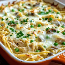 - 2 cups cooked chicken, shredded - 8 ounces spaghetti or fettuccine pasta - 1 cup sliced fresh mushrooms - 1/4 cup unsalted butter - 1/4 cup all-purpose flour - 2 cups low-sodium chicken broth - 1/2 cup grated Parmesan cheese - 1 cup shredded mozzarella cheese - Salt and freshly ground black pepper to taste To make an easy Chicken Tetrazzini, you need simple yet tasty ingredients. Start with cooked chicken. You can use leftover chicken or rotisserie chicken for ease. Shred it, and set it aside. Next, choose your pasta. I love using spaghetti or fettuccine, but any pasta will work. Mushrooms add a rich flavor, so slice up some fresh ones. They will cook down nicely in the sauce. For the sauce, melt butter in a pan. Mix in flour to create a roux. This step is key for a thick and creamy sauce. Slowly whisk in chicken broth to avoid lumps. Then, add milk for extra creaminess. Season the sauce with garlic powder, onion powder, salt, and pepper. Finally, don’t forget the cheese! Parmesan and mozzarella make this dish extra cheesy and delicious. For the full recipe, check out the details to create your own Chicken Tetrazzini delight! - Preheat the oven to 350°F (175°C). - Lightly grease a 9x13 inch baking dish with olive oil or cooking spray. This step ensures your dish does not stick. A well-greased pan makes serving easier. - Cook pasta according to package instructions. - Sauté fresh mushrooms until tender. Cook the pasta until it's al dente. This means it should still have a bit of bite. Overcooked pasta will turn mushy once baked. Sauté mushrooms in a skillet with some butter. Cook them for about 4 to 5 minutes until soft and golden. This adds a rich flavor to your dish. - Create a roux with butter and flour. - Gradually whisk in chicken broth and milk. Start by melting unsalted butter in your skillet. Once it's melted, sprinkle the flour over the mushrooms and stir for 1 to 2 minutes. This creates a roux, which thickens the sauce. Next, slowly add the chicken broth and milk while whisking. Be sure to avoid lumps. Keep stirring until the sauce thickens and bubbles gently. This creamy sauce is the heart of your tetrazzini, making it rich and comforting. For the complete recipe, check the Full Recipe section. To get a smooth sauce, whisk slowly. If you whisk too fast, lumps can form. Take your time to mix in the chicken broth and milk. It helps create a nice, creamy texture. After you taste your sauce, adjust the seasoning. You may want more salt or pepper depending on your taste. Cook your pasta al dente. This means it should be firm yet cooked through. If you cook it too soft, it will become mushy in the oven. You can also swap pasta types if you like. Try using penne or rotini for a fun twist. Garnishing makes your dish look great. Use freshly chopped parsley. It adds color and freshness. Another option is a sprinkle of red pepper flakes. They give extra flavor and a little heat. Both options make your chicken tetrazzini more appealing. {{image_4}} If you want a meat-free meal, try using sautéed vegetables. You can use bell peppers, zucchini, and spinach for a colorful mix. For the sauce, swap the chicken broth for vegetable broth. This keeps it creamy and rich while making it plant-based. If you crave something different, shrimp or cooked sausage work great. Just add them in with the pasta and sauce. You can also save time and use rotisserie chicken. It’s already cooked and full of flavor, making your meal prep even easier. Cheese makes this dish creamy and delicious. Feel free to experiment with different shredded cheeses. A mix of mozzarella and cheddar adds a nice twist. You can even try pepper jack for a spicy kick. Each cheese gives a unique taste, so have fun mixing! For the full recipe, check out the detailed instructions above. After enjoying your Chicken Tetrazzini, store any leftovers. Place them in an airtight container. This keeps them fresh. Try to use them within 3-4 days for best quality. Label the container with the date to remember when you made it. If you want to save some for later, freezing is a great option. Freeze the Tetrazzini in single-serving portions. This makes it easy to grab a quick meal. When you are ready to eat, thaw it overnight in the refrigerator. This helps maintain the creamy texture and flavor. For the best results, reheat your Chicken Tetrazzini in the oven. Preheat your oven to 350°F (175°C). Place the casserole in a baking dish and cover it with foil. Heat for about 20-30 minutes. If you need a quicker option, use the microwave. Heat it in short bursts, stirring in between, until it's warm throughout. This recipe is a creamy, cheesy delight that you’ll love enjoying again! Check out the Full Recipe if you want to make it yourself! Spaghetti or fettuccine are popular choices. These types hold the creamy sauce well. They also cook nicely and blend with other ingredients. Try using whole wheat versions for extra fiber. Yes, it can be prepped a day in advance. Just follow the recipe up to baking. Store it in the fridge, covered. When ready, bake it straight from the fridge. You may need to add a few extra minutes to the cooking time. Substitute gluten-free pasta and flour for the roux. Many brands offer great options now. Make sure to check the labels. This way, you can enjoy tasty Chicken Tetrazzini without gluten. Salads and roasted vegetables are great accompaniments. A crisp green salad balances the creamy dish. Roasted broccoli or carrots add color and nutrients. These sides make your meal even more satisfying. For the Full Recipe, check the earlier sections. In this blog post, I walked you through making Chicken Tetrazzini. We covered main ingredients like chicken, pasta, and mushrooms. Then, we detailed the sauce and cheese for added creaminess. I shared helpful tips for perfecting your sauce and pasta cooking. Exploring variations lets you customize for every taste. Lastly, we discussed storage options to keep leftovers fresh. Enjoy crafting this tasty dish that everyone will love!
