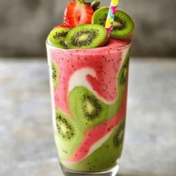 - 1 cup fresh strawberries, hulled and halved - 2 ripe kiwis, peeled and sliced - 1 ripe banana, frozen - 1 cup plain Greek yogurt - 1 tablespoon honey or agave syrup - 1 tablespoon chia seeds - 1 cup almond milk (or any dairy/non-dairy milk of your choice) - Ice cubes (for a colder and thicker smoothie) For this Strawberry Kiwi Yogurt Smoothie, I love using fresh fruit. Strawberries and kiwis bring bright colors and a sweet taste. The banana adds creaminess while the Greek yogurt boosts protein. If you like it sweeter, add honey or agave syrup. Chia seeds are a great addition for extra nutrients. They help thicken your smoothie and give it a nice texture. The almond milk acts as a smooth base. You can swap it with any milk you prefer. If you want a colder drink, throw in some ice cubes. This will make your smoothie thick and refreshing. For the full recipe, check out the detailed instructions to create this delicious smoothie. Enjoy the bright flavors and creamy texture! To start, gather your fresh ingredients. First, you need hulled and halved strawberries. These sweet gems will be the base of your smoothie. Next, peel and slice the kiwis. Their tangy flavor pairs perfectly with strawberries. Finally, get a ripe banana and freeze it. A frozen banana adds creaminess and sweetness to the mix. Now, let’s blend! Add the hulled strawberries, sliced kiwis, and frozen banana to your blender. Pour in one cup of plain Greek yogurt. This yogurt gives your smoothie a thick and creamy texture. Next, add one cup of almond milk, or any milk you like. The milk helps everything blend smoothly. Turn on the blender. Blend until the mixture is smooth and well combined. You want a nice, creamy texture. After blending, taste your smoothie. If you want it sweeter, add one tablespoon of honey or agave syrup. This is optional, so adjust based on your taste. For extra nutrition, add one tablespoon of chia seeds. They are small but pack a big health punch! If you like your smoothie thicker or colder, toss in some ice cubes. Blend again until everything is mixed well. You can keep tasting and adjusting until you love the flavor. Once you are happy, pour your smoothie into glasses and enjoy right away. To make your smoothie stand out, try different fruits. You can mix in mango, pineapple, or even spinach for a healthy boost. Each fruit brings its own taste and vitamins. I love using flavored Greek yogurt too. It adds a creamy texture and a fun twist to your drink. Presentation matters! Garnish your smoothie with kiwi slices and strawberries. This not only looks pretty but also makes it more appetizing. You can add a fresh mint leaf on top for a pop of color. Serve it with a colorful straw to make it festive and fun! Want a thicker smoothie? Use less liquid or add more frozen fruit. If you like it thinner, add more almond milk. The ratio of fresh to frozen fruit can change the texture as well. A good mix makes for a delicious drink. {{image_4}} You can change the flavors of your smoothie by mixing in other fruits. For a tropical twist, try adding pineapple or mango. These fruits add a sweet and juicy punch. You can also make a berry medley. Combine strawberries, blueberries, and raspberries for a berry blast. Each fruit adds its unique taste and nutrition. If you want a dairy-free or vegan smoothie, you can swap the Greek yogurt. Use plant-based yogurt made from nuts or soy. This keeps the creaminess without dairy. For liquid, try coconut milk instead of almond milk. Coconut milk gives a rich flavor and works well with fruits. To make your smoothie a protein powerhouse, add protein powder or nut butter. A scoop of protein powder boosts the nutrition. Nut butter adds healthy fats and taste. You can also mix in greens like spinach or kale. These greens are mild in flavor but give extra vitamins. This way, your smoothie is tasty and healthy! To keep your strawberry kiwi yogurt smoothie fresh, store it in the refrigerator. Use an airtight container for best results. Smoothies stay good for about 24 hours in the fridge. If you want to store it longer, freeze it. A frozen smoothie can last for about a month. Just remember to leave some space in the container as it expands when frozen. When you take the smoothie out of the fridge or freezer, it might separate. To fix this, just stir it well. If it’s frozen, let it thaw for a bit. You can also re-blend it. This brings back the smooth texture. Make sure to blend until it’s creamy again before serving. Fruits like strawberries and kiwis can brown over time. To keep them fresh, use lemon juice. A little lemon juice helps prevent oxidation. It keeps the color bright and the taste fresh. Just a splash in the smoothie will do. This is an easy way to make your smoothie look and taste great longer. Yes, you can use frozen strawberries and kiwis. They add a nice chill and thickness to your smoothie. Frozen fruits are often picked at peak ripeness, which keeps their taste and nutrients. This makes them a great option when fresh fruits are not in season. Plus, using frozen fruits means you don’t need to add ice, which can water down your smoothie. This recipe yields two servings. Each serving is about one cup. You can easily double the recipe for more people or if you want extra for yourself. Just remember to adjust the blend time to make sure everything mixes well. This smoothie is packed with health benefits. Strawberries are rich in vitamin C and antioxidants. They help boost your immune system. Kiwis are high in fiber and vitamin E, which is great for your skin. Greek yogurt adds protein and probiotics, which aid digestion. Together, they create a balanced snack or meal that gives you energy and keeps you full. Yes, you can prep this smoothie in advance. Just blend it and store it in the fridge. However, for the best taste and texture, drink it within 24 hours. If you want to store it longer, pour it into a freezer-safe container. When ready to enjoy, simply thaw and blend again to restore the smooth texture. Absolutely! To make it gluten-free, ensure your yogurt and milk are certified gluten-free. For a dairy-free option, use coconut yogurt and non-dairy milk, like almond or oat milk. If you're watching your sugar, skip the honey or agave syrup. You can add a sweetener like stevia instead. This recipe is flexible to fit your needs. For the complete instructions and ingredients, check out the full recipe for the Strawberry Kiwi Bliss Smoothie. This smoothie combines fresh strawberries, kiwis, and bananas for a tasty drink. You can customize it with honey, chia seeds, or different fruits. Use almond milk for a smooth base, and adjust the thickness with ice. Remember, smoothies are easy to make, fun to create, and healthy to drink. Experiment with flavors, and don’t hesitate to try new ingredients. Enjoy making and sharing this delicious Strawberry Kiwi Bliss Smoothie!