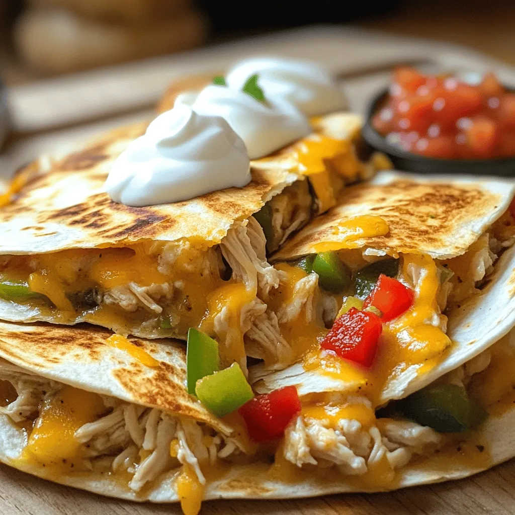 - 2 cups cooked chicken, shredded - 1 cup mozzarella cheese, shredded - 1 cup cheddar cheese, shredded - 1/2 cup cream cheese, softened - 1/2 cup bell peppers, diced - 1/2 cup red onion, finely diced The main ingredients make the quesadillas rich and tasty. The cooked chicken adds protein. You can use leftover chicken to save time. The cheese gives the quesadillas that gooey, melty texture we all love. I prefer a mix of mozzarella and cheddar for the best flavor. The cream cheese makes the filling smooth and creamy. The diced bell peppers and onions add crunch and sweetness. - 2 tablespoons taco seasoning - 4 large flour tortillas Taco seasoning is key for flavor. It adds a nice spice that makes the chicken shine. I like to use large flour tortillas for easy folding. They hold the filling well and get crispy in the skillet. - Sour cream - Salsa For serving, I recommend sour cream and salsa. These add coolness and zest. You can dip the quesadillas for extra flavor. Try to use fresh salsa for a bright taste. If you want the full recipe, check out the Full Recipe section! First, gather your ingredients. In a large bowl, combine the cooked chicken, mozzarella cheese, cheddar cheese, softened cream cheese, diced bell peppers, diced red onion, and taco seasoning. Use a spatula to mix everything well. Ensure the filling is creamy and evenly blended. This mixture will be the heart of your quesadillas, so take your time. Next, heat a large skillet over medium heat. Pour in 1 tablespoon of olive oil and let it warm for about one minute. Carefully place one flour tortilla in the skillet. Spoon half of the chicken and cheese mixture onto one half of the tortilla, spreading it evenly. Fold the tortilla in half to cover the filling. Cook this for about 3-4 minutes until the bottom turns golden brown and crispy. Gently flip the quesadilla using a spatula. Cook the other side for another 3-4 minutes. You want the cheese to melt and the tortilla to be perfectly crispy. Once done, remove the quesadilla from the skillet. Repeat this process for the remaining tortillas and filling. Use the last tablespoon of olive oil to avoid sticking. After cooking, place your quesadilla on a cutting board. Use a sharp knife or pizza cutter to slice it into wedges. Serve your cheesy chicken quesadillas hot. They pair wonderfully with sour cream and salsa. These dips add flavor and a cooling touch to your meal. Enjoy each bite filled with cheesy goodness! To get that perfect crispiness, heat your skillet to medium-high. A hot skillet helps the outside of the tortilla brown nicely. Use just enough oil to coat the bottom. About one tablespoon per quesadilla works well. This oil adds flavor and helps achieve that crunchy texture. To enhance flavor, try adding spices. A pinch of cumin or chili powder can make a big difference. You can also mix different cheeses. Try pepper jack for a bit of spice or gouda for a smoky touch. Each cheese adds its own unique flavor. Cooking in batches can save time. You can fit two quesadillas in a large skillet at once. Just be sure not to overcrowd them. This way, they cook evenly. To keep quesadillas warm, place them on a plate and cover with a clean towel. This keeps them nice and toasty while you finish cooking the rest. For more details, check the Full Recipe. {{image_4}} You can make a tasty vegetarian version of cheesy chicken quesadillas. Just swap the chicken for beans. Black beans or pinto beans work great. They add protein and a nice texture. You can also mix in some corn for extra sweetness. This option keeps the quesadilla filling and delicious. If you like heat, add jalapeños to your quesadilla. Slice fresh jalapeños and mix them in with the filling. You can also sprinkle some jalapeño slices on top before folding. For an extra kick, try a splash of hot sauce. I recommend using a tangy hot sauce like Frank's RedHot or a smoky chipotle sauce to boost the flavor. Feel free to get creative with different fillings. Swap out chicken for other meats like beef or shrimp. Each option gives a unique taste. You can also mix different cheese types. Try gouda or pepper jack for a rich flavor. Combining cheeses adds depth and makes each bite exciting. To keep cheesy chicken quesadillas fresh, store them in the fridge. Place them in an airtight container. They will stay good for about 3 to 4 days. Make sure they cool down before sealing. This helps keep them crispy and tasty. If you want to save quesadillas for later, freezing works great. First, let them cool completely. Then, wrap each quesadilla tightly in plastic wrap. Next, place them in a freezer bag. Remove as much air as you can. They can last up to 2 months in the freezer. To enjoy your quesadillas again, reheating is key. The best way is to use a skillet. Heat it over medium heat. Place the quesadilla in the skillet for about 3-4 minutes on each side. This keeps the outside crispy and the cheese melty. You can also use an oven. Preheat it to 350°F (175°C) and bake for about 10-15 minutes. Enjoy warm! For the full recipe, check out the details above. To make cheesy chicken quesadillas from scratch, you'll need simple ingredients. Here’s what you require: - 2 cups cooked chicken, shredded - 1 cup mozzarella cheese, shredded - 1 cup cheddar cheese, shredded - 1/2 cup cream cheese, softened - 1/2 cup bell peppers, diced - 1/2 cup red onion, finely diced - 2 tablespoons taco seasoning - 4 large flour tortillas - 2 tablespoons olive oil Start by mixing the chicken, cheeses, cream cheese, diced veggies, and seasoning in a bowl. Heat a skillet with olive oil, place a tortilla in, and add half of the filling. Fold the tortilla and cook until golden brown. Flip it and cook the other side. Repeat this for the rest of the tortillas. Slice and serve hot with sour cream and salsa. For the full recipe, check the section above. Yes, using leftover chicken is a great idea! It saves time and adds flavor. You can shred the chicken from last night’s dinner. Just make sure you warm it up a bit before mixing it with the cheese and other ingredients. This helps the flavors blend well and keeps the quesadillas creamy. Quesadillas pair well with many sides. Here are some popular choices: - Sour cream - Salsa - Guacamole - Fresh salad - Rice and beans These sides add freshness and balance to your meal. You can mix and match them based on your taste. Enjoy your cheesy chicken quesadillas with your favorite sides for a complete meal! In this post, we covered making cheesy chicken quesadillas. We discussed key ingredients like cooked chicken, cheese, and veggies. You learned how to cook them just right and keep them crisp. We also offered variations like vegetarian options and spicy kicks. Remember, you can easily customize your quesadillas. Use the tips for perfect texture, and try different fillings. Enjoy making this fun dish that works well for any meal! Your kitchen adventure awaits.
