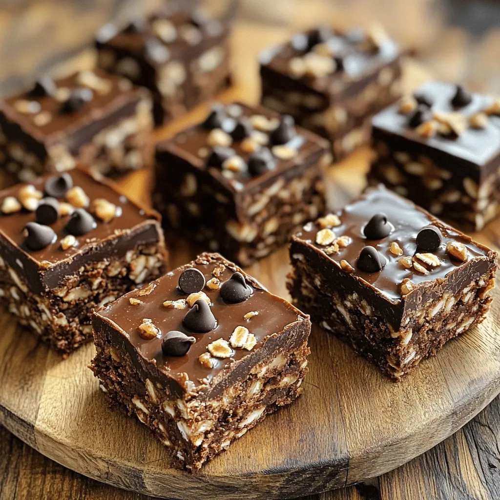 - 2 cups rolled oats - 1 cup almond butter (or nut butter of choice) - 1/2 cup honey or maple syrup - 1/2 cup unsweetened cocoa powder - 1/2 cup chocolate chips (dark or semi-sweet) - 1/4 teaspoon sea salt - 1 teaspoon vanilla extract - Optional: 1/4 cup chopped nuts or seeds These ingredients create a tasty, chewy, and chocolatey treat. The rolled oats provide a hearty base. Almond butter gives richness while holding the bars together. Honey or maple syrup adds natural sweetness. Unsweetened cocoa powder offers deep chocolate flavor. Chocolate chips give bursts of chocolate in each bite. Sea salt enhances the flavors, and vanilla adds warmth. For crunch, you can add nuts or seeds. If you want to mix things up, try these swaps: - Use any nut butter like peanut or cashew for different flavors. - Swap honey or maple syrup for agave syrup or brown rice syrup. - If you need a cocoa powder alternative, try carob powder for a different taste. These substitutions make the recipe flexible and accessible to your pantry. Feel free to get creative. Your taste buds will thank you! For a full recipe, check out the complete instructions. 1. Start by mixing the dry ingredients. In a large bowl, combine the rolled oats, cocoa powder, and sea salt. Make sure to break up any lumps. This helps mix flavors well. 2. Next, heat the nut butter and sweetener. In a microwave-safe bowl, mix almond butter and honey. Microwave for about 20-30 seconds. This warming makes it easy to stir. Once warm, mix until it’s smooth. 1. Now, blend the warm mixture with the dry ingredients. Pour the nut butter blend into the dry mix. Add the vanilla extract, then stir until fully combined. 2. Time to add chocolate chips and optional nuts. If you want extra crunch, gently fold in the chocolate chips and nuts or seeds. This will give your bars great taste and texture. 1. Prepare and line your baking dish. Use an 8x8 inch dish and line it with parchment paper. Leave some paper hanging over the edges for easy removal later. 2. Press the mixture into the dish. Transfer the oat and chocolate mix into the lined dish. Use your hands or a spatula to press down firmly. This helps the bars hold together when set. For the full recipe, refer to the earlier section. To make your no-bake chocolate oat bars great, focus on texture and taste. Mix the dry ingredients well to avoid lumps. This helps each bite taste just right. When you press the mixture into the dish, do it firmly. Pressing down makes sure the bars hold their shape when cut. One common mistake is not lining the baking dish. Always use parchment paper for easy removal later. Another mistake is using cold ingredients straight from the fridge. Warm your nut butter and sweetener first. This makes them easier to mix. You can boost flavor by adding spices like cinnamon or nutmeg. A splash of almond or vanilla extract also works well. For added texture, think about mixing in dried fruits like raisins or cranberries. You can also toss in seeds or nuts for a nice crunch. {{image_4}} You can easily change the taste of your bars. One great option is to add peanut butter. This gives the bars a rich, nutty flavor. Just swap half of the almond butter for peanut butter. You can also add coconut flakes or dried fruit. Shredded coconut adds a sweet, chewy texture. Dried fruits like raisins or cranberries can bring a burst of natural sweetness. Mix in about 1/2 cup of these extras for a fun twist. If you want vegan-friendly bars, use maple syrup instead of honey. Always check your nut butter for any animal products. Most nut butters are vegan, but it’s good to be sure. For gluten-free options, choose certified gluten-free oats. Regular oats may contain gluten from cross-contamination. This small change makes them safe for everyone. These bars pair well with yogurt or fresh fruit. Serve them with a dollop of yogurt for a creamy contrast. Fresh berries or sliced bananas add a refreshing touch. You can create a dessert platter with these bars. Cut them into smaller squares and arrange them with other treats. This makes for a lovely presentation at parties or gatherings. For the full recipe, check out the No Bake Chocolate Oat Bars section. Enjoy! Store your no bake chocolate oat bars in an airtight container. This keeps them fresh and tasty. A glass or plastic container with a tight seal works best. Place them in a cool, dry spot in your kitchen. Avoid areas with direct sunlight or heat, as they can affect the flavor and texture. These bars stay fresh in the refrigerator for up to one week. If you want to keep them longer, you can freeze them. Wrap each bar in plastic wrap, then place them in a freezer-safe bag. They can last up to three months in the freezer. If you freeze your bars, thaw them in the fridge overnight before eating. This keeps their texture nice and chewy. If they feel too hard after freezing, let them sit at room temperature for a few minutes. This will help them regain their soft, delicious texture. Enjoy your no bake chocolate oat bars whenever you want! For the full recipe, check out the detailed instructions above. These bars stay fresh for about one week in the fridge. Store them in an airtight container. If you want to keep them longer, freeze them. They can last up to three months in the freezer. Just wrap them well in plastic wrap and then in foil. When you're ready to eat, thaw them in the fridge overnight. Yes, you can! If you want to skip nut butter, try using sunflower seed butter or tahini. You could also use coconut oil or a mashed banana. These options still give texture and sweetness along with a good taste. You can boost the bars with chia seeds, flaxseeds, or hemp seeds. These add fiber and healthy fats. You can also mix in some dried fruit like raisins or cranberries. They add sweetness and more nutrients. If you want a crunch, add chopped nuts like almonds or walnuts. These no-bake chocolate oat bars are easy to make and enjoy. We covered the key ingredients and how to use substitutes for different diets. The preparation steps are simple, and I shared tips to avoid mistakes. You can enhance flavor with variations and follow best storage practices to keep them fresh. Try these bars for a quick snack or dessert. They offer great taste with healthy options. Enjoy making and sharing them with family and friends!