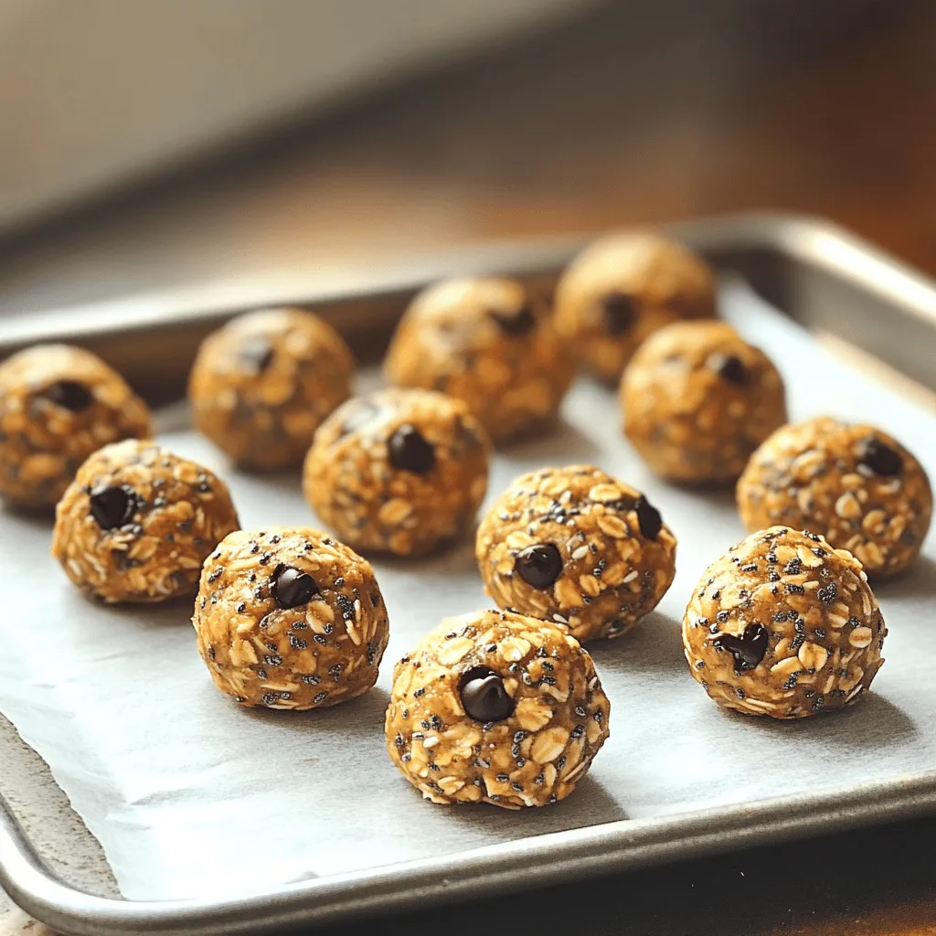 - 1 cup rolled oats - ½ cup all-natural peanut butter - ¼ cup honey or maple syrup - ¼ cup ground flaxseed - ¼ cup dark chocolate chips - 2 tablespoons chia seeds - 1 teaspoon pure vanilla extract - A pinch of sea salt The main ingredients in these Peanut Butter Energy Bites are simple and healthy. First, rolled oats give a great base. They add fiber, which helps keep you full. Next, all-natural peanut butter provides protein and healthy fats. Honey or maple syrup adds sweetness. Ground flaxseed offers omega-3 fatty acids. Dark chocolate chips add a fun touch of flavor. Chia seeds provide extra fiber and protein. Pure vanilla extract gives a nice aroma. A pinch of sea salt enhances all the flavors. - Calories per serving: about 100 - Key nutrients: fiber, protein, healthy fats Each serving has about 100 calories, which makes these bites a great snack. You will find fiber and protein in the oats and peanut butter. These nutrients help keep your energy up throughout the day. - Energy-boosting properties - Nutritional advantages of ingredients These energy bites are perfect for a quick boost. The oats provide complex carbs, which give lasting energy. Peanut butter keeps you satisfied and full. Ingredients like flaxseed and chia seeds help with digestion and heart health. Overall, these bites are tasty and good for your body. Enjoy them as a snack or before a workout! Check out the [Full Recipe](#) for more details on how to make them. Start by preparing your workspace. Gather all your ingredients and tools. You will need a large mixing bowl and a spatula. Next, mix the dry ingredients. In your large bowl, combine: - 1 cup rolled oats - ¼ cup ground flaxseed - 2 tablespoons chia seeds - A pinch of sea salt Stir these dry ingredients well until they are mixed evenly. This ensures a good texture in your energy bites. Now, let's handle the wet ingredients. In a separate bowl, measure: - ½ cup all-natural peanut butter - ¼ cup honey or maple syrup - 1 teaspoon pure vanilla extract Whisk these together until smooth. This blend creates a rich flavor for your bites. Carefully pour the peanut butter mixture into the bowl with dry ingredients. Use your spatula to blend them. Make sure no dry bits remain. This step is key for great taste. Next, gently fold in the dark chocolate chips. Add: - ¼ cup dark chocolate chips This adds a sweet, rich flavor. Be careful not to break the chips while mixing. Now it’s time to shape the mixture. Scoop small portions about 1 inch in diameter. Roll them into balls using your hands. Place each ball on a parchment-lined baking sheet. Make sure to leave some space between them. After shaping all the bites, cover the baking sheet with plastic wrap. Place it in the refrigerator for at least 30 minutes. Chilling makes the bites firm and easy to handle. Once chilled, transfer the energy bites to an airtight container. You can keep them in the fridge for up to a week or freeze them for longer storage. Enjoy your tasty treats! Rolling energy bites can be fun! Here are some tips to make it easier: - Wet your hands. This helps prevent the mixture from sticking to your skin. - Use a cookie scoop. It gives you even portions, making rolling quicker. - Chill the mixture. If it’s too soft, chilling it for 10 minutes can help. Want to make your energy bites even better? Try these ideas: - Add mix-ins like nuts, seeds, or dried fruit for extra texture. - Use flavored peanut butter, like chocolate or honey, to add a twist. - Sprinkle in spices like cinnamon or cocoa powder for a delightful kick. Serving your energy bites can be just as fun as making them! Here are some ideas: - Fill a jar. Present them in a glass jar for a cute display. - Pair with fruit. Serve them alongside bananas or apples for a balanced snack. - Use as toppings. Crumble them over yogurt or oatmeal for extra crunch. For the full recipe, check out the Nutty Delight Peanut Butter Energy Bites! Enjoy your tasty treats! {{image_4}} You can easily make these energy bites vegan. Just swap honey for maple syrup. Maple syrup is a great sweetener that works well in this recipe. The taste remains delicious and sweet. It’s an easy change that keeps your bites plant-based. For gluten-free energy bites, check your oats. Make sure they are certified gluten-free. Some oats may contain gluten due to cross-contamination. Always read labels to ensure your ingredients are safe and healthy. Want to try new flavors? Add different ingredients to mix things up. Here are some fun ideas: - Dried fruit: Raisins, cranberries, or apricots add sweetness and chewiness. - Nuts or seeds: Chopped almonds or pumpkin seeds add crunch and nutrition. - Spices: Cinnamon or nutmeg can give a warm, cozy flavor. Feel free to experiment with your favorite flavors and textures. Enjoy making these bites your own! For the complete recipe, check out the [Full Recipe]. To keep your energy bites fresh, store them in the refrigerator. Place them in an airtight container. They will stay good for up to a week. This short-term storage keeps them firm and tasty. For long-term storage, freezing is best. Place the energy bites in a single layer on a baking sheet. Freeze them for about an hour until firm. Once frozen, transfer them to a freezer-safe bag. This method prevents them from sticking together. To thaw, remove the desired number of bites from the freezer. Leave them in the fridge overnight to soften. They can also sit at room temperature for about 30 minutes. In the fridge, these energy bites last about a week. If you freeze them, they can last up to three months. Always check for any off smells or changes in texture before eating. Proper storage helps maintain their taste and nutrition. Yes, you can! If you want a nut-free option, try sunflower seed butter. This makes a great substitute for peanut butter. You can also use soy nut butter or pumpkin seed butter. These choices keep the flavor strong while avoiding nuts. If you need a honey alternative, you can use maple syrup or agave nectar. Both options work well and add sweetness. You could also try brown rice syrup for a thicker texture. Each option gives a unique taste to the bites. Making these energy bites is quick! It takes about 15 minutes to prep the ingredients. Then, you need to chill them for at least 30 minutes. So, the total time is around 45 minutes. This includes both prep and chill time. Absolutely! Doubling the recipe is easy. Just use double the ingredients and mix them in a larger bowl. You may need more space on your baking sheet for rolling the bites. This way, you can enjoy even more energy bites! Definitely! These energy bites are perfect before a workout. They provide quick energy from the oats and healthy fats from the peanut butter. Plus, the chia seeds add extra protein and fiber. This snack fuels your body well for exercise. These peanut butter energy bites are simple and fun to make. We covered the ingredients, health benefits, and tips for easy preparation. You have options for vegan and gluten-free adjustments. Remember to store them properly to keep them fresh. These bites are great for quick energy and tasty snacks. Enjoy experimenting with flavors and serving ideas. You now have all the tools to make this treat a staple in your kitchen.