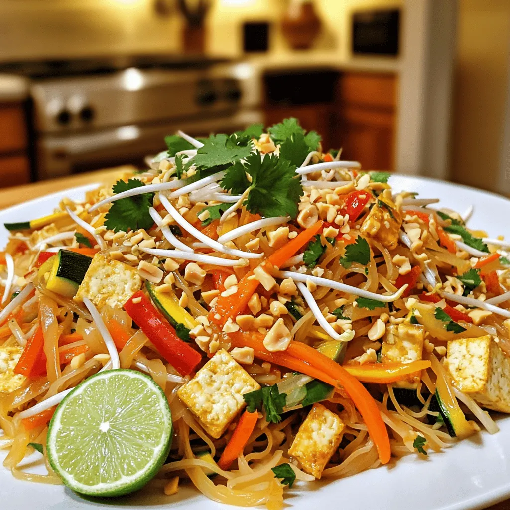The key to a great Vegetable Pad Thai lies in its fresh ingredients. Here is what you need: - 8 oz rice noodles - 2 tablespoons vegetable oil - 1 cup firm tofu, drained and cubed - 1 red bell pepper, thinly sliced - 1 medium carrot, julienned - 1 medium zucchini, julienned - 2 green onions, chopped (white and green parts separated) - 2 cloves garlic, minced - 2 large eggs, lightly beaten (omit for a vegan version) - 1/4 cup soy sauce - 2 tablespoons tamarind paste - 2 tablespoons brown sugar - 1 tablespoon chili sauce (adjust to your spice preference) - 1/2 cup fresh bean sprouts - 1/4 cup crushed roasted peanuts - Fresh cilantro leaves for garnish - Lime wedges for serving These ingredients bring vibrant colors and bold flavors to your dish. You can customize it by adding or changing some ingredients. For example, try adding broccoli, snap peas, or mushrooms for extra flavor and crunch. Each main ingredient has its benefits: - Rice noodles provide energy and are gluten-free. - Tofu is a great protein source and keeps you full. - Bell peppers and zucchini offer vitamins and add color. - Garlic boosts flavor and supports your immune system. - Bean sprouts add crunch and fiber, making the dish light. To make your Vegetable Pad Thai, you will need some specific equipment: - A wok or a large skillet is perfect for cooking. They help heat everything evenly and allow for easy stirring. - Essential utensils include tongs and a spatula. Tongs help you toss the noodles and veggies without breaking them. A spatula is great for flipping the tofu and mixing ingredients. Having the right tools makes cooking easier and more fun. Enjoy your cooking experience! To cook the rice noodles, bring a large pot of water to a boil. Add the noodles and cook them for about 5-7 minutes or until they are just tender. You want them al dente, so check them often. Once cooked, drain the noodles in a colander. Rinse them with cold water to stop the cooking process. This helps prevent sticking. Toss them with a little oil if needed. For crisp tofu, use firm tofu. Drain it well and cut it into cubes. Heat vegetable oil in a skillet over medium-high heat. Add the tofu cubes in a single layer. Cook them for about 5-7 minutes, flipping once, until they turn golden brown. Season the tofu with a pinch of salt during cooking. This adds flavor and enhances the taste. Start by adding minced garlic to the skillet. Stir-fry for about 30 seconds until fragrant. Then, add the sliced red bell pepper, carrots, and zucchini. Stir-fry these veggies for 3-4 minutes until they are bright and slightly tender. Push the veggies to one side and add the beaten eggs if using. Scramble them until fully cooked. Mix everything together. Finally, add the cooked rice noodles, tofu, soy sauce, tamarind paste, brown sugar, and chili sauce. Toss well to coat all ingredients evenly. Cook for another 1-2 minutes for flavors to meld. - Overcooking or undercooking key ingredients: Pay close attention to cooking times. Overcooked veggies lose their crunch, while undercooked noodles can be chewy. Aim for tender-crisp vegetables and perfectly cooked noodles. - Balancing flavors in the sauce: Too much soy sauce can make your dish salty. Start with a little and taste as you mix. Add tamarind paste and sugar slowly to find the right balance. - Customizing spice levels: If you like heat, add more chili sauce. For a milder dish, reduce the amount. You can also serve extra chili sauce on the side. - Ensuring freshness in vegetables: Use fresh, crisp veggies. They add color and crunch. Look for vibrant bell peppers and firm zucchini. Fresh bean sprouts add a nice texture, too. - Ideal accompaniments and garnishes: Serve your Vegetable Pad Thai with lime wedges and crushed peanuts. Fresh cilantro brightens the dish and adds flavor. You can also add a side of pickled veggies for extra zing. - Ideal serving dishes for presentation: A large, shallow bowl works best for serving Pad Thai. It allows for easy mixing and showcases the colorful ingredients. A sprinkle of peanuts and cilantro on top makes it look even better. For more detailed instructions, check out the [Full Recipe]. {{image_4}} For a vegan version of Vegetable Pad Thai, you can skip the eggs. Instead of eggs, use extra tofu or add chickpeas for protein. This keeps the dish filling and delicious. You can also enhance flavors by adding a splash of lime juice or a bit of nutritional yeast. Nutritional yeast adds a cheesy flavor, making your Pad Thai taste richer. If you need gluten-free options, use rice noodles, which are already gluten-free. You might also try zucchini noodles, often called "zoodles". They add a nice crunch and keep the dish light. For low-carb diets, spiralized veggies like carrots or cucumbers work well. Adjust the other ingredients to balance flavors, like using coconut aminos instead of soy sauce for a lighter taste. Feel free to get creative with your Pad Thai! You can add seasonal vegetables like bell peppers or snap peas. Adding fresh spinach or kale gives it a nice color and boosts nutrition. For protein, consider adding shrimp, chicken, or tempeh. These options can change the dish daily, keeping every meal exciting and fresh. After enjoying your Vegetable Pad Thai, you might have some leftovers. To keep them fresh, follow these tips: - Cool it down: Let the Pad Thai cool to room temperature. - Use airtight containers: Store it in glass or plastic containers with tight-fitting lids. - Refrigerate: Place the container in the fridge. It can last for up to three days. Keeping your leftovers stored properly helps maintain the flavor and quality of the dish. When you're ready to enjoy your leftovers, reheating them right is key. Here’s how to do it well: - Stovetop method: Heat a non-stick skillet over medium heat. Add a splash of water or oil to prevent sticking. - Time it right: Reheat for about 5-7 minutes, stirring often. This helps keep the texture nice. - Microwave option: If you're in a hurry, place your Pad Thai in a microwave-safe dish. Heat in 30-second bursts, stirring in between, until warmed through. By following these reheating tips, you’ll have a tasty meal ready in no time! For the complete Vegetable Pad Thai experience, check out the Full Recipe. To keep rice noodles from sticking, use a few simple tips. Cook the noodles until they are just al dente. This means they should have a slight bite. After cooking, drain them well in a colander. Rinse the noodles under cold water to stop the cooking process. This cooling step also helps to separate the noodles. Finally, toss them with a little vegetable oil. This keeps them loose and ready for your Vegetable Pad Thai. Yes, you can make Vegetable Pad Thai in advance! It’s a great dish for meal prep. Cook everything as usual and let it cool. Store it in an airtight container in the fridge. This dish tastes even better the next day as flavors blend. When you’re ready to eat, just reheat it in a pan or microwave. Add a splash of water or soy sauce to keep it moist. If you want to enjoy Vegetable Pad Thai outside your kitchen, there are great places to try. Look for local Thai restaurants that offer fresh ingredients and bold flavors. Some popular chains are known for their Pad Thai. Ask friends for their favorite spots. You might discover a hidden gem! Don’t forget to check online reviews for the best places in your area. Enjoy the variety and taste of Vegetable Pad Thai from different chefs! You now have all the tools to make a great Vegetable Pad Thai. We discussed key ingredients, equipment, and step-by-step cooking methods. You learned about common mistakes and how to customize your dish. Remember to choose fresh ingredients for the best taste. Don’t hesitate to try different variations. Enjoy your cooking experience and share your Pad Thai with friends and family. Happy cooking!