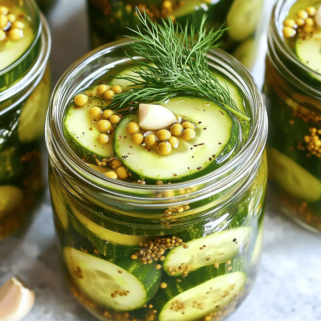 To make homemade garden pickles, you need a few key items. Here’s what you will need: - 4 cups cucumbers, sliced - 1 cup distilled white vinegar - 1 cup water - 2 tablespoons kosher salt - 1 tablespoon granulated sugar - 3 cloves garlic, peeled and sliced - 1 tablespoon dill seeds or 2 sprigs of fresh dill - 1 teaspoon mustard seeds - 1 teaspoon black peppercorns - ½ teaspoon red pepper flakes (optional) For the best crunch, use Kirby or pickling cucumbers. These types have a firm texture and fewer seeds. They hold their shape well during pickling. You can also try English cucumbers, but they may be softer. The right seasonings make your pickles stand out. Garlic adds a strong flavor. Dill gives a fresh taste. Mustard seeds and black peppercorns add depth. If you like heat, add red pepper flakes. These spices work together to create a tangy and delicious brine. You can adjust the spices to match your taste. For the full recipe, check out Crunchy Garden Pickles 🥒. Start with fresh cucumbers. Wash them well under cold water. This removes dirt and residue. For the best crunch, choose Kirby or pickling cucumbers. Slice them into your favorite shape: spears, rounds, or halves. The thickness matters. Thicker slices stay crunchy longer. Now, let’s make the brine. In a medium saucepan, mix the following: - 1 cup distilled white vinegar - 1 cup water - 2 tablespoons kosher salt - 1 tablespoon granulated sugar Heat this mixture over medium heat. Stir it gently until the salt and sugar dissolve. This takes just a few minutes. Once dissolved, take it off the heat. Let it cool for about 10-15 minutes. This cooling step is key for flavor. Grab your clean jars. If you want, you can use one large jar or multiple smaller ones. Layer the bottom with spices: - Sliced garlic - Dill seeds or fresh dill - Mustard seeds - Black peppercorns - Red pepper flakes (if you like some heat) Next, pack the sliced cucumbers tightly into the jars. Fill them snugly for the best taste and crunch. Pour the cooled brine over the cucumbers. Make sure they’re fully submerged. Leave about ½ inch of space at the top. Finally, seal the jars with lids. Let them cool to room temperature. Once cooled, store them in the fridge. Wait at least 24 hours before tasting. For the best flavor, wait a week. Enjoy your homemade garden pickles! For the full recipe, check out the details above. To make crisp pickles, start with fresh cucumbers. Use Kirby or pickling cucumbers for the best crunch. Wash them well and slice them just before pickling. This keeps them firm. Pack the cucumbers tightly in jars. Less space helps maintain their crispness. Always use cold brine. Hot brine can make pickles soft. If you want extra crunch, add a few grape leaves to each jar. The tannins in grape leaves help keep pickles firm. One common mistake is using old cucumbers. They can be soft and mushy. Another mistake is not using enough salt. Salt helps with flavor and texture. Also, avoid overcrowding the jars. If they are too packed, the brine won’t cover them fully. This leads to uneven pickling. Lastly, don’t rush the refrigeration. Let your pickles sit for at least 24 hours for the best taste. Patience is key! For a great pickling experience, you need some basic tools. First, gather glass jars with tight lids. Mason jars work well. You’ll also need a medium saucepan for the brine. A ladle helps pour the brine easily into jars. A cutting board and knife are essential for slicing cucumbers. If you have a funnel, use it to avoid spills. Lastly, a measuring cup and spoons will help keep your recipe on track. With the right tools, your pickles will shine. For the full recipe, check out the Crunchy Garden Pickles section. {{image_4}} You can spice up your pickles with fun flavors. Try adding fresh herbs like basil or cilantro. For a sweet touch, add sliced jalapeños or red onions. If you love garlic, toss in more sliced cloves. You can also add spices like coriander seeds or fennel seeds for a unique twist. Experiment with these options to find your perfect blend. While cucumbers are classic, many veggies work well for pickling. Carrots add a nice crunch and sweetness. Bell peppers bring vibrant colors and flavors. You can also pickle radishes, green beans, or even cauliflower. Each vegetable gives a new taste and texture. Don't be afraid to mix and match your favorites! There are several ways to pickle your veggies. The quick method is what I use for my garden pickles. Just mix the brine and refrigerate. For a deeper flavor, try the fermentation method. This takes longer but gives a tangy taste. You can also try hot packing, where you pour hot brine over the veggies. This ensures a nice crunch and bold taste. Each technique adds its unique flair to your pickles! Store your homemade pickles in the fridge. Use clean, airtight jars to keep them fresh. Make sure the pickles are fully submerged in the brine. This helps maintain their crunch and flavor. If you have any leftover brine, save it. You can reuse it for future pickling adventures. Homemade garden pickles can last up to two months in the fridge. After a week, the flavors become even better. The longer they sit, the tastier they get. However, for the best taste and crunch, enjoy them within this time frame. Check your pickles for any strange smells or off colors. If you see mold, toss them immediately. Look for bubbles in the jar, which can mean fermentation has occurred. If they taste sour or mushy, it's time to say goodbye. Always trust your senses when it comes to food safety. It takes about 24 hours for cucumbers to pickle. After this time, they get tangy and crisp. You can eat them right away, but they taste even better after a week. This extra time lets the flavors blend well. Yes, you can use other vinegars. Apple cider vinegar adds a fruity taste, while rice vinegar gives a milder flavor. Each type of vinegar will change the taste of your pickles. Just make sure to keep the same ratio of vinegar to water. If your pickles are too salty, try rinsing them under cold water. This helps remove some salt. You can also add fresh cucumbers to the jar. This will balance out the saltiness over time. If you follow the full recipe, this problem should not happen. Making pickles is fun and easy. We covered key ingredients, step-by-step instructions, and useful tips. You learned about suggested cucumbers and essential spices. We explored variations and storage best practices. Remember, crisp pickles need the right prep and brine. Don’t forget to check for freshness before eating. With these insights, you can enjoy delicious homemade pickles anytime. Now, get started on your pickling journey!