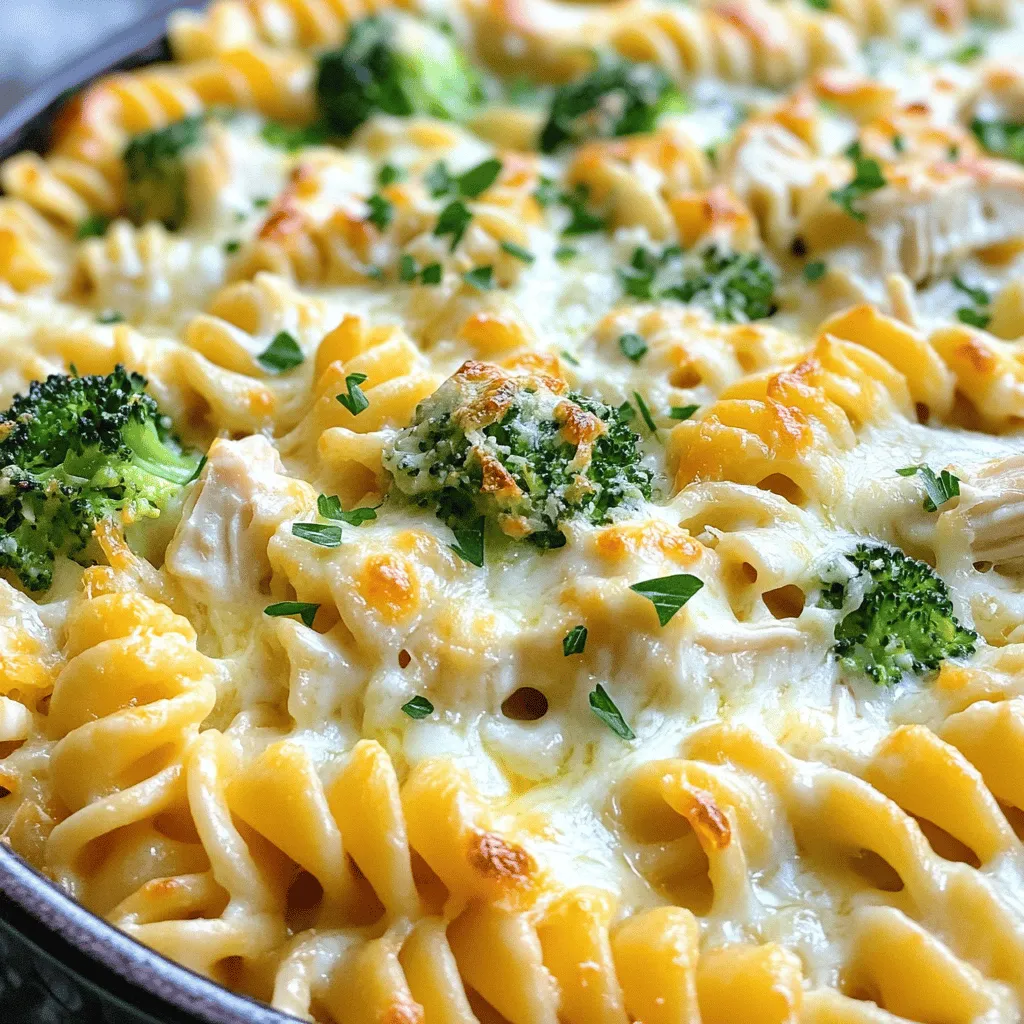 To make the Easy Chicken Alfredo Bake, gather these simple items: - 3 cups cooked rotini pasta - 2 cups cooked chicken breast, shredded - 2 cups Alfredo sauce (store-bought or homemade) - 1 cup broccoli florets, steamed until tender - 1 cup mozzarella cheese, shredded - 1/2 cup Parmesan cheese, freshly grated - 1/2 teaspoon garlic powder - 1/2 teaspoon Italian seasoning - Salt and pepper, to taste - Fresh parsley, finely chopped (for garnish) You can change this recipe to fit your taste. Here are some fun options: - Substitute whole wheat or gluten-free pasta for a healthier choice. - Add cooked spinach or sun-dried tomatoes for extra flavor. - Use grilled shrimp or sausage for a protein twist. - Try different cheeses like gouda or cheddar for a new taste. If you want to use store-bought Alfredo sauce, I recommend these brands: - Classico for its creamy texture and rich flavor. - Rao's Homemade for a fresh taste with no fillers. - Bertolli for a classic flavor that pairs well with pasta. Feel free to choose your favorite! The right sauce makes your dish shine. For the full recipe, check out my cooking guide. 1. Preheat your oven to 375°F (190°C). This is key for baking. 2. In a large bowl, mix together the cooked rotini pasta, shredded chicken, and Alfredo sauce. 3. Add steamed broccoli, garlic powder, Italian seasoning, salt, and pepper. Stir gently until everything is well combined. 4. Transfer this mixture into a greased 9x13 inch baking dish. Make sure it spreads evenly. 5. Sprinkle the shredded mozzarella cheese and grated Parmesan cheese on top. This will create a cheesy crust. 1. Cover the baking dish with aluminum foil. This helps keep the cheese from burning. 2. Place the dish in the oven and bake for 20 minutes. This part warms everything up. 3. After 20 minutes, take off the foil. Bake for another 10 minutes until the cheese is golden and bubbly. 4. Once it's done, remove it from the oven. Let it cool for a few minutes before serving. - Use fresh mozzarella for a gooey texture. - Shred your cheese for even melting. Pre-shredded cheese can have anti-caking agents. - Bake uncovered during the last 10 minutes for a crispy top. - If you want extra cheese, add a bit more during the last few minutes of baking. These steps will help you create a dish that is creamy, cheesy, and full of flavor. For a full recipe, check out the details above. Making your own Alfredo sauce is easy and fun. Start with simple ingredients. You need butter, heavy cream, garlic, and cheese. Melt 1/2 cup of butter in a pan over medium heat. Add 1 cup of heavy cream and stir it well. Next, add minced garlic, about 2 cloves. Cook for a few minutes. Finally, mix in 1 cup of grated Parmesan cheese. Stir until the cheese melts. This sauce is rich and creamy, perfect for your Chicken Alfredo Bake. Leftovers are great for a quick meal. To reheat, use the oven for best results. Preheat the oven to 350°F (175°C). Place your Chicken Alfredo Bake in an oven-safe dish. Cover it with foil to keep it moist. Heat for about 20 minutes. You can also use the microwave. Just add a splash of water to the dish. Cover loosely and heat in short bursts until warm. Check often to avoid overcooking. You can make this Chicken Alfredo Bake your own. Add vegetables like mushrooms or spinach for extra flavor and nutrition. Use different cheeses, like gouda or cheddar, for a twist. If you like spice, sprinkle in some red pepper flakes. For a lighter dish, swap the rotini for zucchini noodles. You can also make it gluten-free by using gluten-free pasta. The options are endless, so get creative! {{image_4}} You can easily make a vegetarian version of this dish. Just swap the chicken for sautéed mushrooms or grilled zucchini. Use a plant-based Alfredo sauce or make your own with cashews. This keeps it creamy and rich, just like the original. Add in extra veggies like bell peppers or spinach for more color and nutrients. If you need a gluten-free option, use gluten-free pasta. There are many good kinds available. For a dairy-free version, choose a nut-based cheese or a vegan Alfredo sauce. You can also skip the cheese completely if you want. Adjust the seasonings to taste, and you'll still enjoy a great meal. Want to boost the flavor? Try adding cooked bacon or sun-dried tomatoes. They add a nice kick to the dish. For more nutrition, toss in some peas or kale. These ingredients not only enhance the taste but also make the meal more filling. Experiment with different herbs like thyme or basil for a fresh twist. Each variation keeps the essence of the Easy Chicken Alfredo Bake while catering to different tastes and needs. For the complete recipe, check out the Full Recipe section. After you enjoy your chicken Alfredo bake, let it cool down. Then, place it in an airtight container. Make sure to cover it tightly to keep it fresh. Store it in the fridge for up to three days. Keep in mind that the pasta will soak up some sauce, so it may get a bit dry. You can add a splash of Alfredo sauce before reheating to make it creamy again. If you want to keep your chicken Alfredo bake for longer, freezing is a great option. First, let the dish cool completely. Then, cut it into portions for easy serving later. Wrap each piece in plastic wrap. Next, place the wrapped portions in a freezer-safe bag. Squeeze out the air to prevent freezer burn. You can freeze it for up to three months. When you’re ready to eat, thaw it overnight in the fridge before reheating. For meal prep, use glass or BPA-free plastic containers. Glass containers are great because they can go from the oven to the fridge. They are also easy to clean. If you prefer plastic, choose containers that are microwave-safe. Look for ones with tight lids to keep your meals fresh. This way, your chicken Alfredo bake stays tasty and ready to enjoy anytime! Yes, you can use different pasta types. Penne, fusilli, or even shells work well. Just make sure to cook them according to the package instructions. The shape of the pasta will hold the sauce nicely. This will add fun and variety to your dish. If you don't have cooked chicken, use raw chicken instead. Simply dice it and cook it before mixing with the pasta. You can also use rotisserie chicken for a quick option. Just shred it and add it to the mix. This makes your meal fast and easy. You can store leftovers for about three to four days. Place them in an airtight container in the fridge. When you want to eat them, just reheat them in the oven or microwave. This makes a great lunch or quick dinner later on. Yes, this recipe is perfect for meal prep. You can make it in advance and portion it out. Simply divide the bake into meal-sized containers. This way, you have tasty meals ready for busy days. Reheat and enjoy your easy chicken Alfredo bake anytime! For the full recipe, check out the earlier section. This post covered all you need for a Chicken Alfredo Bake. We shared a full list of ingredients, tips for cooking, and ways to customize your dish. You learned how to make your own sauce and store any leftovers. With this knowledge, you can make your meal unique and tasty. Try different pasta or add veggies for a twist. Enjoy your cooking and share with friends!