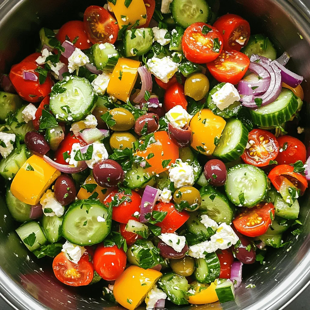 - Cucumbers, tomatoes, red onion, feta cheese - Kalamata olives, bell pepper, fresh parsley - Extra virgin olive oil, red wine vinegar, dried oregano - Salt and black pepper For this salad, use: - 2 large cucumbers, diced - 3 ripe tomatoes, diced - 1/2 red onion, thinly sliced - 1 cup feta cheese, crumbled - 1/2 cup Kalamata olives, pitted and halved - 1 bell pepper, diced - 2 tablespoons fresh parsley, chopped - 3 tablespoons extra virgin olive oil - 2 tablespoons red wine vinegar - 1 teaspoon dried oregano - Salt and black pepper to taste Using fresh ingredients is key. Fresh cucumbers and tomatoes add crunch and flavor. Good feta cheese enhances the dish with a creamy texture. The olives give a salty bite, while parsley adds a pop of color. This salad is low in calories, about 150 per serving. It has healthy fats from olive oil and feta. The cucumbers and tomatoes provide fiber and vitamins. You'll find good carbs in the vegetables, too. Eating this salad supports heart health. Cucumbers hydrate you, and tomatoes are rich in antioxidants. Feta and olives offer protein and calcium. Enjoy this healthy dish as part of a balanced meal. For the full recipe, check the detailed instructions provided. Start with the cucumbers. Dice them into bite-sized pieces. Next, take the tomatoes and dice them as well. Now, grab your bell pepper. Dice it too, aiming for similar sizes as your cucumber and tomato. This helps the salad look and taste great. For the red onion, slice it thinly. You want nice, even slices. Finally, take the Kalamata olives, pit them if needed, and cut them in half. All these veggies and olives will bring color and crunch to your salad. Now it’s time to mix! Take a large bowl and add all your diced veggies. Toss them together gently. This helps to evenly distribute the flavors. Next, crumble your feta cheese over the top. Spread it out as evenly as you can. This way, every bite has that creamy, salty goodness. The feta adds a rich taste that blends well with the fresh vegetables. For the dressing, grab a small bowl. Whisk together the extra virgin olive oil, red wine vinegar, and dried oregano. Add a pinch of salt and freshly cracked black pepper. This mix will bring the salad to life. Once well combined, drizzle the dressing over your salad. Use a large spoon or salad tongs to toss everything gently. Make sure the veggies and feta are evenly coated. If you let it sit for a bit, the flavors will deepen. Enjoy your fresh Greek Cucumber Tomato Feta Salad! You can check the [Full Recipe] for more details. To cut your vegetables, use a sharp knife. This gives you clean cuts. Start with cucumbers. Cut them in half lengthwise, then slice into bite-sized pieces. For tomatoes, remove the core first. Then, dice them into similar-sized chunks. This ensures even bites. When slicing the red onion, make thin, even slices to keep flavors balanced. To keep your salad fresh, prep the veggies just before serving. If you need to prepare early, store veggies in ice water. This keeps them crisp. Another tip is to mix the dressing separately. Add it just before serving to avoid sogginess. Serve your salad chilled. It tastes best when fresh. If you want to serve it later, place it in the fridge for about 15 minutes before serving. This allows the flavors to mingle. Pair your salad with grilled chicken or fish for a complete meal. You can also enjoy it with warm pita bread. This adds a nice touch to your dining experience. Consider adding fresh herbs for more flavor. Basil, dill, or mint work well. Just chop them finely and mix them in. If you want a kick, add a pinch of red pepper flakes. To adjust acidity, change the red wine vinegar. Use less for a milder taste. If you prefer more tang, add a splash of lemon juice. This brighten the dish and makes it even more refreshing. For the full recipe, check out the details above to make this delightful dish! {{image_4}} For a vegetarian version, you can keep the feta cheese. If you're vegan, try using a plant-based feta. You can find many brands that offer tasty options. You can also make your own with blended nuts or tofu. Adding chickpeas or quinoa boosts the protein in your salad. Fresh herbs like basil or mint can add unique flavors, too. Feel free to swap the olives for capers if you want a different taste. You can also change the tomatoes to cherry tomatoes for a sweeter crunch. Adding seasonal veggies like zucchini or bell peppers can make your salad even fresher. This dish is flexible and can adapt to what you have at home. While the classic olive oil and vinegar dressing is great, you can try a lemon vinaigrette. A yogurt-based dressing is another option that adds creaminess without the cheese. Homemade dressings often taste better than store-bought ones. But if you’re short on time, a quality store-bought dressing can work in a pinch. To keep your Greek Cucumber Tomato Feta Salad fresh, always store it in the fridge. Use an airtight container to seal in flavors and moisture. If you have leftover salad, try to separate the dressing from the veggies. This helps maintain crispness. You can mix the dressing in just before serving. To keep ingredients fresh longer, store cucumbers and tomatoes separately at room temperature. Avoid cutting them until you're ready to use them. Any cut vegetables should go in the fridge in a sealed bag or container. The salad stays fresh for about three days in the fridge. After that, the veggies can get soggy. Always check for signs of spoilage. If you see any mold or a strange smell, it’s best to toss it. Wilted greens or mushy tomatoes mean the salad is past its prime. You can prep this salad ahead of time for parties or a busy week. Chop all the veggies and store them in the fridge for up to two days. Keep the feta and olives in separate containers until you’re ready to serve. For the best storage, use glass containers. They keep your salad fresh and are easy to clean. Make sure to label containers with dates, so you know when it's time to eat or toss. To make Greek Cucumber Tomato Feta Salad, you first need to gather your ingredients. For detailed steps, you can check the [Full Recipe]. Start by dicing cucumbers and tomatoes. Slice the red onion and bell pepper. Mix all these veggies in a bowl. Then, add olives and feta cheese. Finally, whisk together olive oil, vinegar, oregano, salt, and pepper for the dressing. Pour it over the salad and mix gently. Yes, you can use different cheeses! Feta adds a salty flavor, but you can try goat cheese for a creamy taste. Mozzarella works too, giving a milder flavor. Just keep in mind that each cheese will change the salad's overall taste. So choose one that you love. You can serve this salad with grilled chicken or fish for a healthy meal. It pairs well with pita bread and hummus too. A nice slice of crusty bread is always a good fit. Balance is key! You want a meal that feels light yet filling. In this blog post, we explored the refreshing Greek Cucumber Tomato Feta Salad. We highlighted key ingredients and the right measurements. I shared tips for preparing and mixing vegetables. You also got serving suggestions and flavor enhancements. In closing, this salad is easy to make and packed with nutrients. Its fresh ingredients provide many health benefits. So enjoy this dish as a delightful part of your meals!
