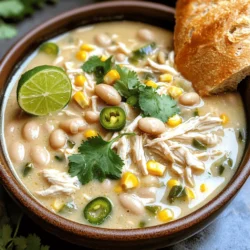 To make a rich and satisfying Creamy White Chicken Chili, you will need: - 2 cups cooked chicken, shredded - 1 can (15 oz) white beans, drained and rinsed - 1 can (4 oz) diced green chilies - 1 medium onion, finely diced - 3 cloves garlic, minced - 1 cup corn (fresh or frozen) - 4 cups chicken broth (preferably low-sodium) - 1 cup heavy cream - 1 teaspoon ground cumin - 1 teaspoon chili powder - 1 teaspoon dried oregano - Salt and freshly ground black pepper to taste - 2 tablespoons olive oil - Fresh cilantro, chopped, for garnish - Lime wedges, for serving If you need to swap any ingredients, here are some great options: - Chicken: Use leftover turkey or rotisserie chicken. - White beans: Any canned beans, like cannellini or navy beans, work well. - Corn: Frozen corn is just as good as fresh. - Heavy cream: Substitute with coconut milk for a lighter option. - Chicken broth: Vegetable broth makes a great alternative for a lighter taste. This Creamy White Chicken Chili serves six people. Each serving has: - Calories: Approximately 350 - Protein: 25g - Carbohydrates: 30g - Fat: 15g - Fiber: 6g This chili is not only delicious but also provides a good balance of protein and fiber. It warms you up while keeping you full. Enjoy every bite! For the full recipe, check out the details above. To start, gather all your ingredients. This helps you stay organized. You need: - 2 cups cooked chicken, shredded - 1 can (15 oz) white beans, drained and rinsed - 1 can (4 oz) diced green chilies - 1 medium onion, finely diced - 3 cloves garlic, minced - 1 cup corn (fresh or frozen) - 4 cups chicken broth (preferably low-sodium) - 1 cup heavy cream - 1 teaspoon ground cumin - 1 teaspoon chili powder - 1 teaspoon dried oregano - Salt and freshly ground black pepper to taste - 2 tablespoons olive oil - Fresh cilantro, chopped, for garnish - Lime wedges, for serving Next, heat olive oil in a spacious pot over medium heat. Once hot, add the diced onion. Sauté for about five minutes until it is soft and clear. Then, add minced garlic and cook for one more minute. Stir until the garlic smells great but does not brown. Now, add the shredded chicken, diced green chilies, corn, and white beans to the pot. Mix everything well. Gradually pour in the chicken broth. Bring the mix to a gentle simmer, stirring often. Once simmering, add ground cumin, chili powder, and dried oregano. Let the chili simmer for about 15 minutes. This helps the flavors meld together. After 15 minutes, lower the heat and stir in the heavy cream. Heat it through for another five minutes. Taste it! Adjust the salt and pepper as needed. When ready, ladle the chili into bowls. Top with chopped cilantro and serve with lime wedges. For a thicker chili, let it simmer longer. If it’s too thick, add more broth. Always stir to avoid sticking. Keep an eye on the heat. Too high can burn the bottom. Garnishing with fresh cilantro adds color and flavor. A squeeze of lime juice brightens the taste. Enjoy this rich and satisfying meal with warm crusty bread or tortilla chips. For the full recipe, check out the detailed steps above! To make your creamy white chicken chili pop, focus on fresh herbs. Add cilantro and lime at the end for a bright taste. For a kick, try adding a dash of hot sauce or some jalapeños. You can also roast the garlic before adding it to the pot. This small step gives a deeper flavor. One common mistake is not seasoning enough. Taste your chili before serving. Adjust salt and pepper as needed. Another mistake is cooking the cream too long. Stir it in at the end and heat gently. This keeps the cream from curdling and adds a nice richness. Creamy white chicken chili goes well with warm crusty bread. A side of crispy tortilla chips also works great. You can serve it with a simple green salad for freshness. For drinks, try a light beer or a refreshing iced tea. These pairings balance the chili's richness beautifully. For more details on making this delightful dish, check out the Full Recipe. {{image_4}} You can switch out chicken for turkey or shrimp. Both add great flavor and texture. If you prefer fish, try white fish like tilapia or cod. This makes it lighter yet still satisfying. Each protein adds a unique twist to your chili. To make this chili vegetarian, use plant-based chicken or just skip the meat. Add more beans, like kidney or pinto beans, for protein. For a vegan version, replace heavy cream with coconut milk or cashew cream. This keeps the creaminess while being plant-based. You can adjust the heat level easily. For spicy chili, add diced jalapeños or more green chilies. If you like mild, reduce the chili powder and use sweet peppers. Playing with spices like smoked paprika can also add depth without heat. Each variation will bring its own flair to your creamy white chicken chili. For the full recipe, check out the details provided earlier. To keep your creamy white chicken chili fresh, store it in airtight containers. Let it cool to room temperature before sealing. This helps prevent moisture build-up inside the container. For best results, eat the chili within three to four days. Keep it in the fridge and label the container with the date. When you want to enjoy the chili again, reheat it gently. Pour the chili into a pot over low heat. Stir it often to ensure even warming. If the chili seems too thick, add a splash of chicken broth or water. You can also heat it in the microwave. Use a microwave-safe bowl and cover it loosely. Heat in short bursts, stirring in between. Freezing is a great option if you want to save some chili for later. Use freezer-safe containers or bags. Make sure to leave some space at the top, as the chili will expand when frozen. It can last for up to three months in the freezer. When you’re ready to eat, thaw it overnight in the fridge. Reheat it as mentioned above. For the full recipe, check out the details and make sure to stock up! To make your creamy white chicken chili spicier, add fresh jalapeños. Dice them finely and mix them in with the onions. You can also use more chili powder or add cayenne pepper. If you like heat, try using hot green chilies instead of mild ones. Another fun option is to serve it with hot sauce on the side. This way, each person can add as much heat as they like. Yes, you can use leftover turkey instead of chicken. Shredded turkey works great in this chili. It keeps the dish tasty and saves you time. Just be sure the turkey is cooked well. You can follow the same cooking steps in the full recipe. Your chili will still be creamy and delicious. Creamy white chicken chili pairs well with various side dishes. Here are some tasty options: - Warm crusty bread - Crispy tortilla chips - Simple green salad - Cornbread muffins - Rice or quinoa These sides add texture and flavor to your meal. Enjoy mixing and matching! This blog post covered all the bases for making creamy white chicken chili. We went over the key ingredients and how to swap some for your needs. I shared cooking steps to achieve the right texture and tips for great flavor. You learned about storage and reheating, too. In the end, this recipe is flexible. You can make it your own with spice or protein ideas. I hope you feel ready to create a delicious meal that suits your taste!