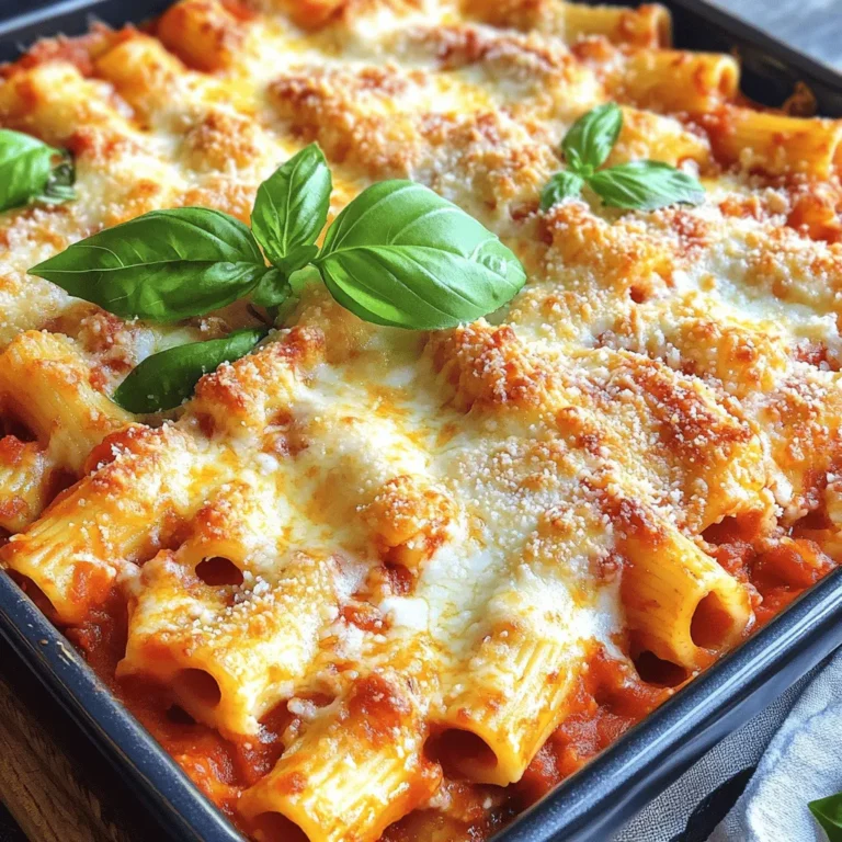 To make Easy Cheesy Baked Ziti, you need a few key ingredients: - 12 oz ziti pasta - 2 cups marinara sauce - 1 cup ricotta cheese - 2 cups shredded mozzarella cheese (divided) - 1/2 cup grated Parmesan cheese - 1 teaspoon garlic powder - 1 teaspoon Italian seasoning - Salt and pepper to taste - Fresh basil leaves for garnish (optional) When selecting ingredients, freshness matters. Look for pasta that is not broken. Choose marinara sauce that is rich and flavorful. For cheese, go for blocks or freshly shredded options. They melt better than pre-shredded varieties. Fresh basil adds a burst of flavor. If you have dietary needs, you can swap some ingredients. For a lower-fat version, use low-fat ricotta and part-skim mozzarella. You can also cut down on cheese if you prefer. For a vegan option, replace ricotta with tofu blended with lemon juice. Use cashew cheese or vegan mozzarella for the topping. Check labels to ensure your swaps fit your diet. Remember, cooking is about joy. Don’t hesitate to get creative with what you have on hand! For the full recipe, check out the details above. To start, gather your ingredients: - 12 oz ziti pasta - 2 cups marinara sauce - 1 cup ricotta cheese - 2 cups shredded mozzarella cheese (divided) - 1/2 cup grated Parmesan cheese - 1 teaspoon garlic powder - 1 teaspoon Italian seasoning - Salt and pepper to taste - Fresh basil leaves for garnish (optional) First, preheat your oven to 375°F (190°C). This warms it up for baking later. Next, fill a large pot with water and add salt. Bring the water to a rolling boil. Carefully add the ziti pasta. Cook it for about 8-10 minutes until al dente. Drain the pasta and set it aside. Now, it’s time to mix! In a big bowl, combine the marinara sauce, ricotta cheese, garlic powder, Italian seasoning, and half of the shredded mozzarella cheese. Stir it well until everything blends nicely. Taste the mixture and add salt and pepper as needed. Next, fold in the cooked ziti pasta. Make sure every piece of pasta gets coated in that creamy sauce. Take a greased 9x13 inch baking dish and spread the ziti mixture evenly in it. Then, sprinkle the rest of the mozzarella cheese and the grated Parmesan cheese on top. Place your baking dish in the oven and set the timer for about 25-30 minutes. You want the cheese to melt and get bubbly with a nice golden color. After baking, carefully take it out of the oven. Let it sit for about 5 minutes before serving. This helps the layers to settle. If you like, add fresh basil leaves on top for a colorful finish. Enjoy your Easy Cheesy Baked Ziti, a flavorful family favorite! For the complete recipe, refer to the Full Recipe. To make your ziti even tastier, add extra herbs. Fresh basil, oregano, or thyme can bring great flavor. You might also try a pinch of red pepper flakes for some heat. They will give your dish a nice kick. Adding protein is simple too. You can mix in cooked ground beef, turkey, or Italian sausage. For a vegetarian option, add cooked lentils or chickpeas. These choices will make the dish heartier and more filling. To avoid overcooked pasta, cook it just until al dente. This means it should be firm but not hard. Be sure to stir the pasta while it cooks. This helps prevent sticking. For an even cheese melt, spread the cheese out evenly. Use a mix of mozzarella and Parmesan on top. You can cover the dish with foil for the first half of baking. This helps the cheese melt nicely without burning. Remove the foil for the last few minutes to let it brown. These tips will help you create a perfect Easy Cheesy Baked Ziti. For the full recipe, refer to the earlier section. Enjoy your cooking! {{image_4}} You can change up the cheese for great taste. Mozzarella is a classic choice. It melts well and gives a stretchy texture. You might also try provolone for a sharper flavor. A blend of cheeses works wonders too. Combine mozzarella, ricotta, and Parmesan for a creamy mix. Add some gouda for a smoky touch. Experimenting with cheese can make your baked ziti unique and fun. Adding vegetables can make your dish healthier. Spinach is a great option. It adds color and nutrients without changing the taste much. You can also try mushrooms for an earthy flavor. For protein, ground beef or sausage boosts the flavor. Cook the meat before mixing it in with the ziti. Chicken or turkey also works well. These additions can turn a simple dish into a hearty meal. You can find the full recipe for Cheesy Ziti Delight [here](#). After enjoying your Easy Cheesy Baked Ziti, store any leftovers in a tight container. This helps keep the dish fresh. You can place it in the fridge for up to five days. If you want to save it longer, freeze the ziti. It will stay good for about three months in the freezer. To reheat the ziti, the oven gives the best results. Preheat your oven to 350°F (175°C). Place the ziti in an oven-safe dish. Cover it with foil to keep it moist. Bake for about 20 minutes or until heated through. You can also use a microwave for quicker reheating. Place a serving on a microwave-safe plate. Heat it in 30-second bursts until hot. However, the oven keeps the texture and cheese melty better than the microwave. For more tips on reheating or storage, check out the Full Recipe. Can I make this ahead of time? Yes, you can make Easy Cheesy Baked Ziti ahead of time. Prepare the dish up to the baking step. Cover it tightly and store it in the fridge for up to two days. When ready to bake, let it sit at room temperature for 30 minutes. Then, pop it in the oven as usual. This saves time on busy nights and still tastes great! How do I make it spicier? To add spice, consider red pepper flakes or diced jalapeños. You can mix these into the sauce before combining with the pasta. Another option is to use spicy Italian sausage instead of ground beef. These simple changes boost the flavor and heat level, making your ziti pop! Is Easy Cheesy Baked Ziti healthy? Easy Cheesy Baked Ziti can be part of a balanced diet. It has pasta, cheese, and sauce, which offer carbs and protein. To make it healthier, use whole wheat pasta and low-fat cheese. Add veggies like spinach or zucchini for extra nutrients. How to make a gluten-free version? To make a gluten-free version, swap regular pasta for gluten-free ziti. Many brands offer tasty options that cook similarly. Make sure to check the marinara sauce for hidden gluten. With these swaps, everyone can enjoy this dish without worry! For the full recipe, check out the [Full Recipe]. In this post, we explored how to make Easy Cheesy Baked Ziti. We covered the essential ingredients, tips for selecting fresh items, and tasty substitutions. I shared step-by-step instructions for preparation, mixing, baking, and offered tricks for flavor enhancement. Baked ziti is versatile. You can customize it to fit your needs. Remember to store your leftovers properly for future meals. Enjoy experimenting with flavors and ingredients. Happy cooking!