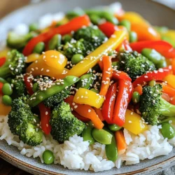 - 1 cup broccoli florets - 1 red bell pepper, thinly sliced - 1 yellow bell pepper, thinly sliced - 1 medium carrot, julienned - 1 cup sugar snap peas, trimmed - 2 cloves garlic, finely minced - 1 tablespoon fresh ginger, finely grated - 3 tablespoons soy sauce (or tamari for gluten-free) - 1 tablespoon sesame oil - 1 tablespoon olive oil - 1 teaspoon honey or maple syrup (optional) - Toasted sesame seeds, for garnish - Cooked rice or quinoa, for serving Gathering fresh ingredients is key. I love using colorful veggies for a vibrant look. The broccoli adds crunch, while the bell peppers bring sweetness. Carrots add a nice texture, and sugar snap peas give a fresh snap. Garlic and ginger are essential for flavor. They create a strong base for your stir-fry. Using soy sauce or tamari adds depth. Sesame oil adds a nutty note that ties everything together. Optional honey or maple syrup enhances the dish. It balances the savory and adds a hint of sweetness. Lastly, toasted sesame seeds give a delightful crunch. Serve this stir-fry over rice or quinoa for a filling meal. For the full recipe, check out the cooking steps that bring all these ingredients to life! - Wash and chop vegetables. - Prepare aromatics: garlic and ginger. Start by washing all the vegetables. This step is key for freshness. Chop the broccoli into small florets. Slice the red and yellow bell peppers into thin strips. Julienne the carrot into matchsticks. Trim the sugar snap peas. This prep will help the veggies cook evenly. Next, it's time to prepare the aromatics. Finely mince two cloves of garlic. Grate one tablespoon of fresh ginger. These will bring a strong flavor to your stir-fry. - Heat oil and sauté garlic and ginger. - Add broccoli and bell peppers, stir-frying. In a large skillet or wok, heat one tablespoon of olive oil over medium-high heat. When the oil shimmers, add the minced garlic and grated ginger. Stir-fry for about 30 seconds. Be careful not to burn them; you want them fragrant, not charred. Now, toss in the broccoli florets and sliced bell peppers. Stir-fry for 3 to 4 minutes. You want them to soften slightly but stay bright and crisp. This creates a colorful dish full of vitamins. - Incorporate carrot and sugar snap peas. - Add soy sauce and sesame oil, toss to coat. - Garnish with sesame seeds and serve. Next, add the julienned carrot and sugar snap peas to the skillet. Stir-fry these for another 2 to 3 minutes. This will allow all the flavors to mingle. Pour in three tablespoons of soy sauce and one tablespoon of sesame oil. If you like sweetness, add one teaspoon of honey or maple syrup. Toss everything together to coat the vegetables well. Let it cook for another minute or two. This will help the flavors blend. Remember, you want to keep the veggies bright and crunchy. Finally, remove the pan from the heat. Sprinkle a generous amount of toasted sesame seeds over the stir-fry. This adds a nice crunch and looks great. Serve the stir-fry over a warm bed of cooked rice or quinoa. This makes for a complete meal. For the full recipe, check the recipe section above. To get a crispy stir-fry, you need high heat. Use a large pan or wok. The heat helps the veggies cook fast. This quick cooking seals in flavor and keeps them crunchy. Another tip is to avoid overcrowding the pan. If you add too many veggies at once, they will steam instead of fry. Cook in batches if needed. To make your stir-fry even tastier, consider adding sauces like teriyaki or hoisin. These sauces add depth and flavor. You can also toss in fresh herbs like basil or cilantro for a burst of aroma. They make the dish bright and fresh. Pair your veggie stir-fry with simple sides like steamed rice or quinoa. These grains soak up the sauce well. You can also add protein to your meal. Tofu, chicken, or shrimp work great. Just cook them first, then mix them in with the stir-fry. For the Full Recipe, check out the instructions above. {{image_4}} You can swap in many vegetables for your stir-fry. Try using: - Cauliflower florets - Zucchini, sliced - Green beans, trimmed - Bell peppers in different colors - Mushrooms, sliced - Baby corn or bok choy Seasonal produce is great too. In spring, add asparagus or snap peas. In fall, consider squash or Brussels sprouts. Mixing colors makes your dish more fun and healthy. This stir-fry is easy to make vegan. Just use tamari instead of soy sauce. You can also skip the honey or maple syrup. For gluten-free options, always check labels on sauces. If you want low-carb, swap rice or quinoa for cauliflower rice. This change keeps the meal light and fresh while still being filling. For a kick, add chili flakes, or a splash of hot sauce. Start small, then taste. Adjust to your family’s heat level. Kids might prefer less spice, so keep their portions mild. You can also add fresh herbs like basil or cilantro for extra flavor. These add freshness without heat and make your dish pop. Enjoy experimenting with your stir-fry! For a complete guide, check the Full Recipe. To keep your leftover stir-fry fresh, use airtight containers. Glass or plastic containers work well. Make sure they seal tightly to prevent air from getting in. This helps avoid spoilage. You can store the stir-fry in the fridge for up to three days. If you want to keep it longer, freeze it for up to three months. When reheating, you want to keep the veggies crisp. The stovetop is the best method. Heat a little oil in a pan and add the stir-fry. Stir it gently until warmed through. This method keeps the texture nice. If you use a microwave, cover it loosely. Heat it in short bursts to avoid making the veggies soggy. Stir after each burst for even heating. Making Easy Veggie Stir-Fry takes just 15 minutes. You spend about 5 minutes prepping the veggies. Cooking only takes another 10 minutes. This quick meal fits perfectly into any busy weeknight. Yes, you can use frozen vegetables. They are convenient and save time. However, you may need to adjust cooking time. Frozen veggies often need a bit longer to cook. Keep an eye on them to avoid mushiness. Fresh veggies will give the best taste and crunch. This stir-fry pairs well with many grains and proteins. You can serve it over cooked rice or quinoa. Adding tofu or chicken makes it heartier. You can also add nuts or seeds for extra crunch. This meal is flexible, making it easy to customize. You can prepare the veggies ahead of time. Just store them in the fridge in an airtight container. For best taste, cook the stir-fry fresh. If you have leftovers, keep them in the fridge for up to three days. Reheat in a pan or microwave for a quick meal. Easy Veggie Stir-Fry is quick, tasty, and healthy. You can mix any veggies you love. Remember to use high heat for a great crunch. This dish shines with soy sauce and garlic. Feel free to add your favorite proteins. Store leftovers in good containers for fresh meals. You can even reheat with care. Enjoy creating your own fun stir-fry! It’s a simple way to eat well and have fun in the kitchen.