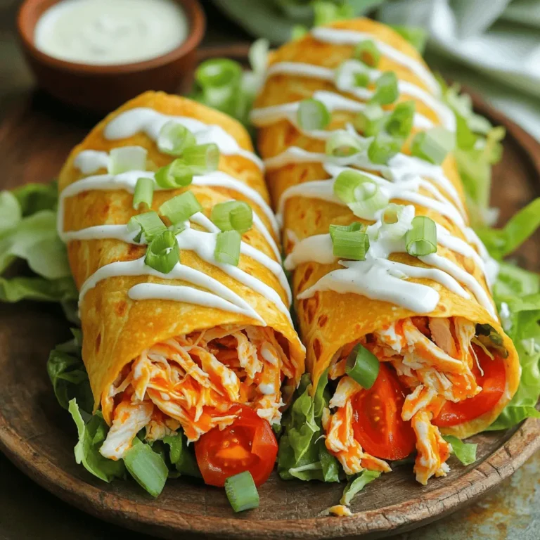 To make buffalo chicken wraps, gather these main ingredients: - 2 cups cooked chicken, shredded - 1/2 cup buffalo sauce (adjust for heat) - 1/2 cup ranch dressing (or blue cheese dressing) - 4 large flour tortillas - 1 cup shredded lettuce - 1 cup diced tomatoes - 1/2 cup shredded cheese (cheddar or a blend) - 1/4 cup chopped green onions (optional) - Salt and pepper to taste These ingredients create the base for your wraps. The shredded chicken gives protein and texture. The buffalo sauce adds spice and flavor. Ranch dressing cools it all down. The tortillas hold everything together. You can use various wraps for buffalo chicken. Here are some great options: - Flour tortillas: Soft and easy to roll. - Whole wheat tortillas: A healthy twist with added fiber. - Spinach tortillas: Colorful and nutritious. - Corn tortillas: Great for gluten-free diets. Each type of wrap brings its unique taste and texture. Choose what you like best or what you have on hand. To make your buffalo chicken wraps even better, consider these garnishes: - Chopped green onions: Adds a fresh crunch. - Extra ranch or blue cheese dressing: For dipping. - Crispy bacon bits: Adds a savory crunch. - Fresh herbs: Like cilantro or parsley for color. Garnishes can elevate your wraps. They add color, texture, and extra flavor. Feel free to mix and match based on your taste. For the full recipe, check the detailed instructions above. First, gather your ingredients. You need cooked chicken and buffalo sauce. I use 2 cups of shredded chicken. Pour in 1/2 cup of buffalo sauce. Mix it well. You want each piece of chicken to be coated. This step gives a strong flavor. If you like it spicy, add more sauce. Take a large tortilla and spread ranch dressing in the center. Use about one tablespoon. This dressing acts as a base. Next, add shredded lettuce, diced tomatoes, and cheese. Layer them evenly. Now, add a scoop of the buffalo chicken mixture on top. If you like, you can add chopped green onions here. Season your filling with salt and pepper. You can adjust this to your taste. To wrap, fold the sides inward. Then roll from the bottom up. Make sure it is tight to keep the filling inside. Repeat this for all tortillas. For a crunchy finish, heat a skillet over medium heat. Place the wraps seam-side down in the pan. Cook them for 2-3 minutes per side. You want them golden brown and crispy. Once cooked, let them cool for a minute. Then, slice each wrap in half diagonally. This gives a nice look. Enjoy your Buffalo Chicken Wrap Explosion! For the full recipe, check above. To make a great buffalo chicken mix, use quality chicken. I prefer using shredded rotisserie chicken for its flavor and ease. Combine the chicken with buffalo sauce in a bowl. Mix well until every piece is coated. Adjust the spice by adding more or less sauce. Balance the heat with ranch or blue cheese dressing. This provides creaminess and cools the spice. When it comes to wrapping, start with a large tortilla. Lay it flat on a clean surface. Spread ranch dressing in the center. This creates a tasty base. Next, layer the lettuce, tomatoes, and cheese evenly. Add the buffalo chicken mixture last. This helps avoid spills. Fold the sides of the tortilla inward and roll tightly from the bottom. Make sure the filling stays inside. For a neat finish, press down gently as you wrap. You can boost the flavor with extra ingredients. Try adding sliced jalapeños for heat. Avocado provides creaminess and pairs well. Fresh cilantro or parsley adds a pop of color and taste. If you enjoy crunch, toss in some diced celery. For a fun twist, experiment with different cheeses. Feta or pepper jack can add unique flavors. Remember, the more you customize, the better your wrap will taste! For the full recipe, check out the Buffalo Chicken Wrap Explosion. {{image_4}} To make grilled buffalo chicken wraps, start by marinating your chicken. Use buffalo sauce and let it soak for at least 30 minutes. Grill the chicken on medium heat until it's fully cooked. Slice the chicken and layer it in your tortilla with ranch dressing, lettuce, tomatoes, and cheese. Grill the wrapped tortillas on a panini press or grill until they are crispy. This method adds a smoky flavor and nice grill marks. Baking wraps is a great way to get a crispy texture without frying. Preheat your oven to 400°F. Assemble your wraps like usual, then place them seam-side down on a baking tray. Brush the tops with a bit of olive oil for a golden finish. Bake for about 15-20 minutes or until the wraps are crispy and heated through. This method keeps the mess to a minimum and is perfect for meal prep. If you want a meat-free option, use cauliflower or chickpeas as the base. For cauliflower, cut it into small florets and toss it in buffalo sauce. Roast it until it's tender and crispy. For chickpeas, mash them slightly and mix with buffalo sauce. Both options work well with the same toppings: ranch dressing, lettuce, tomatoes, and cheese. These wraps offer all the flavors you love without the chicken. Try out these variations to keep your meals exciting and flavorful. For more details, check the Full Recipe. To keep your leftover wraps fresh, wrap them tightly in plastic wrap. This helps retain moisture and flavor. You can also place them in an airtight container. Store them in the fridge for up to three days. Always label the container with the date to track freshness. When ready to eat, reheat your wraps for the best taste. Use a skillet over medium heat to warm them. Cook each side for about two to three minutes. This method keeps the tortilla crispy. You can also use a microwave, but it may soften the wrap. If you choose the microwave, cover it with a damp paper towel to prevent drying out. Heat in 30-second intervals until warm. You can freeze buffalo chicken wraps for future meals. Wrap each one tightly in foil or plastic wrap. Place them in a freezer-safe bag. Make sure to remove as much air as possible. They can be frozen for up to three months. To enjoy, thaw in the fridge overnight before reheating. This method helps keep the flavor and texture intact. For the full recipe, check out the Buffalo Chicken Wrap Explosion . The best buffalo sauce for wraps is the one you love. I enjoy a medium heat, but you can choose mild or hot. Look for sauces with no added preservatives. Some popular brands offer great flavor. You can also make your own! Mix hot sauce with melted butter for a classic taste. Experiment until you find your perfect match! Yes, you can make Buffalo Chicken Wraps ahead of time. Prepare the chicken and sauce a day before. Store them in the fridge to keep them fresh. When ready to eat, assemble the wraps. Just remember, the tortillas may get a bit soft if you prep too early. If you want them crispy, cook the wraps just before serving. Buffalo Chicken Wraps go well with many side dishes. Here are a few ideas: - Celery and carrot sticks with ranch dip - Sweet potato fries for a sweet crunch - A fresh green salad to balance the heat - Chips and salsa for a fun snack - Pickles for a tangy bite These sides will enhance your meal and make it even more enjoyable! You can make tasty Buffalo Chicken Wraps with simple steps. We covered the main ingredients and types of wraps you can use. You learned how to prepare the chicken and assemble the wraps for the best crunch. I shared tips to enhance flavor and storage info for leftovers. Buffalo chicken wraps are great for any meal. With a few simple changes, you can make them your own. Enjoy trying different styles and flavors. Happy cooking!