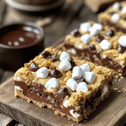 - 1 cup unsalted butter, softened - 1 cup packed brown sugar - 1/2 cup granulated sugar - 2 large eggs - 2 teaspoons pure vanilla extract - 2 1/2 cups all-purpose flour - 1 teaspoon baking soda - 1/2 teaspoon fine sea salt - 1 cup chocolate chips - 1 cup mini marshmallows - 1/2 cup graham cracker crumbs - 9x13-inch baking pan - Electric mixer - Mixing bowls When making S'mores Cookie Bars, use fresh ingredients for the best taste. Start with unsalted butter. It gives you control over salt levels. Brown sugar is key for moisture and richness. Granulated sugar adds sweetness and a nice crunch. Eggs help bind everything together. Pure vanilla extract gives a warm flavor that enhances the bars. You also need all-purpose flour for structure. Baking soda helps them rise, making them soft. Fine sea salt balances sweetness. Chocolate chips add that gooey goodness. Mini marshmallows provide that classic s'mores taste, while graham cracker crumbs give a crunchy layer. Having the right tools is important too. A 9x13-inch baking pan is perfect for even baking. An electric mixer saves time and makes creaming easy. Mixing bowls help keep your workspace organized. For the full recipe, check the details above. Enjoy making this treat! - Preheat oven to 350°F (175°C). - Grease the baking pan with butter or cooking spray. - In a large bowl, cream together butter and both sugars. - Add eggs one at a time, then stir in vanilla extract. - In another bowl, combine flour, baking soda, and sea salt. - Take half of the cookie dough and spread it in the pan. - Sprinkle graham cracker crumbs over the dough layer. - Add the reserved chocolate chips and mini marshmallows on top. - Spread the remaining dough over the filling, letting some peek through. - Top with extra graham cracker crumbs for added crunch. - Bake for 25-30 minutes until edges are golden brown. - Check if the center feels set but soft to the touch. For the complete recipe, you can refer to the Full Recipe section. To make the best s'mores cookie bars, avoid overmixing the dough. When you mix too much, the bars become tough. Mix just until the ingredients come together. This keeps your bars soft and chewy. Also, ensure even baking. If your oven has hot spots, rotate the pan halfway through baking. This helps all sides bake evenly. Look for golden edges and a soft center. Serve these bars warm for a gooey experience. The chocolate and marshmallows melt in your mouth. You can add extra toppings for a decadent flair. Try drizzling warm chocolate sauce on top. You can also sprinkle more mini marshmallows for fun. Let the bars cool for at least 15 minutes before cutting. This will help them set. Use a sharp knife for clean squares. A clean cut makes for nice-looking pieces. You can serve them warm or at room temperature. Enjoy your s'mores cookie bars with family and friends! For more details, check the Full Recipe. {{image_4}} You can easily change up the flavor of your s'mores cookie bars. One simple swap is to use dark chocolate chips instead of milk chocolate. Dark chocolate adds a rich, bold taste that pairs perfectly with the sweet marshmallows. If you want a fun twist, add peanut butter to the cookie dough. Just mix in half a cup of creamy peanut butter with your butter and sugars. It adds a nutty flavor that kids and adults love! If you need a gluten-free option, you can use gluten-free flour instead of all-purpose flour. This keeps the bars just as tasty without the gluten. For a vegan version, swap out the butter for coconut oil and use flax eggs instead of regular eggs. To make a flax egg, mix one tablespoon of ground flaxseed with three tablespoons of water. Let it sit for a few minutes until it thickens. These changes let everyone enjoy this sweet treat! You can make your s'mores bars fit any season or holiday. For Halloween, add crushed candy corn on top for a spooky touch. For Christmas, mix in some peppermint extract or crushed candy canes for a festive flavor. In the summer, try adding fresh berries for a burst of fruit. Get creative and have fun with seasonal ingredients! Check out the Full Recipe for more ideas. To keep your s'mores cookie bars fresh, store them at room temperature. Place them in an airtight container. This helps them stay soft and delicious. If it's warm, cover them with plastic wrap. You can also refrigerate them to extend freshness. Just make sure to wrap them well to prevent drying out. Want to save some for later? You can freeze your s'mores cookie bars. Cut them into squares and wrap each one in plastic wrap. Then place them in a freezer bag. They keep well for up to three months. To enjoy again, thaw them in the fridge overnight. For a warm treat, you can reheat them in the oven at 350°F for about 10 minutes. When stored properly, s'mores cookie bars can last up to a week at room temperature. If you refrigerate them, they can last about two weeks. Freezing extends their life to three months. Just remember, the fresher they are, the better they taste. Enjoy them while they’re soft and gooey for the best experience! Look for golden brown edges and a set center. The top should look slightly shiny. If you press it gently, it should feel soft but not mushy. This means they are ready to come out! Yes, you can! Make the bars and let them cool completely. Cut them into squares and store in an airtight container. They stay fresh for up to three days. You can also freeze them for later use. Just thaw them before serving. You can use cookie crumbs or crushed pretzels. If you want a gluten-free option, try almond flour or gluten-free cookies. These give a nice flavor and texture to your bars. Absolutely! Use unsweetened applesauce, mashed bananas, or a flaxseed mixture. For the flaxseed, mix one tablespoon of ground flaxseed with three tablespoons of water. Let it sit for five minutes before adding it to your mix. Yes, they are safe to eat for about three days at room temperature. Keep them in an airtight container to maintain freshness. If you see any mold or strange smells, it’s best to discard them. Enjoy the Full Recipe for these delicious treats! In this article, we covered the essential ingredients for making delicious s'mores cookie bars. We walked through the step-by-step process, provided tips for perfect texture, and explored fun variations. Remember, proper storage helps keep your treats fresh. Experiment with flavors and enjoy the gooey goodness! These bars are perfect for any occasion and will surely please everyone. Enjoy baking them and have fun sharing with friends!
