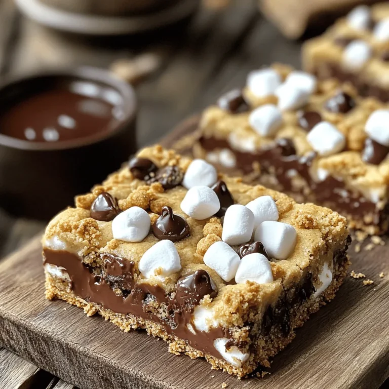 - 1 cup unsalted butter, softened - 1 cup packed brown sugar - 1/2 cup granulated sugar - 2 large eggs - 2 teaspoons pure vanilla extract - 2 1/2 cups all-purpose flour - 1 teaspoon baking soda - 1/2 teaspoon fine sea salt - 1 cup chocolate chips - 1 cup mini marshmallows - 1/2 cup graham cracker crumbs - 9x13-inch baking pan - Electric mixer - Mixing bowls When making S'mores Cookie Bars, use fresh ingredients for the best taste. Start with unsalted butter. It gives you control over salt levels. Brown sugar is key for moisture and richness. Granulated sugar adds sweetness and a nice crunch. Eggs help bind everything together. Pure vanilla extract gives a warm flavor that enhances the bars. You also need all-purpose flour for structure. Baking soda helps them rise, making them soft. Fine sea salt balances sweetness. Chocolate chips add that gooey goodness. Mini marshmallows provide that classic s'mores taste, while graham cracker crumbs give a crunchy layer. Having the right tools is important too. A 9x13-inch baking pan is perfect for even baking. An electric mixer saves time and makes creaming easy. Mixing bowls help keep your workspace organized. For the full recipe, check the details above. Enjoy making this treat! - Preheat oven to 350°F (175°C). - Grease the baking pan with butter or cooking spray. - In a large bowl, cream together butter and both sugars. - Add eggs one at a time, then stir in vanilla extract. - In another bowl, combine flour, baking soda, and sea salt. - Take half of the cookie dough and spread it in the pan. - Sprinkle graham cracker crumbs over the dough layer. - Add the reserved chocolate chips and mini marshmallows on top. - Spread the remaining dough over the filling, letting some peek through. - Top with extra graham cracker crumbs for added crunch. - Bake for 25-30 minutes until edges are golden brown. - Check if the center feels set but soft to the touch. For the complete recipe, you can refer to the Full Recipe section. To make the best s'mores cookie bars, avoid overmixing the dough. When you mix too much, the bars become tough. Mix just until the ingredients come together. This keeps your bars soft and chewy. Also, ensure even baking. If your oven has hot spots, rotate the pan halfway through baking. This helps all sides bake evenly. Look for golden edges and a soft center. Serve these bars warm for a gooey experience. The chocolate and marshmallows melt in your mouth. You can add extra toppings for a decadent flair. Try drizzling warm chocolate sauce on top. You can also sprinkle more mini marshmallows for fun. Let the bars cool for at least 15 minutes before cutting. This will help them set. Use a sharp knife for clean squares. A clean cut makes for nice-looking pieces. You can serve them warm or at room temperature. Enjoy your s'mores cookie bars with family and friends! For more details, check the Full Recipe. {{image_4}} You can easily change up the flavor of your s'mores cookie bars. One simple swap is to use dark chocolate chips instead of milk chocolate. Dark chocolate adds a rich, bold taste that pairs perfectly with the sweet marshmallows. If you want a fun twist, add peanut butter to the cookie dough. Just mix in half a cup of creamy peanut butter with your butter and sugars. It adds a nutty flavor that kids and adults love! If you need a gluten-free option, you can use gluten-free flour instead of all-purpose flour. This keeps the bars just as tasty without the gluten. For a vegan version, swap out the butter for coconut oil and use flax eggs instead of regular eggs. To make a flax egg, mix one tablespoon of ground flaxseed with three tablespoons of water. Let it sit for a few minutes until it thickens. These changes let everyone enjoy this sweet treat! You can make your s'mores bars fit any season or holiday. For Halloween, add crushed candy corn on top for a spooky touch. For Christmas, mix in some peppermint extract or crushed candy canes for a festive flavor. In the summer, try adding fresh berries for a burst of fruit. Get creative and have fun with seasonal ingredients! Check out the Full Recipe for more ideas. To keep your s'mores cookie bars fresh, store them at room temperature. Place them in an airtight container. This helps them stay soft and delicious. If it's warm, cover them with plastic wrap. You can also refrigerate them to extend freshness. Just make sure to wrap them well to prevent drying out. Want to save some for later? You can freeze your s'mores cookie bars. Cut them into squares and wrap each one in plastic wrap. Then place them in a freezer bag. They keep well for up to three months. To enjoy again, thaw them in the fridge overnight. For a warm treat, you can reheat them in the oven at 350°F for about 10 minutes. When stored properly, s'mores cookie bars can last up to a week at room temperature. If you refrigerate them, they can last about two weeks. Freezing extends their life to three months. Just remember, the fresher they are, the better they taste. Enjoy them while they’re soft and gooey for the best experience! Look for golden brown edges and a set center. The top should look slightly shiny. If you press it gently, it should feel soft but not mushy. This means they are ready to come out! Yes, you can! Make the bars and let them cool completely. Cut them into squares and store in an airtight container. They stay fresh for up to three days. You can also freeze them for later use. Just thaw them before serving. You can use cookie crumbs or crushed pretzels. If you want a gluten-free option, try almond flour or gluten-free cookies. These give a nice flavor and texture to your bars. Absolutely! Use unsweetened applesauce, mashed bananas, or a flaxseed mixture. For the flaxseed, mix one tablespoon of ground flaxseed with three tablespoons of water. Let it sit for five minutes before adding it to your mix. Yes, they are safe to eat for about three days at room temperature. Keep them in an airtight container to maintain freshness. If you see any mold or strange smells, it’s best to discard them. Enjoy the Full Recipe for these delicious treats! In this article, we covered the essential ingredients for making delicious s'mores cookie bars. We walked through the step-by-step process, provided tips for perfect texture, and explored fun variations. Remember, proper storage helps keep your treats fresh. Experiment with flavors and enjoy the gooey goodness! These bars are perfect for any occasion and will surely please everyone. Enjoy baking them and have fun sharing with friends!