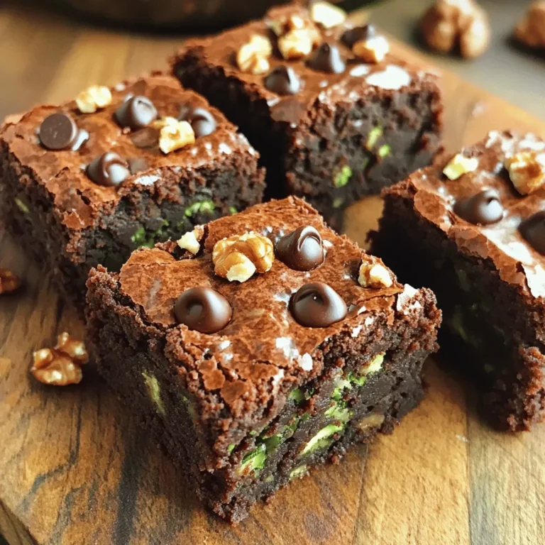 - 1 cup grated zucchini (squeeze out excess moisture) - 1 cup almond flour - ½ cup unsweetened cocoa powder - ½ cup maple syrup or honey - ¼ cup unsweetened applesauce - 2 large eggs - 1 teaspoon vanilla extract - ½ teaspoon baking soda - ½ teaspoon baking powder - ¼ teaspoon salt - ½ cup dark chocolate chips (optional) - ½ cup chopped walnuts (optional) - Zucchini: Low in calories and high in fiber. It adds moisture and nutrients. - Almond flour: Rich in healthy fats and protein. It is great for gluten-free diets. - Cocoa powder: Packed with antioxidants. It boosts heart health and mood. - Maple syrup or honey: Natural sweeteners that provide vitamins and minerals. - Applesauce: Adds moisture and a hint of sweetness while reducing fat. - Eggs: Full of protein and vital nutrients. They help bind the brownies. - Vanilla extract: Enhances flavor and can help reduce sugar needs. - Baking soda and baking powder: Help the brownies rise and create a soft texture. - Salt: Balances the sweetness and enhances flavors. - Dark chocolate chips: Offer rich flavor and antioxidants (optional). - Chopped walnuts: Provide healthy fats and a nice crunch (optional). - Almond flour: Use oat flour or coconut flour if needed. - Maple syrup: Agave syrup or brown sugar can work in a pinch. - Eggs: Flax eggs or applesauce can replace eggs for a vegan option. - Cocoa powder: Carob powder is a good alternative for a different taste. - Walnuts: You can swap them for pecans or leave them out if desired. For the full recipe, check out the complete guide! 1. Preheat the Oven: Start by heating your oven to 350°F (175°C). Prepare an 8x8-inch baking pan. You can grease it lightly or use parchment paper. This helps later when you lift out the brownies. 2. Prepare the Zucchini: Grate one medium zucchini. Use a box grater for this. Place the grated zucchini in a clean towel. Squeeze tightly to remove excess moisture. This step is key for perfect brownies. 3. Mix Wet Ingredients: In a large bowl, add the squeezed zucchini, eggs, maple syrup (or honey), applesauce, and vanilla extract. Whisk until everything blends well. You want a smooth mixture. 4. Combine Dry Ingredients: In another bowl, whisk together almond flour, cocoa powder, baking soda, baking powder, and salt. This keeps your brownies light and fluffy. 5. Combine Mixtures: Pour the dry mixture into the wet mixture. Stir gently with a spatula until just mixed. Be careful not to overmix; this keeps your brownies nice and soft. 6. Add Mix-ins: If you like, fold in dark chocolate chips and chopped walnuts. These add great texture and flavor to your brownies. 7. Bake: Spread the batter evenly in your prepared pan. Bake in the oven for 25-30 minutes. 8. Check for Doneness: To check if the brownies are done, insert a toothpick into the center. It should come out clean but slightly moist. This gives you the best fudgy texture. 9. Cool Down: After baking, let the brownies cool in the pan for about 10 minutes. Then transfer them to a wire rack to cool completely. This helps the flavors settle. Enjoy these wonderful Healthy Zucchini Brownies as a tasty and guilt-free treat! Don't forget to check the Full Recipe for more details. Squeezing zucchini is key for great brownies. Start with a box grater to shred the zucchini. Take the grated zucchini and place it in a clean kitchen towel or cheesecloth. Twist the towel tightly to squeeze out the moisture. Aim to get as much liquid out as you can. This step ensures the brownies will not be too wet or soggy. Mixing the batter carefully leads to the best texture. Start with wet ingredients first. Combine the squeezed zucchini, eggs, maple syrup, applesauce, and vanilla in a large bowl. Whisk until smooth. In another bowl, mix the dry ingredients well. Slowly add the dry mix to the wet mix. Stir gently until just combined. Overmixing can make brownies dense, so stop as soon as you see no dry flour. You can easily boost the flavor and texture of your brownies. Add dark chocolate chips for a richer taste. Chopped walnuts add a nice crunch. Try spices like cinnamon or nutmeg for warmth. If you want a sweeter treat, increase the maple syrup slightly. Experiment with different add-ins to find your favorite combination. These small tweaks can take your healthy zucchini brownies to the next level. {{image_4}} You can easily make these brownies gluten-free. Use almond flour, which is already in the recipe. If you want to try other gluten-free flours, coconut flour or oat flour work well too. Make sure the cocoa powder is also gluten-free. This way, everyone can enjoy your brownies! To make these brownies vegan, replace the eggs with flax eggs. Mix one tablespoon of flaxseed meal with three tablespoons of water for each egg. Let it sit for a few minutes until it thickens. You can also swap maple syrup for agave syrup. Both will keep your brownies sweet and moist! Adding spices can give your brownies a new twist. Try a pinch of cinnamon or nutmeg for warmth. You can also add a splash of coffee or espresso powder to boost the chocolate flavor. Want some crunch? Toss in some chopped nuts or seeds. These small changes can make your brownies unique and fun! For the complete recipe, check out the Full Recipe. To keep your healthy zucchini brownies fresh, store them in an airtight container. Place a piece of parchment paper between layers to avoid sticking. Keep them in a cool, dry place like your pantry. They will stay fresh for about 3 to 5 days. If you want them to last longer, refrigeration is a great option. Just make sure your container seals tightly. Freezing these brownies is simple and effective. Cut them into squares before freezing. Wrap each piece in plastic wrap or foil. Then, place them in a freezer-safe bag or container. Label it with the date for easy reference. Your brownies can last for up to three months in the freezer. When you’re ready to enjoy them, simply thaw them in the fridge or at room temperature. To bring back that fresh-from-the-oven taste, reheat your brownies in the oven. Preheat it to 350°F (175°C). Place the brownies on a baking sheet and warm them for about 5-10 minutes. You can also use the microwave. Heat each brownie for 10-15 seconds. Check to avoid overheating, as this can make them dry. Enjoy your delicious brownies warm, topped with a scoop of ice cream or a dollop of yogurt for extra delight! These brownies get their health boost from zucchini and almond flour. Zucchini adds moisture without extra sugar. Almond flour is lower in carbs and high in healthy fats. Using maple syrup or honey for sweetness keeps them natural. You also avoid refined sugars and unhealthy fats. Together, these ingredients create a guilt-free treat. Yes, you can use other flours, but results may vary. If you want a gluten-free option, try coconut flour. It absorbs more moisture, so use less. You can also use regular all-purpose flour, but it will change the texture. Almond flour keeps the brownies moist and soft, which is ideal. These brownies can last for about 4 to 5 days when stored properly. Keep them in an airtight container at room temperature. If you refrigerate them, they may last up to a week. Just make sure they cool completely before storing. Absolutely! Adding nuts or seeds can enhance texture and flavor. Chopped walnuts or pecans work great. You can also mix in seeds like chia or flax for extra nutrition. Just fold them in at the end for a wonderful crunch. To store leftovers, place them in an airtight container. You can keep them at room temperature for a few days. If you want to keep them longer, wrap them tightly and freeze. Just remember to thaw them before enjoying again. This blog post covered all you need to know about healthy zucchini brownies. We explored key ingredients, their health benefits, and useful substitutions. I shared step-by-step instructions for prep and baking, along with tips to check if they’re done. You learned ways to enhance your brownies' flavor and texture, plus gluten-free and vegan options. Don’t forget to use the best storage practices to keep them fresh. Healthy brownies can be tasty and fun. Enjoy making them your way!