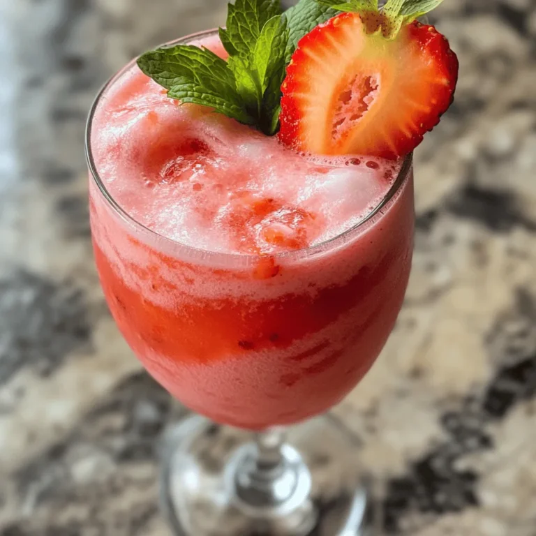 - 2 cups ripe strawberries, hulled and sliced - 1 cup juicy fresh pineapple chunks - 1 cup creamy coconut milk - 1 cup crushed ice - 1 tablespoon honey or agave syrup (optional) - Fresh mint leaves for garnish How to select ripe strawberries When picking strawberries, look for bright red color and a sweet smell. Firm berries are best. Avoid any with bruises or mold. Fresh strawberries should feel heavy for their size. Choosing the best coconut milk Look for coconut milk in a can for creaminess. Check the label for high coconut content. Avoid brands with many additives. You want pure coconut milk for the best flavor. Each serving of this Virgin Strawberry Pina Colada packs about 200 calories. It has important nutrients like vitamin C from strawberries and pineapple. Coconut milk adds healthy fats, making this drink both tasty and nutritious. Enjoying this drink gives you a sweet burst of tropical goodness! - Step 1: Combining ingredients in the blender Start by placing your fresh ingredients in the blender. Add 2 cups of ripe strawberries, 1 cup of juicy pineapple chunks, and 1 cup of creamy coconut milk. Toss in 1 cup of crushed ice too. If you want it sweeter, drizzle in 1 tablespoon of honey or agave syrup. - Step 2: Blending to desired consistency Blend everything on high speed for about 30 to 45 seconds. Watch for a smooth and creamy texture. If it is too thick, add a little more coconut milk. Taste your drink and adjust sweetness if needed. - Tips on chilling glasses before serving Chill your glasses in the freezer for a few minutes. This keeps the drink cold and refreshing. - Creative garnish ideas To make it pretty, garnish with fresh mint leaves. You can also add a slice of strawberry on the rim. It looks fancy and inviting. - Blending tips for a smooth texture Blend in short bursts if you like a thicker drink. This helps mix smoothly without overdoing it. - How to avoid over-blending Stop blending as soon as it’s creamy. Over-blending can make it too thin. You want a nice, thick mocktail that holds its shape. For the complete method, check out the Full Recipe. Enjoy your Virgin Strawberry Pina Colada! Using fresh fruit makes your drink taste bright and lively. Fresh strawberries and pineapples bring out the best flavors. If you use frozen fruit, your drink will be colder and thicker. This is great on hot days! You can also mix fresh and frozen fruit to get the best of both worlds. Sweetness is key for your Virgin Strawberry Pina Colada. Start with one tablespoon of honey or agave syrup. Blend it in and taste. If it needs more sweetness, add a little more. Remember, everyone's taste is different, so adjust it to what you like! Glassware adds fun to your drink. Use tall glasses or coconut shells for a tropical look. You can even use mason jars for a rustic vibe. The right glass makes your drink pop! Garnishes make a drink special. Add fresh mint leaves on top for a splash of green. A slice of strawberry on the rim looks fancy. You might even add a colorful straw for a fun touch! One mistake is overloading the blender. If you put in too many ingredients at once, it won't blend well. Blend in batches if needed. This keeps the texture smooth and creamy. Chilling your glasses is a step you shouldn’t skip. Warm glasses can make your drink warm too fast. Pop them in the fridge or freezer for a few minutes before pouring your drink. This little trick keeps your Virgin Strawberry Pina Colada cold and refreshing longer. {{image_4}} You can change up the fruit in your Virgin Strawberry Pina Colada. Try using mango or banana instead of strawberries. Mango gives a sweet and tropical flavor, while banana adds creaminess. You can also mix in other berries, like blueberries or raspberries. This adds a fun twist to your drink and makes it a bit different each time. To make your drink even better, try adding citrus fruits. A splash of lemon or lime juice can give your drink a zesty touch. This brightens the flavors and adds a nice contrast to the sweetness. You can also use orange juice for a sweeter, citrusy note. If you want a spiked version of your drink, add rum or vodka. Start with a small amount, about one ounce, and blend it in with the other ingredients. This gives a fun kick to your Virgin Strawberry Pina Colada. Just remember to keep it light, so you can still enjoy the fresh fruit flavors. For the full recipe, check out the complete instructions for making this delightful mocktail! To keep your Virgin Strawberry Pina Colada fresh, use a clean glass jar. This jar should have a tight lid. Fill it with the leftover drink. Make sure to leave some space at the top. This allows for any expansion if the drink freezes. Always store it in the fridge. Use it within two days for the best taste. If you want to save some for later, freezing is a great choice. Pour the mocktail into ice cube trays for easy storage. Once frozen, pop the cubes into a bag. This way, you can use just what you need later. Add the cubes to smoothies or blend them back into a drink for a frosty treat. In the fridge, your Virgin Strawberry Pina Colada stays good for about two days. After that, the flavors may change. Look for signs like a sour smell or strange color. If you notice any of these, it’s best to toss it. Stay safe and enjoy your fresh drink! To make a Virgin Strawberry Pina Colada, gather your ingredients first. You will need: - 2 cups ripe strawberries, hulled and sliced - 1 cup juicy fresh pineapple chunks - 1 cup creamy coconut milk - 1 cup crushed ice - 1 tablespoon honey or agave syrup (optional) - Fresh mint leaves for garnish Start by blending the strawberries, pineapple, coconut milk, and ice together. If you like it sweeter, add honey or agave syrup. Blend until smooth, which takes about 30 to 45 seconds. Taste it and adjust the sweetness if needed. Pour the drink into chilled glasses and add fresh mint leaves for a nice touch. This mocktail pairs well with sunny days! Yes, you can prepare this drink in advance! Blend the ingredients as usual, but do not add ice until serving. Store the blended mixture in the fridge in a sealed container. When ready to serve, add crushed ice and stir well. This keeps your drink fresh and creamy without losing its texture. Enjoy it cold for the best taste! Coconut milk pairs well with many fruits. Here are some great options: - Mango adds sweetness and a tropical feel. - Banana creates a creamy texture. - Blueberries give a burst of flavor and color. - Kiwi adds a tangy twist. - Peaches offer a juicy, sweet taste. These fruits enhance the flavor and make your Virgin Strawberry Pina Colada even better. Feel free to mix and match! This blog post covered everything you need to make a delicious mocktail. We started with the key ingredients, emphasizing fresh fruits like strawberries and pineapple. You learned to blend and serve for the best taste and presentation. I shared tips to enhance flavors, avoid common mistakes, and even offered variations. Lastly, we discussed how to store and freeze leftovers for later enjoyment. Enjoying this refreshing drink can be fun and easy, perfect for any occasion. Try it out, and savor each sip!