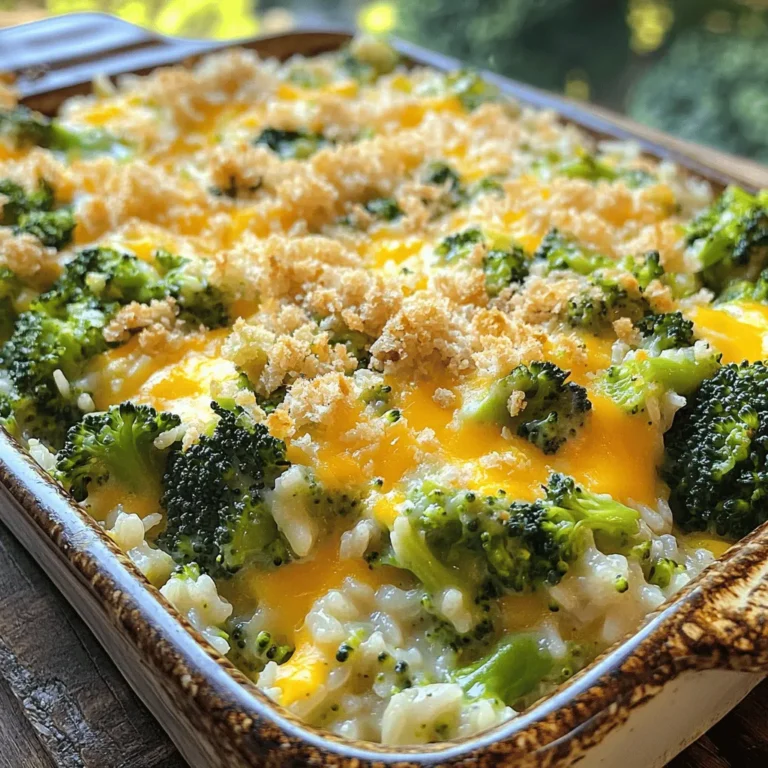 - 2 cups cooked rice (white or brown) - 2 cups fresh broccoli florets - 1 cup shredded sharp cheddar cheese (plus extra for topping) - 1 cup sour cream - 1/2 cup cream of mushroom soup (store-bought or homemade) - 1 small onion, finely chopped - 2 cloves garlic, minced - 1 teaspoon Dijon mustard - 1 teaspoon dried thyme - Salt and freshly ground black pepper to taste - 1/2 cup breadcrumbs (preferably panko for extra crunch) - 2 tablespoons olive oil I use 2 cups of cooked rice. You can use either white or brown rice. The fresh broccoli florets should also measure 2 cups. For cheese, I prefer sharp cheddar, using 1 cup for the mix and more for the top. You will need 1 cup of sour cream to add creaminess. The cream of mushroom soup can be homemade or store-bought, and I use 1/2 cup. One small onion, chopped finely, and 2 minced garlic cloves give the dish flavor. I add 1 teaspoon of Dijon mustard and 1 teaspoon of dried thyme for depth. Don’t forget salt and pepper to taste. For a crunchy topping, use 1/2 cup of breadcrumbs and 2 tablespoons of olive oil for moisture. If you want a gluten-free dish, use gluten-free breadcrumbs. You can swap the sharp cheddar for mozzarella or gouda if you prefer a milder cheese. For a lighter option, try Greek yogurt instead of sour cream. If you don’t have cream of mushroom soup, a homemade version works well too. Just blend mushrooms, broth, and cream to get a similar texture. Start by preparing your broccoli. Fill a pot with water and add a pinch of salt. Bring this to a boil. Once boiling, add 2 cups of fresh broccoli florets. Blanch them for 2-3 minutes. You want them bright green and slightly tender. After that, drain the broccoli and set it aside. Next, let’s sauté the aromatics. Grab a medium skillet and heat 2 tablespoons of olive oil over medium heat. Once it’s hot, add 1 small finely chopped onion and 2 minced garlic cloves. Cook these for 3-4 minutes. You want the onion to become translucent and smell fragrant. This step adds a great base flavor to your casserole. Now it’s time to mix everything together. In a large bowl, combine the cooked rice, blanched broccoli, and the sautéed onion and garlic. Add 1 cup of shredded sharp cheddar cheese, but save a little for later. Next, stir in 1 cup of sour cream and 1/2 cup of cream of mushroom soup. Add 1 teaspoon of Dijon mustard and 1 teaspoon of dried thyme. Don’t forget to season with salt and freshly ground black pepper to taste. Mix all these ingredients until they blend well. This will create a creamy, cheesy base for your casserole. Now, let’s get ready to bake. Lightly grease a 9x13 inch casserole dish with cooking spray or olive oil. Pour the broccoli rice mixture into the dish. Spread it evenly across the bottom. For the topping, mix 1/2 cup of breadcrumbs with a tablespoon of olive oil in a small bowl. Sprinkle this breadcrumb mix and the reserved cheddar cheese over the top of the casserole. Finally, place the casserole in your preheated oven at 350°F (175°C). Bake it for 25-30 minutes. You want the top to be bubbly and golden brown. Once it’s done, let it cool for 5-10 minutes before serving. This helps it set and makes it easier to serve. For the full recipe, refer back to the ingredients section. Enjoy your Cheesy Broccoli Rice Casserole! To boost the flavor of your casserole, try adding more spices. A pinch of paprika can add warmth. You can also mix in some cayenne pepper for a kick. Fresh herbs like thyme or parsley can brighten the dish. For the best texture, watch your cooking time. Bake the casserole until the top is golden brown. This usually takes about 25 to 30 minutes. If you want a crispier top, broil it for a minute or two at the end. Just keep an eye on it to prevent burning. When serving, consider how it looks. A sprinkle of fresh parsley over the top adds color. You can also serve it in individual bowls for a fun touch. For added crunch, serve with a side of crispy salad or garlic bread. These small details make your meal more appealing. Remember, we eat with our eyes first! For the full recipe and more details, check out the Full Recipe section above. {{image_4}} You can switch up the cheese for a new flavor. Mozzarella gives a nice stretch. Gouda adds a rich, sweet taste. You might even try a mix! Use your favorite cheese and see what happens. Want to make it heartier? Add some cooked chicken or ham. Just chop them into bite-sized pieces. Mix them in when you add the broccoli. You can also use turkey or bacon for a twist. For a vegetarian option, skip the meat and stick with the cheese. If you want it vegan, use plant-based cheese. Swap sour cream for a vegan version or plain yogurt. You can also use cashew cream for a creamy texture. This makes the dish tasty and friendly for all diets. Feeling inspired? Check out the Full Recipe to create your own Cheesy Broccoli Rice Casserole! After enjoying your cheesy broccoli rice casserole, store leftovers in an airtight container. Let the dish cool down to room temperature first. This helps keep the texture nice. You can keep it in the fridge for up to four days. If you plan to eat it later, you can freeze it too. To reheat, use your oven for the best results. Preheat your oven to 350°F (175°C). Place the casserole in a baking dish, cover it with foil, and warm it for about 20 minutes. This method keeps the cheese melty and the rice fluffy. You can also microwave it, but the oven gives a better texture. For long-term storage, freeze the casserole before baking it. Wrap it tightly in plastic wrap and then in foil. This prevents freezer burn. You can freeze it for up to three months. When ready to bake, thaw it in the fridge overnight and then bake as usual. If you want, you can add more cheese on top before baking for extra flavor. Yes, you can make this casserole ahead of time. Prepare it fully, then cover and refrigerate. You can bake it the next day. Just add a few extra minutes to the baking time if it’s cold from the fridge. This helps the cheese melt perfectly and keeps the dish moist. This casserole pairs well with many sides. Here are a few ideas: - Grilled chicken or fish - A fresh garden salad - Roasted vegetables - Garlic bread These options add more flavor and make a complete meal. To keep your casserole moist, use enough creamy ingredients. The sour cream and cream of mushroom soup help with this. Make sure to bake it covered for the first part of cooking. This traps steam and keeps the casserole from drying out. If you find it drying out, you can also add a splash of broth or water before baking. For the full recipe, check out the ingredients and steps above! This blog post covered all you need for a fantastic Cheesy Broccoli Rice Casserole. We listed ingredients, shared easy steps, and provided tips to elevate your dish. You'll find variations to suit different diets and storage tips to keep your leftovers fresh. Remember, with simple tweaks, you can make it your own. Enjoy exploring flavors and textures as you cook. This dish will surely become a favorite for you and your family. Happy cooking!