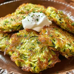 - 2 medium zucchinis, grated - 1 teaspoon salt - 1 cup all-purpose flour - 1/2 cup finely grated Parmesan cheese - 2 large eggs, lightly beaten - 1/4 cup fresh parsley, chopped - 1/2 teaspoon garlic powder - 1/4 teaspoon freshly ground black pepper - Olive oil for frying These ingredients make the fritters tasty and crisp. The zucchinis give moisture and flavor. Salt draws out water from the zucchinis, which is key. - Sour cream or yogurt for serving You can serve your fritters with sour cream or yogurt. This adds a cool touch and balances the warm fritters. - Grater - Mixing bowls - Clean kitchen towel or cheesecloth - Large skillet - Spoon or spatula Having the right tools makes cooking easier. A grater helps with the zucchinis, while a skillet is perfect for frying. Start by grating two medium zucchinis into a bowl. Sprinkle them with one teaspoon of salt. Let the grated zucchini sit for ten minutes. This step helps pull out moisture. After ten minutes, take a clean towel and squeeze the zucchini to remove the extra liquid. The drier the zucchini, the crispier the fritters will be. In a large mixing bowl, combine the drained zucchini, one cup of all-purpose flour, and half a cup of grated Parmesan cheese. Next, add two lightly beaten eggs, a quarter cup of chopped parsley, half a teaspoon of garlic powder, and a quarter teaspoon of black pepper. Mix gently until all ingredients blend well. Be careful not to overmix; you want the fritters to stay light and fluffy. Heat enough olive oil in a large skillet to cover the bottom by about a quarter inch. Once the oil is hot, scoop a tablespoon of the zucchini mixture into your hands and flatten it into a patty. Place the fritter in the hot oil, making sure not to crowd the pan. Cook each fritter for about three to four minutes until golden brown. Flip and cook for another three to four minutes. Once done, place them on a paper towel to absorb any excess oil. You can find the full recipe for these delicious fritters in the recipe section above. To get crispy fritters, start by removing moisture from the zucchini. Grate the zucchinis and sprinkle them with salt. Let them sit for about 10 minutes to draw out water. Then, use a clean towel to squeeze out extra moisture. This helps keep the fritters crunchy. When mixing, avoid overmixing the batter. This keeps air inside, making the fritters lighter. Also, use hot olive oil for frying. If you have extra fritters, let them cool completely. Place them in an airtight container. You can store them in the fridge for up to three days. Make sure to layer them with paper towels to absorb any moisture. This helps keep them fresh and tasty. To reheat fritters, use a skillet for best results. Heat the skillet over medium heat with a little olive oil. Place the fritters in the skillet and cook for about 2-3 minutes on each side. This restores their crispiness. You can also use the oven. Preheat it to 350°F and bake for about 10 minutes. Enjoy them warm again! For the full recipe, check the details above. {{image_4}} You can make gluten-free zucchini fritters easily. Just swap the all-purpose flour for gluten-free flour. Many brands offer blends that work well in this recipe. You might also use almond flour or chickpea flour. Both add a unique flavor and texture. Want to boost the flavor? Add fresh herbs to your fritters. Try basil, dill, or cilantro. Each herb brings a different taste. Chop them finely and mix them in with the other ingredients. You can also add dried herbs if fresh ones aren't available. If you like heat, add some spice! Mix in red pepper flakes or finely chopped jalapeños. Start with a small amount and adjust to your taste. The spice will give your fritters a nice kick. Serve them with a cooling dip like yogurt or sour cream. For the full recipe, check out Zucchini Fritters Delight. After cooking, let the fritters cool down. Place them in an airtight container. They stay fresh for about 3 days in the fridge. If you want to keep them longer, consider freezing. To freeze zucchini fritters, first, cool them completely. Lay them flat on a baking sheet. Once frozen, transfer them to a freezer bag. They can last up to 3 months in the freezer. This method helps prevent the fritters from sticking together. When you are ready to enjoy the fritters again, reheat them in a skillet. Use medium heat and add a little olive oil. This keeps them crispy. You can also use an oven at 350°F for about 10-15 minutes. Avoid microwaving, as this can make them soggy. For the full recipe, you can refer back to the earlier sections. Enjoy your zucchini fritters! You will know your zucchini fritters are cooked when they turn golden brown. The edges will be crisp, and the center will feel firm. Use a spatula to gently lift a fritter. If it releases easily from the pan, it’s ready to flip. Cook each side for about 3-4 minutes. This will give you that delightful crunch. Yes, you can make zucchini fritters ahead of time. Prepare the batter and store it in the fridge for up to 24 hours. This will save you time later. You can also cook the fritters ahead of time. Let them cool, then store them in an airtight container in the fridge. Reheat them in the oven for best results. Zucchini fritters pair well with many sides. You can serve them with a dollop of sour cream or yogurt. A fresh salad also complements them nicely. For a special touch, try a tangy sauce like tzatziki. Feel free to get creative with dips and sides. You now have all you need to make delicious zucchini fritters. We covered essential and optional ingredients to boost flavor. You learned step-by-step how to prepare, mix, and cook the fritters. Plus, you discovered ways to achieve that perfect crispiness. Don’t forget to try fun variations like gluten-free or spicy fritters. Store any leftovers properly for later enjoyment. Get creative, enjoy every bite, and share your fritter success!