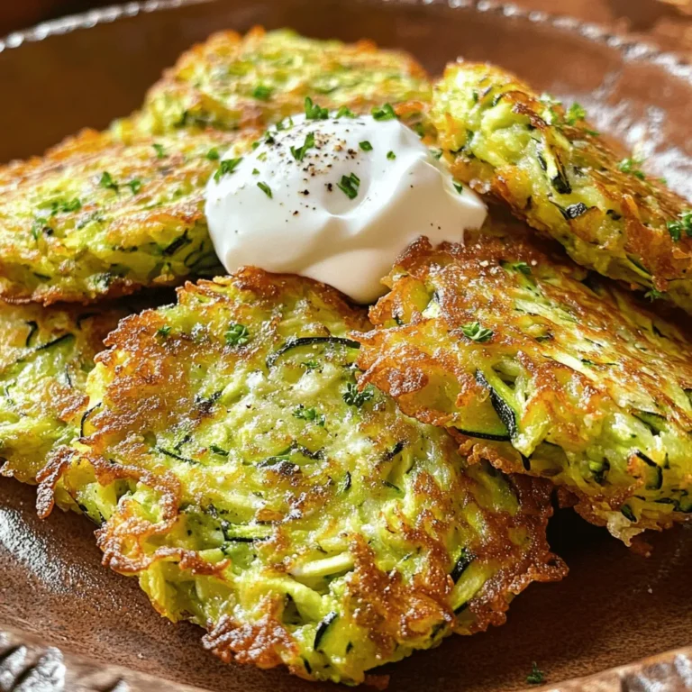- 2 medium zucchinis, grated - 1 teaspoon salt - 1 cup all-purpose flour - 1/2 cup finely grated Parmesan cheese - 2 large eggs, lightly beaten - 1/4 cup fresh parsley, chopped - 1/2 teaspoon garlic powder - 1/4 teaspoon freshly ground black pepper - Olive oil for frying These ingredients make the fritters tasty and crisp. The zucchinis give moisture and flavor. Salt draws out water from the zucchinis, which is key. - Sour cream or yogurt for serving You can serve your fritters with sour cream or yogurt. This adds a cool touch and balances the warm fritters. - Grater - Mixing bowls - Clean kitchen towel or cheesecloth - Large skillet - Spoon or spatula Having the right tools makes cooking easier. A grater helps with the zucchinis, while a skillet is perfect for frying. Start by grating two medium zucchinis into a bowl. Sprinkle them with one teaspoon of salt. Let the grated zucchini sit for ten minutes. This step helps pull out moisture. After ten minutes, take a clean towel and squeeze the zucchini to remove the extra liquid. The drier the zucchini, the crispier the fritters will be. In a large mixing bowl, combine the drained zucchini, one cup of all-purpose flour, and half a cup of grated Parmesan cheese. Next, add two lightly beaten eggs, a quarter cup of chopped parsley, half a teaspoon of garlic powder, and a quarter teaspoon of black pepper. Mix gently until all ingredients blend well. Be careful not to overmix; you want the fritters to stay light and fluffy. Heat enough olive oil in a large skillet to cover the bottom by about a quarter inch. Once the oil is hot, scoop a tablespoon of the zucchini mixture into your hands and flatten it into a patty. Place the fritter in the hot oil, making sure not to crowd the pan. Cook each fritter for about three to four minutes until golden brown. Flip and cook for another three to four minutes. Once done, place them on a paper towel to absorb any excess oil. You can find the full recipe for these delicious fritters in the recipe section above. To get crispy fritters, start by removing moisture from the zucchini. Grate the zucchinis and sprinkle them with salt. Let them sit for about 10 minutes to draw out water. Then, use a clean towel to squeeze out extra moisture. This helps keep the fritters crunchy. When mixing, avoid overmixing the batter. This keeps air inside, making the fritters lighter. Also, use hot olive oil for frying. If you have extra fritters, let them cool completely. Place them in an airtight container. You can store them in the fridge for up to three days. Make sure to layer them with paper towels to absorb any moisture. This helps keep them fresh and tasty. To reheat fritters, use a skillet for best results. Heat the skillet over medium heat with a little olive oil. Place the fritters in the skillet and cook for about 2-3 minutes on each side. This restores their crispiness. You can also use the oven. Preheat it to 350°F and bake for about 10 minutes. Enjoy them warm again! For the full recipe, check the details above. {{image_4}} You can make gluten-free zucchini fritters easily. Just swap the all-purpose flour for gluten-free flour. Many brands offer blends that work well in this recipe. You might also use almond flour or chickpea flour. Both add a unique flavor and texture. Want to boost the flavor? Add fresh herbs to your fritters. Try basil, dill, or cilantro. Each herb brings a different taste. Chop them finely and mix them in with the other ingredients. You can also add dried herbs if fresh ones aren't available. If you like heat, add some spice! Mix in red pepper flakes or finely chopped jalapeños. Start with a small amount and adjust to your taste. The spice will give your fritters a nice kick. Serve them with a cooling dip like yogurt or sour cream. For the full recipe, check out Zucchini Fritters Delight. After cooking, let the fritters cool down. Place them in an airtight container. They stay fresh for about 3 days in the fridge. If you want to keep them longer, consider freezing. To freeze zucchini fritters, first, cool them completely. Lay them flat on a baking sheet. Once frozen, transfer them to a freezer bag. They can last up to 3 months in the freezer. This method helps prevent the fritters from sticking together. When you are ready to enjoy the fritters again, reheat them in a skillet. Use medium heat and add a little olive oil. This keeps them crispy. You can also use an oven at 350°F for about 10-15 minutes. Avoid microwaving, as this can make them soggy. For the full recipe, you can refer back to the earlier sections. Enjoy your zucchini fritters! You will know your zucchini fritters are cooked when they turn golden brown. The edges will be crisp, and the center will feel firm. Use a spatula to gently lift a fritter. If it releases easily from the pan, it’s ready to flip. Cook each side for about 3-4 minutes. This will give you that delightful crunch. Yes, you can make zucchini fritters ahead of time. Prepare the batter and store it in the fridge for up to 24 hours. This will save you time later. You can also cook the fritters ahead of time. Let them cool, then store them in an airtight container in the fridge. Reheat them in the oven for best results. Zucchini fritters pair well with many sides. You can serve them with a dollop of sour cream or yogurt. A fresh salad also complements them nicely. For a special touch, try a tangy sauce like tzatziki. Feel free to get creative with dips and sides. You now have all you need to make delicious zucchini fritters. We covered essential and optional ingredients to boost flavor. You learned step-by-step how to prepare, mix, and cook the fritters. Plus, you discovered ways to achieve that perfect crispiness. Don’t forget to try fun variations like gluten-free or spicy fritters. Store any leftovers properly for later enjoyment. Get creative, enjoy every bite, and share your fritter success!