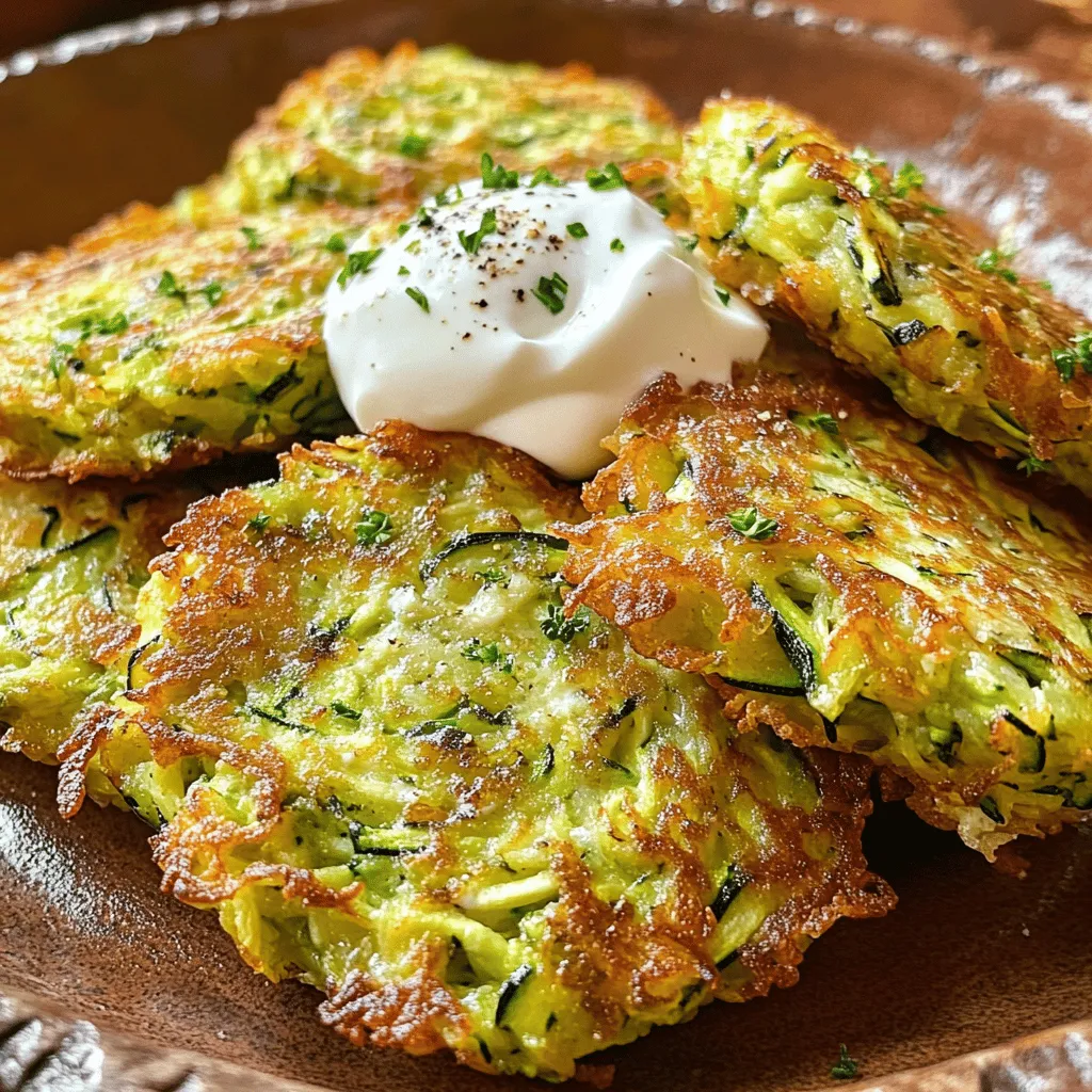 - 2 medium zucchinis, grated - 1 teaspoon salt - 1 cup all-purpose flour - 1/2 cup finely grated Parmesan cheese - 2 large eggs, lightly beaten - 1/4 cup fresh parsley, chopped - 1/2 teaspoon garlic powder - 1/4 teaspoon freshly ground black pepper - Olive oil for frying These ingredients make the fritters tasty and crisp. The zucchinis give moisture and flavor. Salt draws out water from the zucchinis, which is key. - Sour cream or yogurt for serving You can serve your fritters with sour cream or yogurt. This adds a cool touch and balances the warm fritters. - Grater - Mixing bowls - Clean kitchen towel or cheesecloth - Large skillet - Spoon or spatula Having the right tools makes cooking easier. A grater helps with the zucchinis, while a skillet is perfect for frying. Start by grating two medium zucchinis into a bowl. Sprinkle them with one teaspoon of salt. Let the grated zucchini sit for ten minutes. This step helps pull out moisture. After ten minutes, take a clean towel and squeeze the zucchini to remove the extra liquid. The drier the zucchini, the crispier the fritters will be. In a large mixing bowl, combine the drained zucchini, one cup of all-purpose flour, and half a cup of grated Parmesan cheese. Next, add two lightly beaten eggs, a quarter cup of chopped parsley, half a teaspoon of garlic powder, and a quarter teaspoon of black pepper. Mix gently until all ingredients blend well. Be careful not to overmix; you want the fritters to stay light and fluffy. Heat enough olive oil in a large skillet to cover the bottom by about a quarter inch. Once the oil is hot, scoop a tablespoon of the zucchini mixture into your hands and flatten it into a patty. Place the fritter in the hot oil, making sure not to crowd the pan. Cook each fritter for about three to four minutes until golden brown. Flip and cook for another three to four minutes. Once done, place them on a paper towel to absorb any excess oil. You can find the full recipe for these delicious fritters in the recipe section above. To get crispy fritters, start by removing moisture from the zucchini. Grate the zucchinis and sprinkle them with salt. Let them sit for about 10 minutes to draw out water. Then, use a clean towel to squeeze out extra moisture. This helps keep the fritters crunchy. When mixing, avoid overmixing the batter. This keeps air inside, making the fritters lighter. Also, use hot olive oil for frying. If you have extra fritters, let them cool completely. Place them in an airtight container. You can store them in the fridge for up to three days. Make sure to layer them with paper towels to absorb any moisture. This helps keep them fresh and tasty. To reheat fritters, use a skillet for best results. Heat the skillet over medium heat with a little olive oil. Place the fritters in the skillet and cook for about 2-3 minutes on each side. This restores their crispiness. You can also use the oven. Preheat it to 350°F and bake for about 10 minutes. Enjoy them warm again! For the full recipe, check the details above. {{image_4}} You can make gluten-free zucchini fritters easily. Just swap the all-purpose flour for gluten-free flour. Many brands offer blends that work well in this recipe. You might also use almond flour or chickpea flour. Both add a unique flavor and texture. Want to boost the flavor? Add fresh herbs to your fritters. Try basil, dill, or cilantro. Each herb brings a different taste. Chop them finely and mix them in with the other ingredients. You can also add dried herbs if fresh ones aren't available. If you like heat, add some spice! Mix in red pepper flakes or finely chopped jalapeños. Start with a small amount and adjust to your taste. The spice will give your fritters a nice kick. Serve them with a cooling dip like yogurt or sour cream. For the full recipe, check out Zucchini Fritters Delight. After cooking, let the fritters cool down. Place them in an airtight container. They stay fresh for about 3 days in the fridge. If you want to keep them longer, consider freezing. To freeze zucchini fritters, first, cool them completely. Lay them flat on a baking sheet. Once frozen, transfer them to a freezer bag. They can last up to 3 months in the freezer. This method helps prevent the fritters from sticking together. When you are ready to enjoy the fritters again, reheat them in a skillet. Use medium heat and add a little olive oil. This keeps them crispy. You can also use an oven at 350°F for about 10-15 minutes. Avoid microwaving, as this can make them soggy. For the full recipe, you can refer back to the earlier sections. Enjoy your zucchini fritters! You will know your zucchini fritters are cooked when they turn golden brown. The edges will be crisp, and the center will feel firm. Use a spatula to gently lift a fritter. If it releases easily from the pan, it’s ready to flip. Cook each side for about 3-4 minutes. This will give you that delightful crunch. Yes, you can make zucchini fritters ahead of time. Prepare the batter and store it in the fridge for up to 24 hours. This will save you time later. You can also cook the fritters ahead of time. Let them cool, then store them in an airtight container in the fridge. Reheat them in the oven for best results. Zucchini fritters pair well with many sides. You can serve them with a dollop of sour cream or yogurt. A fresh salad also complements them nicely. For a special touch, try a tangy sauce like tzatziki. Feel free to get creative with dips and sides. You now have all you need to make delicious zucchini fritters. We covered essential and optional ingredients to boost flavor. You learned step-by-step how to prepare, mix, and cook the fritters. Plus, you discovered ways to achieve that perfect crispiness. Don’t forget to try fun variations like gluten-free or spicy fritters. Store any leftovers properly for later enjoyment. Get creative, enjoy every bite, and share your fritter success!