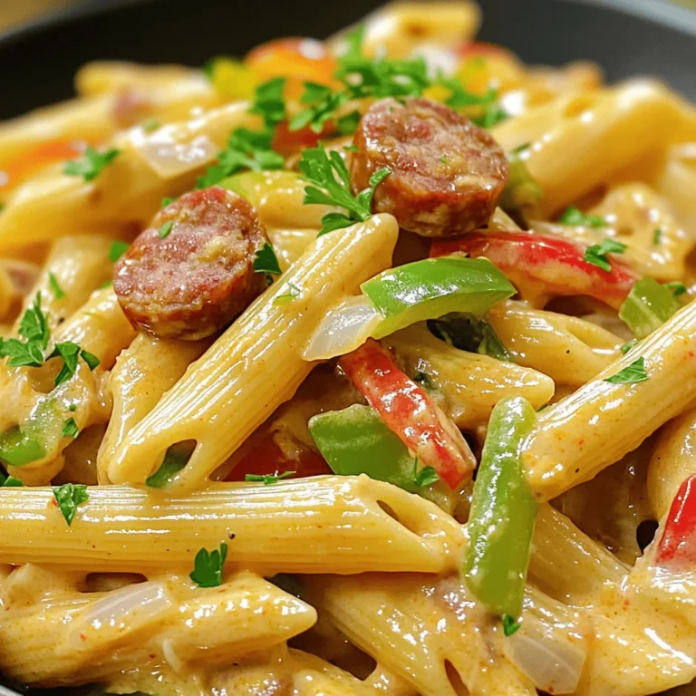 To make creamy Cajun sausage pasta, gather these ingredients: - 12 oz penne pasta - 1 lb smoked sausage, sliced into rounds - 1 tablespoon olive oil - 1 medium onion, diced - 3 cloves garlic, minced - 1 red bell pepper, diced - 1 green bell pepper, diced - 1 tablespoon Cajun seasoning - 1 teaspoon smoked paprika - 1 cup heavy cream - 1 cup chicken broth - Salt and pepper, to taste - 1 cup grated Parmesan cheese - Fresh parsley, chopped (for garnish) To cook this dish, you will need: - A large pot for boiling pasta - A large skillet for sautéing - A cutting board and knife for prepping - A measuring cup and spoons for accuracy - A serving spoon to mix and serve Here are some key measurements to keep in mind: - 12 oz of pasta is about three cups dry. - One pound of sausage equals about four links. - A tablespoon is three teaspoons. - One cup is 8 ounces, so use a measuring cup for liquids. - For fresh parsley, one small bunch is enough for garnish. These tips will help you gather everything you need for your creamy Cajun sausage pasta dish. Enjoy the cooking process and the tasty meal that follows! 1. Cook the Pasta: Start by boiling a large pot of salted water. Add the penne pasta and cook it for 9-11 minutes. Check it frequently until it is al dente. Drain the pasta and set it aside. Do not rinse it. This keeps the starch, which helps the sauce cling. 2. Sauté the Sausage: Heat olive oil in a large skillet over medium heat. When the oil shimmers, add the sliced smoked sausage. Cook for 5-7 minutes. Stir it often until it gets brown and heated through. Once done, take the sausage out and set it on a plate. 3. Sauté the Vegetables: In the same skillet, add the diced onion, red bell pepper, and green bell pepper. Cook for about 5 minutes, stirring often. The onion should become soft and clear. Add minced garlic and cook for 1-2 more minutes. Make sure the garlic doesn’t burn. 4. Add Seasonings: Mix in the Cajun seasoning and smoked paprika. Let the spices cook for about a minute. This brings out their taste and helps coat the veggies. 5. Make the Sauce: Pour in the chicken broth and heavy cream. Stir to mix well, then let it simmer gently. Cook for 3-5 minutes until the sauce thickens a bit and becomes creamy. 6. Combine Ingredients: Lower the heat. Add the cooked sausage and drained pasta back into the skillet. Toss everything together. Make sure the pasta is well coated in the sauce. Gradually stir in the grated Parmesan cheese. Mix until it melts and blends in. Taste and add salt and pepper if needed. 7. Serve: Divide the creamy Cajun sausage pasta into bowls. Top with freshly chopped parsley for extra flavor and color. Enjoy your tasty dish! - Always cook the pasta al dente. This keeps it firm and prevents it from becoming mushy in the sauce. - Let the sauce simmer long enough to thicken. This gives it a rich and creamy feel. - Stir the pasta gently when mixing. This prevents it from breaking apart. - Large Pot: For boiling the pasta. - Large Skillet: For sautéing and making the sauce. - Wooden Spoon: For stirring the ingredients and mixing the sauce. - Measuring Cups and Spoons: For accurate measurement of ingredients. - Colander: For draining the pasta easily. You can find the Full Recipe for more details. To boost the taste of your creamy Cajun sausage pasta, try these tips: - Use fresh herbs: Fresh parsley adds a bright touch. Consider basil or thyme for more depth. - Add heat: If you like spice, add some crushed red pepper flakes. It elevates the dish. - Experiment with cheese: Swap Parmesan for smoked Gouda or pepper jack for a twist. - Finish with lemon: A squeeze of lemon juice brightens the flavors and balances the creaminess. Avoid these common pitfalls to ensure your pasta shines: - Overcooking the pasta: Follow package directions to keep it al dente. - Not seasoning enough: Don’t forget salt and pepper during cooking. Taste as you go. - Burning garlic: Add garlic last and cook it on low heat to keep it from burning. - Skipping the sauce simmer: Let the sauce thicken to achieve that creamy texture. Make your dish pop with these simple ideas: - Use a large bowl: Serve the pasta in a big, shallow bowl for an inviting look. - Garnish generously: Sprinkle chopped parsley on top for color and freshness. - Add a sprinkle of cheese: A little extra Parmesan makes it look gourmet. - Serve with bread: Pair with crusty bread for a complete meal. For the full recipe, check out the detailed instructions above. {{image_4}} You can switch up the protein in this creamy Cajun sausage pasta. Try chicken or shrimp for a tasty twist. Cook the chicken until golden, just like the sausage. For shrimp, add them in during the last few minutes of cooking. This keeps them tender and juicy. If you want a meat-free version, use plant-based sausage or mushrooms. Mushrooms add a great texture and earthy flavor. For a vegan dish, replace heavy cream with coconut milk or cashew cream. Use vegetable broth instead of chicken broth for a full flavor. You can easily customize this recipe with different veggies. Zucchini, spinach, or even cherry tomatoes work well. If you don’t have Cajun seasoning, mix paprika, garlic powder, and cayenne pepper. This keeps the dish flavorful. Parmesan cheese can be swapped with a dairy-free option for a vegan meal. Check out the Full Recipe for more details. After enjoying your creamy Cajun sausage pasta, store leftovers in an airtight container. Make sure to let the dish cool down to room temperature first. This helps keep it fresh. Place the container in the fridge. It will last for up to three days. If you want to save the pasta for later, freezing works great. Divide the pasta into portions and place them in freezer-safe bags or containers. Be sure to remove as much air as possible. Label the bags with the date. The pasta can stay in the freezer for up to three months. To reheat your creamy Cajun sausage pasta, use a microwave or stovetop. If using the microwave, place the pasta in a bowl and add a splash of water or cream. Cover it to keep moisture in. Heat in short bursts, stirring in between. If using the stovetop, warm it over low heat in a skillet. Stir often and add a bit of cream if it looks dry. Enjoy your meal just like the first time! You can use whole milk or a mix of milk and butter. For a lighter option, try half-and-half. Coconut milk is also great if you want a dairy-free choice. Each will change the taste slightly but will still create a creamy sauce. Yes! You can use gluten-free penne pasta. Many brands offer alternatives made from rice or corn. Just cook it according to the package instructions. The flavor will still shine through. Creamy Cajun sausage pasta lasts for about three to four days in the fridge. Store it in an airtight container. Make sure to let it cool before putting it in the fridge to keep it fresh. Absolutely! You can cook the dish and store it in the fridge. Just reheat it on the stove or in the microwave. Add a splash of chicken broth to help the sauce regain its creaminess. For the full recipe, check out the ingredients and instructions listed above. It serves 4-6 people and takes about 30 minutes to prepare. Each serving packs a punch of flavor while providing a balanced meal with protein and veggies. This blog post covered essential ingredients and equipment for your dish. I provided detailed steps for cooking, along with tips for the best texture. I also shared tricks to enhance flavor and avoid common mistakes. Variations allow for personal touches, whether with proteins or vegetarian swaps. Lastly, I gave storage methods to keep leftovers fresh. With these tools and tips, you can create a tasty dish every time. Enjoy your cooking journey!