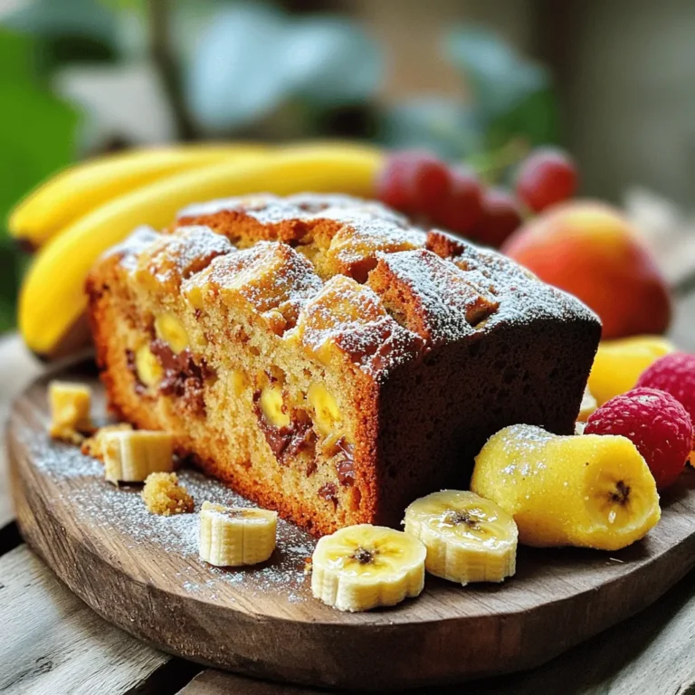 - 3 ripe bananas, mashed - 1/3 cup melted coconut oil - 1 teaspoon pure vanilla extract - 1 teaspoon baking soda - Pinch of salt - 3/4 cup packed brown sugar - 1 large egg - 1 teaspoon ground cinnamon - 1 1/2 cups all-purpose flour - Optional: 1/2 cup chopped walnuts - Optional: 1/2 cup dark chocolate chips To make classic banana bread, the right ingredients matter. You want ripe bananas. They should feel soft and have brown spots. This gives your bread a sweet flavor. You also need melted coconut oil. This keeps your bread moist. You can swap it with melted butter if you want. Next is pure vanilla extract. It adds a nice aroma and taste. Baking soda helps the bread rise. A pinch of salt boosts the flavor. Brown sugar gives it a rich sweetness. You will need one large egg to bind everything together. Ground cinnamon is a must. It brings warmth to the dish. All-purpose flour is the base of your batter. For extra crunch, consider adding chopped walnuts. If you love chocolate, dark chocolate chips can make it more indulgent. For the full recipe, you can check out the detailed instructions. 1. First, preheat your oven to 350°F (175°C). This step warms the oven for even baking. 2. Next, grease a 9x5-inch loaf pan with a small amount of coconut oil. This helps the bread slide out easily after baking. 1. In a large bowl, combine the mashed bananas and melted coconut oil. Use a fork to mix them well. 2. Now, add one teaspoon of pure vanilla extract, one teaspoon of baking soda, and a pinch of salt. Stir until everything is well combined. 3. Next, mix in 3/4 cup of packed brown sugar and one beaten egg. Stir until the mixture looks shiny and smooth. 4. Sprinkle in one teaspoon of ground cinnamon. Then, gently fold in 1 1/2 cups of sifted all-purpose flour. Mix just until combined. Avoid over-mixing to keep the bread fluffy. 5. If you want a little crunch, fold in optional 1/2 cup chopped walnuts or 1/2 cup dark chocolate chips. Make sure they are spread evenly throughout the batter. 1. Pour the banana bread batter into the prepared loaf pan. Use a spatula to smooth the top. 2. Place the loaf pan in your preheated oven. Bake for 60 to 65 minutes. Check for doneness by inserting a toothpick into the center. It should come out clean with a few crumbs. 3. Once baked, let the bread cool in the pan for about 10 minutes. Then, transfer it to a wire rack to cool completely. For the complete recipe, check out the Full Recipe. Ripe bananas are key for great banana bread. They should be soft and brown. This makes your bread sweet and moist. Not over-mixing the batter is just as important. Stir until the flour just blends in. Over-mixing can lead to a tough texture. You can add spices for a flavor boost. Try nutmeg or ginger for a warm twist. You could also use vanilla bean paste instead of extract. For sugars, swap some brown sugar for white sugar or honey. Each adds a unique taste to your bread. When your banana bread cools, slice it with a sharp knife. Arrange the slices on a plate. You can dust the top with powdered sugar for a nice touch. Serve the slices warm with butter for extra flavor. Fresh fruits like strawberries or kiwi make great garnishes. They add color and freshness to your dish. For the full recipe, check out the complete guide. {{image_4}} You can make a nut-free version of this banana bread. Just leave out the walnuts. This keeps the bread soft and tender. It also makes it safe for those with nut allergies. The flavor remains rich and sweet, so you won't miss the nuts. If you need a gluten-free option, you can use gluten-free flour. Almond flour or oat flour works well. You can also try a pre-mixed gluten-free flour blend. Just make sure it has a binding agent like xanthan gum. This will help give your bread a nice texture. Want to spice things up? You can add ground nutmeg or pumpkin spice. These give your banana bread a warm, cozy flavor. You can also mix in fruits like blueberries or cranberries. They add a pop of color and tartness. Both options let you get creative with your baking. You can find more ideas in the Full Recipe. To keep your banana bread fresh, wrap it in plastic wrap. You can also use aluminum foil. Store it in a cool, dry place. This method keeps it soft for up to four days. If you prefer, you can place it in the fridge. However, this may change the bread's texture. It can make it dry, so I recommend room temperature. Freezing banana bread is easy. First, let it cool completely. Then, wrap it tightly in plastic wrap. Place it in a freezer bag or airtight container. This helps keep it fresh for up to three months. When you’re ready to eat it, take it out and thaw it in the fridge overnight. You can also warm it in the microwave for a quick treat. Enjoy your banana bliss bread even when frozen! You want bananas that are very ripe. Look for bananas with lots of brown spots. The riper the bananas, the sweeter your bread will be. Overripe bananas also mash easily. This makes mixing simple and quick. Yes, you can use frozen bananas! Just thaw them first. Once thawed, drain extra liquid if needed. Frozen bananas have the same taste and sweetness as ripe ones. They work well in banana bread, making your baking easy. You can use vegetable oil or melted butter instead. Both will keep your bread moist. If you want a lighter taste, try using applesauce. It adds moisture without strong flavors. Each option will give your bread a unique twist. Banana bread lasts about 3 to 4 days at room temperature. Store it in an airtight container to keep it fresh. You can also refrigerate it for up to a week. For longer storage, freeze slices for quick treats later. Absolutely! You can mix in nuts, chocolate chips, or dried fruits. Try adding spices like nutmeg or ginger for warmth. You can also use peanut butter or swap some flour for cocoa powder. This way, you create your own delicious twist. Check out the Full Recipe for more ideas! You now have a clear guide to make classic banana bread. Keep your bananas ripe for the best flavor. Remember to mix gently and bake until golden. You can also try fun variations or store it for later. This recipe is simple and forgiving, so feel free to make it your own. Enjoy baking and sharing your delicious banana bread with friends and family!