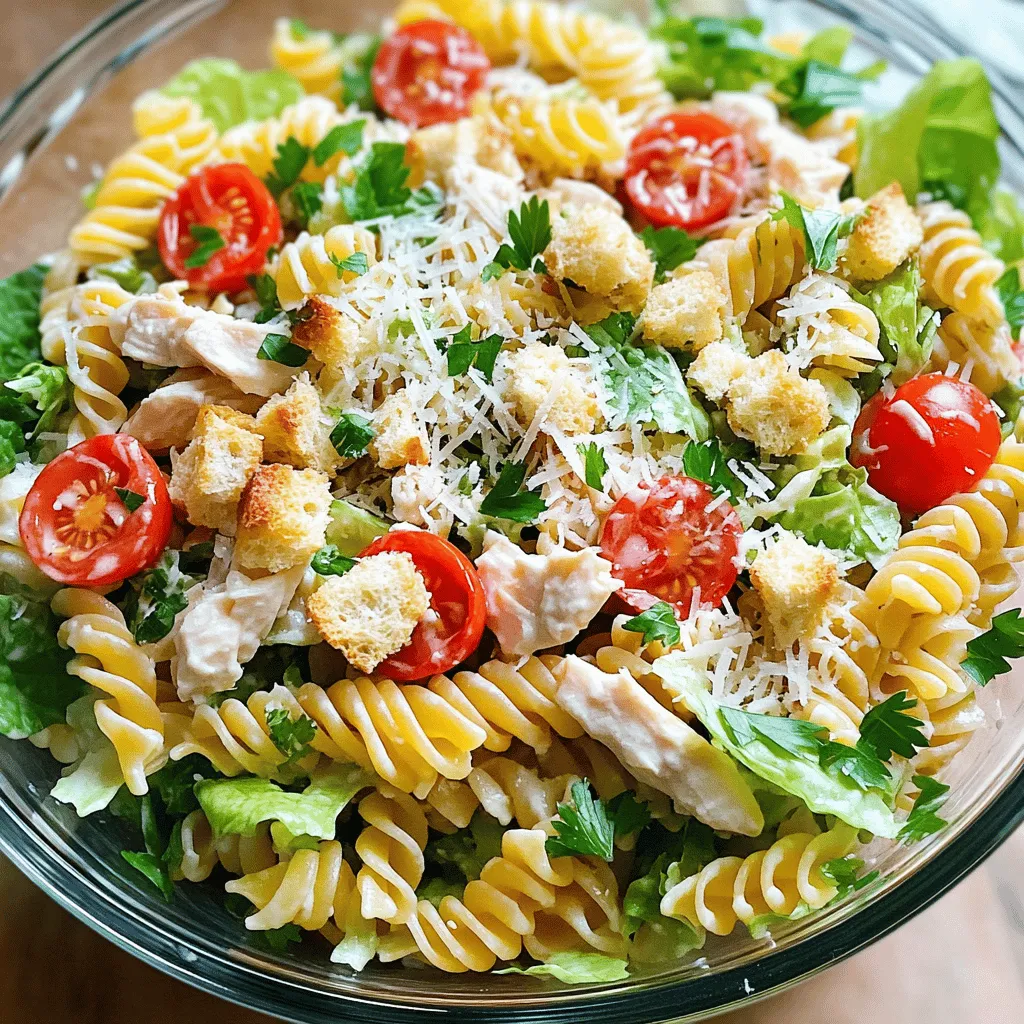- 8 oz. rotini pasta - 2 cups cooked chicken breast, diced - 1 cup cherry tomatoes, halved - 1 cup romaine lettuce, chopped - ½ cup creamy Caesar dressing - ½ cup freshly grated Parmesan cheese - ½ cup crunchy croutons - 2 tablespoons fresh parsley, chopped - Salt and freshly cracked pepper to taste - Juice of 1 fresh lemon Gathering the right ingredients is key to making a tasty Chicken Caesar Pasta Salad. You start with rotini pasta, which is great for holding onto the dressing. Next, you need cooked chicken breast. Diced chicken adds protein and makes the salad hearty. The cherry tomatoes bring a sweet burst of flavor and color. You’ll also use romaine lettuce, which adds a nice crunch. The creamy Caesar dressing is what ties everything together. Freshly grated Parmesan cheese gives a rich taste. For garnishing, crunchy croutons add texture. Fresh parsley gives a pop of green. You can season with salt and freshly cracked pepper to enhance the flavors. Finally, a squeeze of lemon juice brightens the dish. For a complete guide, check out the Full Recipe. To start, bring a large pot of salted water to a boil. Add the rotini pasta and cook it according to the package instructions. This usually takes about 8 to 10 minutes. You want it al dente, not mushy. After cooking, drain the pasta and rinse it under cold water. Rinsing cools it quickly and stops the cooking process. Set the pasta aside. In a large mixing bowl, combine 2 cups of diced cooked chicken breast, 1 cup of halved cherry tomatoes, and 1 cup of chopped romaine lettuce. Use a spatula to gently mix these ingredients. This ensures they blend well without breaking. Next, pour ½ cup of creamy Caesar dressing over the mixture. Season with salt and freshly cracked pepper to taste. Then, squeeze the juice of 1 fresh lemon over the top. This adds brightness to your salad. Toss everything together well so that all the ingredients are coated evenly. Now, sprinkle ½ cup of freshly grated Parmesan cheese and ½ cup of crunchy croutons on top. Mix gently to avoid crushing the croutons. You want them to stay crunchy and add texture to your salad. Place the salad in the refrigerator for at least 30 minutes. Chilling allows the flavors to meld beautifully. This step is key for a tasty dish. Before serving, garnish your salad with 2 tablespoons of chopped fresh parsley. This adds color and flavor. For a stunning presentation, serve your salad in clear bowls. This showcases the vibrant colors of the ingredients. Top with extra croutons and a sprinkle of Parmesan for added flair. - Ensure pasta is al dente for optimal texture. - Rinse pasta to stop the cooking process and prevent stickiness. Cooking pasta correctly is key. Al dente means the pasta is firm but cooked. This texture keeps it from getting mushy in the salad. Rinsing the pasta is also important. It cools the pasta and keeps it from sticking together. You want each piece to shine on its own. - Use fresh lemon juice for brightness. - Experiment with homemade Caesar dressing. Fresh lemon juice adds a pop of flavor. It wakes up all the other ingredients in your salad. You can also make your own Caesar dressing. A homemade version often tastes better and can have less salt and preservatives. Plus, you can adjust the flavors to your liking. - Serve in clear bowls for visual appeal. - Top with additional croutons for flair. Presentation matters! Clear bowls show off the colorful ingredients. The greens, reds, and yellows pop when you serve them right. Adding extra croutons not only looks good but gives a nice crunch. This makes the salad inviting and ready to eat. {{image_4}} You can change the protein in your Chicken Caesar Pasta Salad easily. Substitute chicken with grilled shrimp or salmon for a different taste. Shrimp adds a nice, sweet flavor. Salmon brings a rich, buttery touch. If you prefer plant-based options, use chickpeas. They provide protein and a hearty texture. Chickpeas also soak up the dressing well. Feel free to make swaps to the greens in this dish. Instead of romaine, you can use spinach or kale. Spinach has a mild taste, while kale adds a crunchy bite. You can also switch up the pasta shapes. Try penne or fusilli for fun textures. Different shapes make the salad more interesting and fun to eat. You can switch the dressing to suit your taste. Try a yogurt-based Caesar for a healthier option. It will still be creamy but lighter. You can also experiment with other dressings like ranch or Italian. Each dressing will give the salad a new flavor twist. Don't be afraid to mix and match until you find your favorite! For the Full Recipe, check back to see how to combine these variations for a delicious meal. Store any leftover Chicken Caesar Pasta Salad in an airtight container. Keep it in the fridge. You should eat it within 2-3 days for the best taste and freshness. This keeps the flavors bright and the veggies crisp. If you want to store it longer, freeze the components separately. This works best for the chicken and pasta. If you freeze them together with the dressing, it may change the texture when you thaw it. So, keep them apart for best results. You can gently reheat the pasta if you want, but I recommend serving the salad cold. This keeps it refreshing. When serving leftovers, add fresh veggies or extra dressing. This boosts flavor and keeps it tasty. To make Chicken Caesar Pasta Salad, follow these key steps: - Cook the pasta: Use 8 oz. of rotini pasta in boiling salted water. Cook for 8-10 minutes until tender. Drain and cool. - Mix the base: In a bowl, combine 2 cups of diced cooked chicken, 1 cup of halved cherry tomatoes, and 1 cup of chopped romaine lettuce. - Combine the pasta: Add the cooled pasta to the chicken and veggies. Toss gently. - Dress the salad: Add ½ cup of creamy Caesar dressing, salt, pepper, and the juice of 1 lemon. Mix well. - Finish with toppings: Sprinkle ½ cup of grated Parmesan cheese and ½ cup of crunchy croutons on top. - Chill: Let it sit in the fridge for at least 30 minutes to blend flavors. Yes, you can prepare this salad ahead of time. To do this: - Prep the ingredients: Cook the pasta and chop the veggies earlier in the day. - Mix without dressing: Combine everything except the dressing. Store in the fridge. - Dress before serving: Add the dressing just before you serve. This keeps the salad fresh and crunchy. You can customize your Chicken Caesar Pasta Salad with these tasty additions: - Protein options: Swap chicken for grilled shrimp, salmon, or chickpeas for a vegetarian dish. - Veggie boosts: Add sliced cucumbers, bell peppers, or olives for extra flavor. - Cheese choices: Try feta or blue cheese if you want a twist. - Herb infusion: Add fresh basil or cilantro for more aroma. You can store Chicken Caesar Pasta Salad safely in the fridge for: - 2-3 days: Keep it in an airtight container for best results. - Longer storage: For longer storage, separate the pasta and dressing. This will keep both fresh. Yes, Chicken Caesar Pasta Salad is perfect for picnics! Here’s why: - Easy to pack: It travels well in containers. - No cooking needed on-site: Serve it cold, so there’s no fuss. - Filling and tasty: It has protein, carbs, and veggies, making it a complete meal. For the full recipe, check out the [Full Recipe]. In this post, I shared how to craft a tasty Chicken Caesar Pasta Salad. We discussed key ingredients, simple steps, and useful tips for storage and presentation. You can use different proteins or dressings for a twist. Remember, chilling the salad lets flavors shine. By following these steps, you can enjoy this dish at home or any gathering. I hope you make it and delight in every bite!