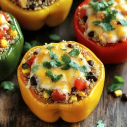 To make my tasty stuffed bell peppers, you need simple and fresh items. Here’s what to gather: - 4 large bell peppers (choose your favorite colors) - 1 cup quinoa, thoroughly rinsed - 2 cups vegetable broth - 1 can (15 oz) black beans, well-drained and rinsed - 1 cup corn (fresh off the cob or frozen) - 1 cup diced tomatoes (canned or fresh work well) - 1 teaspoon ground cumin - 1 teaspoon chili powder - Salt and freshly cracked black pepper, to taste - 1 cup shredded cheese (sharp cheddar or your preferred blend) - 2 tablespoons olive oil - Fresh cilantro, chopped for garnish (optional) You can mix in extra flavors to make your stuffed peppers special. Here are some ideas: - Chopped onions or garlic for more taste. - Jalapeños for heat and spice. - Spinach or kale for a healthy boost. - Different cheeses like feta or mozzarella for variety. - Fresh herbs like parsley or basil for a bright finish. Each serving of stuffed bell peppers offers a good balance of nutrients. Here’s what you can expect: - Calories: Approximately 350 - Protein: 15g - Carbohydrates: 50g - Dietary Fiber: 12g - Fat: 10g This dish is a great way to eat healthy and enjoy flavor. You can feel good about what you serve! For the full recipe, check out the details above. Start by washing the bell peppers. Cut the tops off and remove the seeds. Use a small knife to make this easy. Brush the outside with olive oil. This adds flavor and helps them cook nicely. Set the peppers aside while you prepare the filling. In a medium pot, bring vegetable broth to a boil. Once boiling, add the rinsed quinoa. Lower the heat and cover. Let it cook for about 15 minutes. The quinoa will absorb the broth and become fluffy. In a bowl, mix the cooked quinoa with black beans, corn, and diced tomatoes. Add cumin, chili powder, salt, and pepper. Stir well to combine all the flavors. Preheat your oven to 375°F (190°C). Fill each bell pepper with the quinoa mixture. Pack it down gently so each pepper is full. Place the peppers in a baking dish upright. Cover the dish with aluminum foil and bake for 25 minutes. Remove the foil and sprinkle cheese on top. Bake for another 10 minutes until the cheese is melted and golden. Let the peppers cool a bit before serving. Garnish with cilantro for a fresh touch if you like. Enjoy your delicious stuffed bell peppers! For more details, check the Full Recipe. To cook quinoa well, first rinse it to remove bitter saponins. Use two cups of vegetable broth for every cup of quinoa. Bring the broth to a boil. Then, add the rinsed quinoa. Lower the heat to a simmer and cover it. Cook for about 15 minutes until fluffy. Fluff it with a fork when done. This adds air and makes it light. When picking bell peppers, look for shiny skin and firm flesh. Choose peppers that feel heavy for their size. Avoid any with soft spots or wrinkles. For a colorful dish, mix red, yellow, and green peppers. Each color has a unique flavor, adding depth to your meal. One common mistake is overcooking quinoa. It should be fluffy, not mushy. Another mistake is filling the peppers too loosely. Make sure to pack the filling gently. This helps the peppers hold their shape while baking. Finally, don’t skip the cheese topping! It adds a creamy layer that enhances the flavor. For a full recipe, check out the [Full Recipe]. {{image_4}} For a tasty vegetarian option, use beans and grains. I love using quinoa or rice. These grains add texture and flavor. Mix in veggies like zucchini, spinach, or mushrooms. You can also add spices to boost taste. Try using garlic or smoked paprika for depth. Top with cheese or a vegan alternative for a rich finish. This variation is satisfying and colorful. If you prefer meat, ground beef or turkey works great. Brown the meat before mixing it with your grains. You can also use sausage for a spicy kick. Add onions, garlic, or bell pepper pieces to the mix for extra flavor. This version is hearty and filling. Pair it with a fresh salad for balance. Think beyond rice and beans! You can use farro, barley, or couscous. Each grain brings a unique taste and texture. For added fun, try stuffing with lentils or chickpeas. These options pack in protein and fiber. Mix in fresh herbs like basil or parsley to brighten flavors. Experimenting with different fillings keeps the dish exciting. Check out the Full Recipe for more ideas! To keep your stuffed peppers fresh, let them cool first. Place them in an airtight container. You can store them in the fridge for up to three days. Make sure they are sealed well to prevent drying out. If you want to keep them longer, freezing is a great option. When you're ready to enjoy your leftovers, preheat the oven to 350°F (175°C). Place the peppers in a baking dish. You can add a splash of broth or water to keep them moist. Cover the dish with foil to trap steam. Heat for about 20 minutes or until hot. You can also use a microwave for faster reheating. Just heat them for two to three minutes, checking often. To freeze stuffed peppers, wrap each one tightly in plastic wrap. Then, place them in a freezer-safe bag. Make sure to remove as much air as possible. They can be frozen for up to three months. When you're ready to eat, thaw them in the fridge overnight. Then, reheat them in the oven or microwave. You’ll have a tasty meal ready in no time! For the complete recipe, refer to the Full Recipe. Yes, you can use different grains for stuffing your bell peppers. Some great options include brown rice, farro, or even couscous. Each grain brings its own taste and texture. For a nutty flavor, try farro. If you want a quick option, couscous cooks fast. Just remember to adjust the cooking time and liquid needed based on the grain you choose. This way, you can mix and match flavors to suit your taste. You can tell when the stuffed peppers are done by checking their color and texture. They should be soft but not mushy. The cheese on top should be melted and slightly golden. If you pierce a pepper with a fork, it should slide in with little resistance. Keep an eye on them in the oven, especially during the last few minutes. This will help you catch that perfect moment when they are ready to serve. Stuffed bell peppers pair well with several side dishes. Here are some tasty options: - A fresh green salad to add crunch. - Garlic bread for a nice, warm side. - Steamed vegetables for a health boost. - Rice or quinoa for added carbs. These sides will complement the flavors of your stuffed peppers nicely, making your meal more satisfying. For a twist, you can also drizzle some balsamic glaze over your salad or veggies for extra flavor. Stuffed bell peppers are a fun and tasty meal. We covered key ingredients, like quinoa and optional spices. You learned how to prep and bake your peppers for the best taste. I shared tips, like choosing fresh peppers and cooking quinoa well. You can try various fillings for your own twist. Lastly, I explained how to store and reheat leftovers. Enjoy making these tasty, healthy dishes for you and your family. They’re simple to create and fun to eat!
