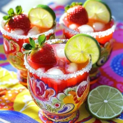 - 2 cups fresh strawberries, hulled and sliced - 1/4 cup freshly squeezed lime juice - Garnishes: lime slices and strawberry halves Fresh ingredients bring bright flavors. The strawberries give a sweet and juicy taste. Lime juice adds a zesty kick. Together, they balance perfectly. You can’t beat the freshness of ripe strawberries. For the best taste, choose vibrant, firm strawberries. Slicing them lets their juices mix better with lime. - 1/4 cup agave syrup or honey - How to adjust sweetness to taste Sweeteners help balance the tartness of lime. I love using agave syrup or honey to sweeten my drink. Start with 1/4 cup. Then, taste it. If you want it sweeter, add more. Remember, a little goes a long way. You can always add more, but you can't take it out! - 2 cups sparkling water or lime-flavored soda - Ice cubes For the fizz, use sparkling water or lime soda. The bubbles make the drink lively. Ice cubes keep it cold and refreshing. Fill your glass with ice before pouring the mocktail. This way, your drink stays chilled longer. Mixing these base ingredients creates a fun, bubbly drink for everyone. Start with your glasses. First, take a fresh lime and cut it in half. Rub the cut edge along the rim of each glass. Next, pour some sea salt onto a small plate. Dip the glass rim into the salt. This creates a tasty border. After rimming, set the glasses aside for later use. Now it’s time to make the puree. Grab your blender and add the hulled and sliced strawberries. Pour in the freshly squeezed lime juice. If you like sweetness, add agave syrup or honey. Blend everything on high until you have a smooth puree. After blending, taste it. If you want it sweeter, add more agave or honey slowly. In a large pitcher, gently mix the strawberry puree with sparkling water or lime soda. Stir carefully to keep the bubbles intact. This fizz makes your drink special! Once mixed, fill each glass with ice cubes. Then, pour the strawberry-lime mixture over the ice. The fizz will create a beautiful effect. Garnish each drink with a lime slice and a strawberry half. Enjoy your refreshing Strawberry Lime Margarita Mocktail! For the full recipe, check the detailed instructions above. To make your Strawberry Lime Margarita Mocktail shine, focus on color and style. Use bright, colorful glassware to catch the eye. Choose glasses that highlight the mocktail's vivid red and green hues. Setting the drinks on a lively tablecloth adds fun. I love to place small bowls of fresh strawberries and lime wedges next to the drinks. This makes for a cheerful and inviting display. Serving this mocktail chilled is key for the best taste. Start by chilling your glasses in the fridge or freezer. This keeps the drink cool longer. When ready, fill the glasses with ice cubes. Use large ice cubes to slow melting. This way, your drink stays cold without watering it down too fast. Creating a visually appealing mocktail is simple. The bright red of strawberries and green from lime make a stunning contrast. For garnishing, add a slice of lime on the rim and a strawberry half hanging over the edge. This adds a nice touch. You can also sprinkle some sea salt on the rim if you like a salty kick. This not only looks great, but it also enhances the flavors of the drink. {{image_4}} You can play with the fruits in this mocktail. Blueberries and raspberries are great choices. They add a new taste and color to your drink. You can use them in the same way as strawberries. You can also switch up the citrus. Lemons and oranges work well too. Lemon gives a nice tartness, while orange adds sweetness. Both can make your drink even more refreshing. If you're looking to change the sweetness, there are options! Agave and honey are popular. They mix well and give a nice flavor. You can also use natural fruit juices. Pineapple or mango juice can add sweetness and a fun twist. Just add them to the blender with your other ingredients. Want to spice things up? Add fresh herbs like mint or basil. They bring a cool flavor that pairs well with the fruit. Just a few leaves will do! You can also try a little spice. A dash of cayenne can give your drink a kick. It adds heat and makes your taste buds dance. Just be careful not to add too much! For the full recipe, check out the detailed instructions above. To keep fresh strawberries and limes, store them in the fridge. Place strawberries in a container lined with paper towels. This helps absorb moisture. Do not wash them until you are ready to use them. For limes, keep them in a fruit drawer. This helps them stay firm and juicy. Avoid keeping them near apples or bananas. These fruits emit ethylene gas, which can spoil limes faster. If you have leftover mocktail mixture, store it in a sealed pitcher. Keep it in the fridge for up to two days. To enjoy the best taste, drink it within 24 hours. The longer it sits, the fizz may fade. If you notice a change in taste, add fresh lime juice or sweetener to brighten it up. You can get creative with leftover strawberries and lime juice. Use extra strawberries in yogurt or smoothies. They also taste great in salads. For lime juice, add it to dressings or marinades. You can even freeze leftover mocktail in ice cube trays. These cubes can add fun flavor to future drinks. A Strawberry Lime Margarita Mocktail is a fun, non-alcoholic drink. It combines fresh strawberries and tangy lime juice for a sweet and zesty flavor. This drink gives you all the taste of a traditional margarita without the alcohol. It’s perfect for parties or just a hot day at home. You can make it easily with fresh ingredients like strawberries, lime juice, and sparkling water. This refreshing drink is great for everyone to enjoy! Yes, you can prepare this mocktail ahead of time. Start by making the strawberry puree and store it in the fridge. You can mix it with sparkling water just before serving. This keeps the fizz and flavor fresh. If you want to save time, pre-slice the strawberries and limes. Just remember, avoid mixing everything too early to keep it bubbly. This mocktail has many health benefits thanks to fresh fruits. Strawberries are packed with vitamins and antioxidants. They help boost your immune system and keep your skin healthy. Limes provide vitamin C, which is great for your health too. Using agave syrup or honey adds natural sweetness without extra refined sugar. Enjoying this drink means you get tasty flavors and good nutrition at the same time. You can easily scale this recipe for a party. Simply double or triple the ingredients based on how many guests you have. For example, use 4 cups of strawberries and 1/2 cup of lime juice for a larger batch. Make sure to keep the same proportions for the other ingredients. Mix it in a big pitcher and serve in multiple glasses. This way, everyone can enjoy a refreshing drink together. For the full recipe, check out the details above! This blog post showed you how to make a tasty Strawberry Lime Margarita Mocktail. We covered fresh ingredients, sweeteners, and base ingredients. You learned the steps for preparing and mixing, plus tips for serving. We also explored fun variations and storage tips. In conclusion, this mocktail offers a fun, flavorful drink for everyone. It’s easy to customize and perfect for any occasion. Enjoy making it and impress your guests with your skills!