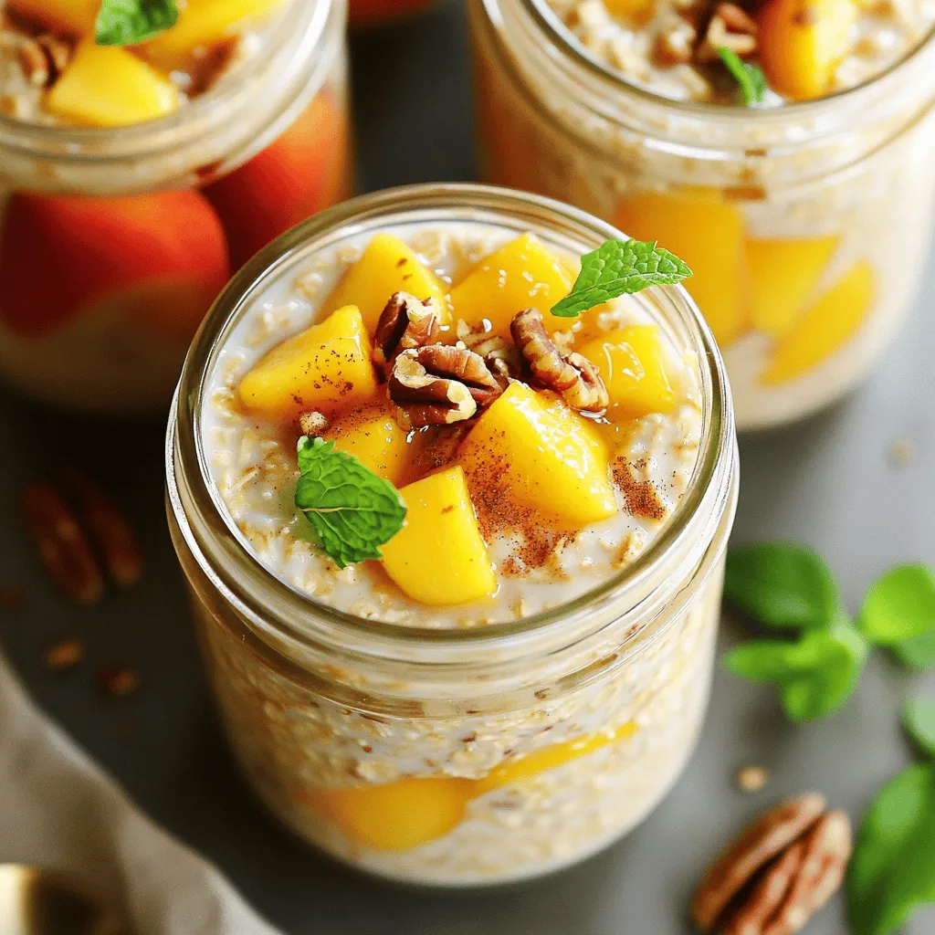 You need simple ingredients for this tasty dish: - 1 cup rolled oats - 1 cup almond milk (or any milk of choice) - 1 ripe peach, diced into small pieces - 1 tablespoon honey or maple syrup - 1/2 teaspoon vanilla extract - 1/2 teaspoon ground cinnamon - 1/4 teaspoon nutmeg (optional) - 1/4 cup Greek yogurt - 2 tablespoons chopped pecans - Fresh mint leaves (for garnish) You can swap some ingredients if needed: - Use oat milk or coconut milk in place of almond milk. - For a sweeter taste, try agave syrup instead of honey. - Any stone fruit, like nectarines or plums, works well instead of peaches. - If you want a nut-free option, leave out pecans or use sunflower seeds. - Swap Greek yogurt for a dairy-free yogurt for a vegan dish. This dish offers great nutrition. Here’s a quick look at what you’ll get per serving: - Calories: About 350 - Protein: 10 grams - Carbohydrates: 50 grams - Fiber: 8 grams - Sugars: 10 grams (if using honey) - Healthy fats: 7 grams Peach Cobbler Overnight Oats not only taste great but also fill you up with good nutrients. Enjoy the flavors and benefits! Start by gathering all your ingredients. You will need rolled oats, milk, a peach, honey, yogurt, and spices. This makes the process easy and fun. Measure out 1 cup of rolled oats and 1 cup of almond milk. If you want a different milk, feel free to switch it up. Next, cut your ripe peach into small pieces. You want them bite-sized for the best taste. In a medium bowl, mix the rolled oats with the almond milk. Then, add the diced peach, honey or maple syrup, vanilla extract, ground cinnamon, and nutmeg (if you like). Stir well until everything is blended. This is where the magic starts! Now, gently fold in 1/4 cup of Greek yogurt. Do this slowly to keep the creaminess. Once mixed, divide the oat mixture into two jars or airtight containers. Leave some space at the top for toppings. Sprinkle the chopped pecans on each portion. This adds a nice crunch that everyone loves! Seal the jars tightly with lids. Place them in the fridge overnight, or for at least 4-6 hours. This allows the oats to soak and get soft. The next morning, give the oats a good stir. You can add more honey or syrup if you want it sweeter. Serve chilled and top with extra peach pieces and fresh mint. This dish looks great and tastes even better! For the full recipe, check out the previous section. To make your overnight oats creamy, use rolled oats. They soak up liquid well and become soft. If you prefer a thicker texture, add more yogurt. Mixing the yogurt gently keeps it smooth. Avoid over-mixing to preserve that creaminess. Taste your oats before serving. If you want more sweetness, add extra honey or maple syrup. You can also use ripe peaches for natural sugar. Remember, everyone likes their oats a bit different, so adjust as needed. Presentation matters! Layer more diced peaches on top for a fresh look. A sprinkle of chopped pecans adds crunch. Fresh mint leaves give a pop of color and flavor. Serve in clear jars to show off the beautiful layers. For the full recipe, check the detailed steps above. {{image_4}} You can switch up the fruit in your Peach Cobbler Overnight Oats. Try using ripe apples or juicy plums. Strawberries or blueberries also work well in summer. Each fruit brings its own flavor and texture. This change keeps breakfast exciting. You can even mix different fruits for a fun twist. Always choose fresh, ripe fruit for the best taste. To make your oats more filling, add protein. Greek yogurt is a great choice. It mixes well and adds creaminess. You can also stir in protein powder. Choose vanilla or unflavored protein for a nice touch. Nut butter, like almond or peanut, is another tasty option. Just a spoonful gives your oats a rich taste and a protein kick. Sweetness is key in overnight oats. Honey and maple syrup are popular, but you can try other options. Agave nectar is a good choice for a lighter flavor. You can also use stevia or monk fruit for a low-calorie option. If you like a richer taste, brown sugar or coconut sugar works well. Adjust the amount based on your taste. To store leftover Peach Cobbler Overnight Oats, use airtight containers. Keep them in the fridge. They will stay fresh for up to three days. Make sure to cover them well to avoid drying out. If you skip this step, the oats may become hard and less tasty. You can freeze Peach Cobbler Overnight Oats for later use. Portion them into freezer-safe containers. They last about one month in the freezer. When you’re ready to eat, pull a portion out and thaw it in the fridge overnight. If you want it faster, you can also set it on the counter for a couple of hours. After thawing, stir well and enjoy! To keep your oats fresh, add toppings just before serving. This includes fruits, nuts, and herbs like mint. If you mix these in too soon, they may lose their crunch or become soggy. Store your oats in the back of the fridge, where it’s coldest. This helps maintain their quality longer. Always check for any signs of spoilage before eating. Yes, you can use any milk you like. Almond milk works well, but try oat, soy, or coconut milk too. Each type adds a unique flavor. If you prefer a creamier texture, use whole milk or 2% milk. Experiment with what you enjoy most! You can keep Peach Cobbler Overnight Oats for up to five days in the fridge. Just make sure to store them in airtight containers. This way, they stay fresh and tasty. If you notice any strange smells or textures, it’s best to toss them out. Yes, you can make this recipe vegan easily. Just replace honey with maple syrup for sweetness. Also, use a plant-based yogurt instead of Greek yogurt. Almond milk and other non-dairy milk options will work great too. Enjoy a delicious, vegan-friendly breakfast! For the full recipe, check out the detailed instructions above. Peach Cobbler Overnight Oats is a delightful way to start your day. We covered the ingredients you need and even discussed substitutions. I shared steps to prepare, mix, and store your oats for the best flavor. You learned helpful tips for creamy texture and sweetness adjustments. Don't forget the options for variations and how to store leftovers properly. These oats are easy, tasty, and flexible. Enjoy your healthy breakfast!