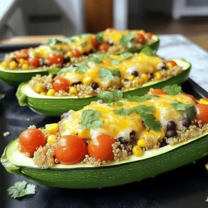 - 4 medium zucchinis - 1 cup cooked quinoa - 1 cup cherry tomatoes, halved - 1/2 cup corn kernels (fresh or frozen) - 1/2 cup black beans, rinsed and drained - 1/4 cup red onion, finely chopped - 1 teaspoon ground cumin - 1 teaspoon smoked paprika - Salt and pepper, to taste - 1/2 cup shredded cheese (cheddar or a flavorful blend) - Fresh cilantro, for garnish These ingredients bring a burst of flavor to your stuffed zucchini boats. Zucchini acts as a vessel for all the goodness inside. Quinoa adds protein and keeps it hearty. Cherry tomatoes and corn give a sweet touch. Black beans offer fiber and a rich taste. Red onion adds crunch and flavor. Cumin and smoked paprika bring warmth and depth. Cheese melts beautifully on top, making every bite creamy. Fresh cilantro brightens the dish with its color and taste. - Calories per serving: About 250 - Macronutrient breakdown: - Carbs: 30g - Fats: 10g - Protein: 12g This dish is not only tasty but also packed with nutrients. Zucchini is low in calories and high in water, making it filling. Quinoa provides a complete protein source, great for muscle repair. Black beans add fiber, which helps digestion. The cherry tomatoes are rich in vitamins, boosting your health. Overall, these stuffed zucchini boats are a smart choice for a meal. You can enjoy them guilt-free while also savoring the flavors. For the full recipe, check out the details above. - Preheat the oven to 375°F (190°C). - Slice zucchinis in half lengthwise and scoop out the seeds and pulp. To prepare the zucchinis, start with the oven. Preheating it ensures even cooking. Next, slice each zucchini in half. Use a spoon to scoop out the seeds and pulp, creating a hollow boat shape. Save the flesh for later. - Sauté onions in olive oil until translucent. - Add reserved zucchini flesh and remaining vegetables to the skillet. - Stir in cooked quinoa and combine well. Heat some olive oil in a skillet over medium heat. Add chopped red onions and sauté them until they look clear. This should take about 3-4 minutes. Next, chop the reserved zucchini flesh and toss it in. Add halved cherry tomatoes, corn, black beans, cumin, smoked paprika, salt, and pepper. Cook this mix for about 5 minutes. The tomatoes will soften and release their juices. Then, take the skillet off the heat. Stir in the cooked quinoa and mix it all together. - Fill the zucchini boats with the mixture. - Top with shredded cheese and bake for 20-25 minutes. Now, it’s time to fill your zucchini boats! Spoon the quinoa and vegetable mix into each hollowed zucchini. Pack it in well so each bite is full of flavor. After that, sprinkle shredded cheese on top. Place the filled zucchini on a baking sheet and pop it in the oven. Bake for 20-25 minutes. The zucchini should be soft, and the cheese will be melted and bubbly. For the full recipe, check the earlier section. To avoid watery zucchini, pick firm zucchinis. Slice them in half and scoop out the seeds and pulp. This creates a boat shape and helps keep them dry. You can also salt the insides to draw out moisture. Let them sit for 10 minutes, then rinse and pat dry. The best types of cheese for melting are cheddar, mozzarella, or a cheese blend. These cheeses melt well and add great flavor. Sprinkle a generous layer on top before baking. This makes your dish look and taste amazing! Adjusting spice levels is easy. Start with the basic spices, like cumin and smoked paprika. Taste your filling before stuffing the zucchini. If you want more heat, add chili powder or crushed red pepper. For less spice, reduce these ingredients. Serve your stuffed zucchini boats on a large platter or individual plates. A drizzle of olive oil adds a nice touch. You can also sprinkle fresh herbs for color. Cilantro or parsley work well for garnish. For plating, arrange the zucchini boats neatly. Use colorful plates to make the dish pop. Place a light balsamic reduction around the dish for extra flair. This adds both taste and visual appeal. Pair sides that complement the dish. A fresh salad with tomatoes and avocado works great. You could also serve it with rice or a grain salad. This balances the meal and adds variety. For the full recipe, check out the details above. Enjoy your cooking adventure! {{image_4}} You can change the filling to fit your taste. For a vegetarian option, swap black beans for lentils. This keeps the dish hearty and adds a new flavor. If you want protein, use ground turkey or chicken instead of beans. It makes the meal more filling. For a Mediterranean twist, try feta cheese and olives. This brings a salty and creamy taste that pairs well with zucchini. To make your stuffed zucchini boats gluten-free, use quinoa as a base. Quinoa is high in protein and has a nice texture. It also fills you up without any gluten. Instead of frying, consider baking or grilling the zucchini. This keeps it light and healthy. You still get that great taste without the added fat. How do you store leftover stuffed zucchini boats? First, let them cool completely. Then, place them in an airtight container. This helps keep them fresh. You can store them in the fridge for up to three days. For meal prep, I recommend dividing them into single servings. What are the best containers for meal prep? Glass containers work well. They are durable and don't stain. You can also use BPA-free plastic containers. Make sure they seal tightly to keep air out. How do you freeze stuffed zucchini boats? Start by letting them cool. Wrap each boat in plastic wrap. Then, place them in a freezer-safe bag. This keeps them fresh for about three months. What are the thawing and reheating guidelines? To thaw, move them to the fridge overnight. For reheating, place them in the oven at 350°F (175°C) for about 15-20 minutes. This makes them warm and tasty again. How long do stuffed zucchini boats take to cook? Stuffed zucchini boats take about 20 to 25 minutes to cook in the oven. You want the zucchini to be tender and the cheese melted. Can I make stuffed zucchini boats ahead of time? Yes! You can prepare the filling a day before and stuff the zucchini just before baking. This saves time and makes dinner easier. What can I use instead of quinoa? If you don't have quinoa, try using rice or bulgur. Both can add texture and flavor to your boats. Are stuffed zucchini boats healthy? Yes, stuffed zucchini boats are healthy. They are low in calories, high in fiber, and packed with nutrients from the vegetables. How do I know when zucchini is done cooking? Zucchini is done when it is tender and can be easily pierced with a fork. The cheese should also be melted and lightly golden. For the complete recipe, check out the [Full Recipe]. This blog post shared a great recipe for stuffed zucchini boats using fresh ingredients. You learned how to prepare and cook them with simple steps. I also covered tips for perfecting your boats and variations to suit your taste. Stuffed zucchini boats are not only delicious but also healthy and easy to store. Enjoy making them for meals or snacks. Embrace your kitchen creativity, and happy cooking!