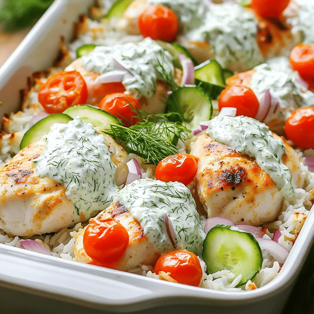 - 2 cups uncooked basmati rice - 4 boneless, skinless chicken breasts - 2 cups low-sodium chicken broth - 1 cup Greek yogurt - 1 medium cucumber, grated - 2 cloves garlic, minced - 1 tablespoon fresh dill (or 1 teaspoon dried dill) - 2 tablespoons lemon juice - ½ cup cherry tomatoes, halved - ¼ cup red onion, finely chopped In this dish, the main ingredients create a base that is both hearty and tasty. Basmati rice adds a lovely texture. The chicken breasts cook perfectly in the chicken broth, keeping them moist and flavorful. The tzatziki sauce is a star here. It brings a cool, refreshing taste that contrasts well with the warm chicken and rice. Greek yogurt is creamy, and grated cucumber adds crunch. Garlic gives it a nice kick. For seasoning, fresh dill adds a bright note. The lemon juice adds acidity, balancing the dish. Cherry tomatoes and red onion give color and crunch. You can find the full recipe for this dish online, where it combines all these ingredients into a delicious meal. - Preheat oven to 375°F (190°C). - In a large baking dish, mix 2 cups of uncooked basmati rice, 2 cups of low-sodium chicken broth, 1 teaspoon of salt, ½ teaspoon of black pepper, and 1 teaspoon of dried oregano. Stir well to blend. - Lay 4 boneless, skinless chicken breasts on top of the rice mixture. - Season the chicken. Use a sprinkle of salt, pepper, and a pinch of oregano for flavor. - Cover the baking dish tightly with foil. This keeps the moisture in. - Place the dish in the oven and bake for 40 minutes. - While it bakes, prepare the tzatziki sauce. In a bowl, mix 1 cup of Greek yogurt, 1 grated cucumber, 2 minced garlic cloves, 1 tablespoon of fresh dill, 2 tablespoons of lemon juice, 1 teaspoon of salt, and a bit of black pepper. Stir until mixed. After 40 minutes, check the chicken. It should be at 165°F (75°C), and the rice should be soft. If needed, bake uncovered for an extra 5-10 minutes. Let it rest for 5 minutes before serving. Fluff the rice with a fork and serve with tzatziki sauce on top. Enjoy this simple, yet tasty dish! For the full recipe, check the details above. Sealing the baking dish is very important. It traps steam and keeps the rice moist. Use aluminum foil to cover the dish tightly. This step ensures even cooking for both the chicken and rice. To check if the chicken is done, use a meat thermometer. Insert it into the thickest part of the chicken. The temperature should reach 165°F (75°C). This guarantees your chicken is safe to eat. If it needs more time, bake it uncovered for 5 to 10 more minutes. For a family-style presentation, serve the dish directly from the baking dish. Fluff the rice with a fork before serving. Drizzle the tzatziki sauce over the chicken and rice. Top with fresh cherry tomatoes and red onion for color and taste. You can also add extra dill or cucumber slices as a garnish. Oven performance can vary, so adjust cooking times as needed. If your oven runs hot, check the food a bit early. If it runs cool, you may need to add a few minutes. Different rice types may also change cooking times. Brown rice usually takes longer than basmati. If you use brown rice, add extra chicken broth and bake for 10 to 15 more minutes. Always check the rice for doneness before serving. For the full recipe, refer to the earlier sections. {{image_4}} You can change the proteins in this dish to fit your taste. Turkey works well if you want a leaner option. If you prefer plant-based meals, try tofu. Both options offer great flavor and texture. Switching rice types can also bring new life to this dish. Brown rice gives a nutty taste and more fiber. Jasmine rice adds a lovely floral aroma. Feel free to experiment with what you have! Want to spice things up? Add paprika for a smoky kick. Cumin brings warmth and depth to your dish. Just a pinch can make a big difference. You can also mix in different vegetables. Bell peppers, zucchini, or spinach can add color and nutrients. Toss in what you enjoy or what’s in season. For those needing gluten-free meals, use certified gluten-free broth. This small swap makes it safe for everyone. If you're watching carbs, go for cauliflower rice instead of basmati. It gives a similar texture and absorbs flavors well. This change keeps your meal light yet satisfying. For the full recipe, refer to the earlier section. Enjoy your cooking adventure! Store your leftovers in the fridge right away. Place the chicken and rice in airtight containers. This keeps the dish fresh. I recommend glass or BPA-free plastic containers. These materials help maintain flavor and texture. You can freeze portions for later. Use freezer-safe containers or heavy-duty bags. Make sure to label them with the date. When ready to eat, thaw in the fridge overnight. Reheat in the oven or microwave until hot. The dish should reach 165°F (75°C) for safety. In the fridge, your dish lasts about three to four days. In the freezer, it can last up to three months. Look for signs of spoilage. If you see mold or a bad smell, it’s best to throw it away. Always trust your senses when it comes to food safety. Yes, you can prepare the Dump and Bake Chicken Tzatziki Rice in advance. Just follow these steps: - Meal Prep: Cook the chicken and rice as directed. Let it cool before storing. This prevents sogginess. - Freezing: You can freeze portions in airtight containers. This keeps it fresh for later meals. Just thaw in the fridge overnight before reheating. If you don’t have Greek yogurt, here are some great alternatives: - Regular Yogurt: Use plain yogurt for a similar taste but a thinner texture. - Sour Cream: This will add creaminess and a slightly tangy flavor. - Dairy-Free Options: Almond or coconut yogurt works well if you want a non-dairy choice. Absolutely! Feel free to switch up the herbs in your tzatziki sauce. Here are some ideas: - Mint: Adds a refreshing touch. - Parsley: Gives a fresh green flavor. - Chives: Provides a mild onion taste. Experiment with these herbs to create your own unique twist on this classic sauce. For the full recipe, check the detailed guide above. This recipe blends simple ingredients for a delicious meal. You combine rice, chicken, and spices for a tasty dish. Tzatziki sauce adds flavor and a cool touch. Remember to store leftovers properly to enjoy later. Feel free to experiment with different proteins and herbs to make it your own. Cooking is simple, fun, and rewarding. Enjoy every bite of your creation!