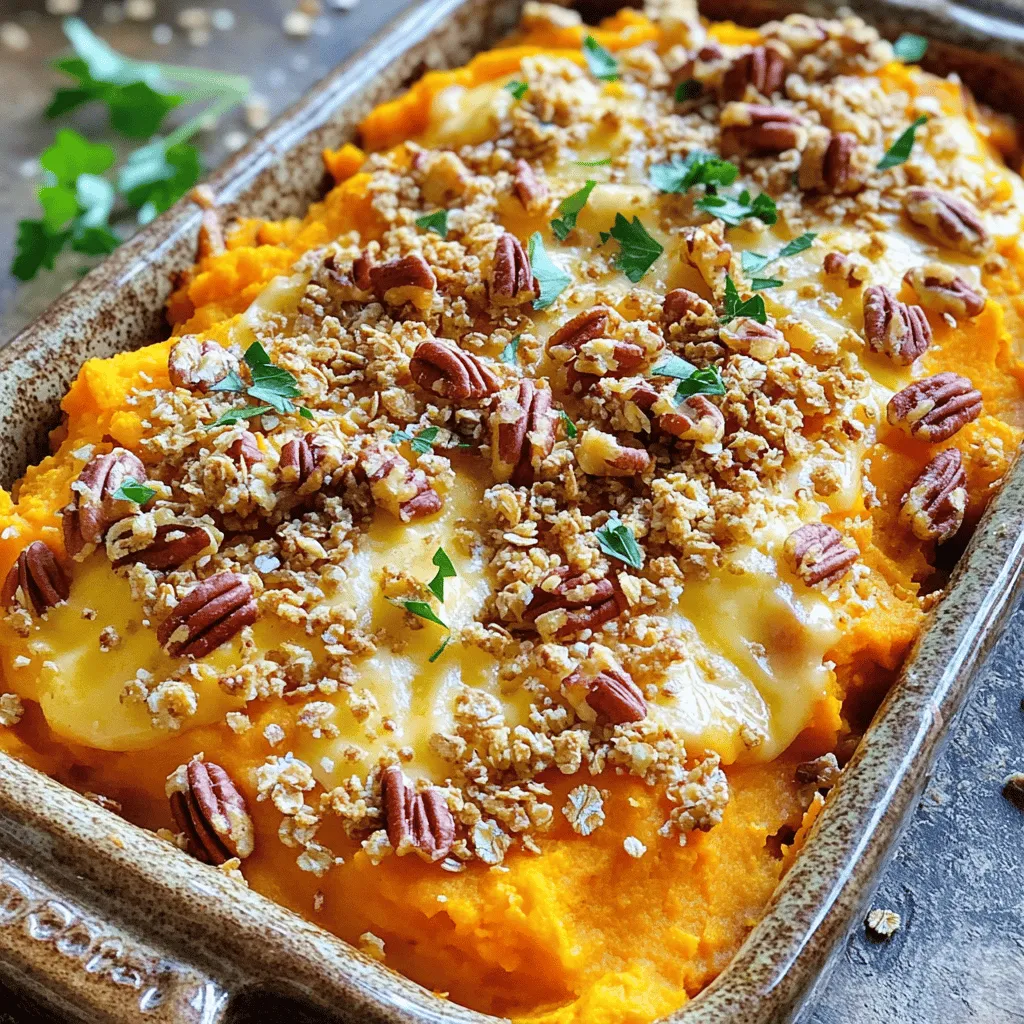 - 4 large sweet potatoes - 1 cup milk (or dairy-free alternative) - 2 tablespoons unsalted butter - 1/2 cup brown sugar - Ground spices and seasoning (cinnamon, nutmeg, salt, pepper) - Cheeses (sharp cheddar and Parmesan) - 1 cup pecans, chopped - 1/2 cup rolled oats The sweet potato casserole needs simple ingredients that blend well. Sweet potatoes are the base. They add natural sweetness and creaminess. For extra creaminess, use milk or a dairy-free option. I love unsweetened almond milk for a lighter touch. Unsalted butter adds richness. Brown sugar enhances the sweetness. Ground cinnamon and nutmeg give warmth and depth. Salt and pepper balance the flavors. Cheddar and Parmesan bring a savory kick. They melt beautifully and add a nice texture. Chopped pecans add crunch. Rolled oats add a hearty element to the topping. You can find the Full Recipe at the end for more details. 1. Preheat oven and prepare sweet potatoes Start by preheating your oven to 350°F (175°C). This step is key for baking your casserole evenly. Next, take 4 large sweet potatoes, peel them, and cut them into 1-inch cubes. 2. Boil and mash sweet potatoes Place the sweet potato cubes in a large pot. Cover them with water and bring it to a boil over medium-high heat. Cook the potatoes for 15-20 minutes until they are fork-tender. Drain the potatoes and let them cool for a few minutes. Then, mash them in the pot until smooth and creamy. 3. Mix sweet potato mixture ingredients In a large bowl, combine your mashed sweet potatoes with 1 cup of milk, 2 tablespoons of unsalted butter, and 1/2 cup of packed brown sugar. Add 1 teaspoon of ground cinnamon, 1/2 teaspoon of ground nutmeg, and season with salt and freshly ground black pepper. Mix everything well until it’s creamy. Finally, fold in 3/4 cup of shredded sharp cheddar cheese, saving 1/4 cup for later. 1. Transfer to baking dish and prepare topping Pour the sweet potato mixture into a greased 9x13-inch baking dish. Spread it evenly with a spatula. In another bowl, combine 1 cup of finely chopped pecans, 1/2 cup of rolled oats, and the reserved cheddar cheese. Mix it well and sprinkle this topping evenly over the sweet potato mixture. 2. Bake and check for doneness Place the baking dish in your preheated oven. Bake for 30-35 minutes. You want the top to look golden brown and crispy. After baking, take it out and let it cool for about 5-10 minutes before serving. This will help it set a little more. For the complete recipe, refer to the Full Recipe section. To make the best savory sweet potato casserole, focus on mashing technique. Use a potato masher for smoothness. Avoid using a blender; it makes the potatoes gummy. Mash until creamy, but leave a few chunks for texture. Adjust cooking time based on your sweet potatoes. They should be fork-tender after 15-20 minutes of boiling. If they’re larger, cook them a bit longer. Always check for doneness by piercing with a fork. When serving, choose a decorative dish to elevate the look. This dish deserves a warm and inviting presentation. Drizzle honey on top for a sweet touch. It pairs perfectly with the savory flavors. For garnishing, sprinkle fresh parsley over the casserole. This adds a pop of color and freshness. You can also add a few extra pecans on top for crunch. For the full recipe, check the earlier sections. Enjoy your savory sweet potato casserole! {{image_4}} You can easily make swaps in this recipe. For a dairy-free option, use unsweetened almond milk instead of regular milk. This keeps the dish creamy without dairy. If you want to add more flavor, think about spices and herbs. A pinch of cayenne pepper can add heat. Fresh thyme or rosemary gives a nice earthy taste. This casserole pairs well with many proteins. Try serving it alongside roasted chicken or grilled salmon. It adds a great balance to your meal. For meal prep, this dish stores well in the fridge. You can make it ahead and reheat when ready to eat. Simply cover it tightly and keep it in the fridge for up to three days. For more details, check the Full Recipe. To keep your savory sweet potato casserole fresh, you can store it in the fridge or freezer. - Refrigeration tips: Let the casserole cool completely. Cover it tightly with plastic wrap or aluminum foil. It will stay good for about 3 to 5 days in the fridge. - Freezing instructions: If you want to freeze it, place the cooled casserole in an airtight container. You can also use a freezer-safe dish. It will last for about 2 to 3 months. Thaw it overnight in the fridge before reheating. Reheating your casserole properly ensures it stays delicious. - Best methods for reheating: Preheat your oven to 350°F (175°C). Cover the dish with foil to keep it moist. Heat for about 20-30 minutes or until heated through. You can also use a microwave on medium power, stirring occasionally. - Maintaining texture and flavor: To keep the top crispy, uncover the casserole in the last 10 minutes of reheating. This method helps revive the crunchy topping while warming the creamy base. Enjoy your tasty dish again! Can I make this recipe ahead of time? Yes, you can prepare this dish ahead of time. Make the casserole and store it in the fridge. Cover it well to keep it fresh. Bake it the next day for a warm meal. What can I substitute for sweet potatoes? You can use butternut squash or regular potatoes. Both can offer a nice taste. Just chop them into similar-sized pieces before cooking. Is there a vegan version of this casserole? Absolutely! Use almond milk instead of regular milk. Swap the butter for coconut oil or vegan butter. You can also skip the cheese or choose a plant-based cheese. How long does the casserole last in the fridge? This casserole lasts about 3 to 5 days in the fridge. Make sure to store it in an airtight container. Reheat it well before serving. For the full recipe, check the detailed steps above! This blog post shared a delicious sweet potato casserole recipe. We covered the key ingredients, like sweet potatoes and cheese, and walked through easy preparation steps. You learned tips for perfecting the dish and creative serving ideas. Variations let you customize flavors and make it your own. Proper storage and reheating techniques ensure your casserole stays fresh. Try this recipe for a comforting meal that everyone will enjoy. Happy cooking!
