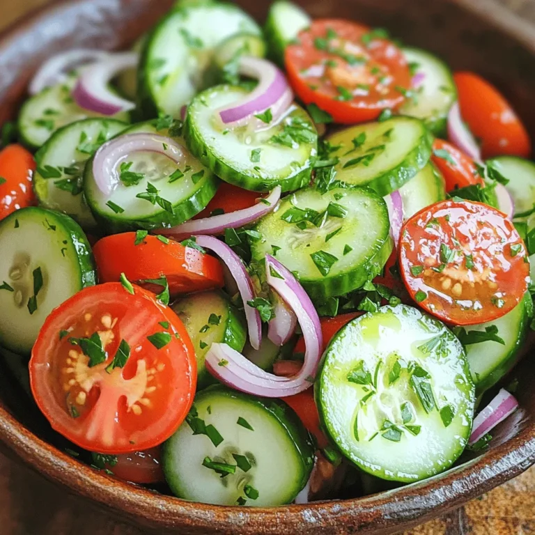 - 2 large cucumbers, thinly sliced into rounds - 3 medium tomatoes, diced into bite-sized pieces - 1 small red onion, thinly sliced into rings Fresh produce brings life to this dish. The cucumbers are crisp and refreshing. The tomatoes add a juicy burst of flavor. The red onion brings a bit of sharpness. Together, they create a colorful and tasty salad. - 1/4 cup rice vinegar for a tangy flavor - 2 tablespoons extra virgin olive oil for richness - 1 teaspoon granulated sugar to balance acidity The marinade makes this dish pop. Rice vinegar gives it a nice tang. Extra virgin olive oil adds a smooth richness. Sugar balances the vinegar's acidity, making each bite delicious. This mix is simple yet effective. - 1 clove garlic, finely minced for an aromatic kick - 1 teaspoon dried oregano for an herby note - Salt and pepper to taste for seasoning - Fresh parsley, finely chopped (for garnish) Seasonings bring depth to the flavors. Garlic adds a warm aroma, while oregano gives an herby touch. Salt and pepper help to enhance all the tastes. Fresh parsley on top not only looks nice but also adds a fresh flavor. If you want to impress your guests, this is the way to do it. You can find the Full Recipe for complete details. Start by slicing the cucumbers. Use a knife to cut them into thin rounds. Thin slices help the cucumbers soak up the marinade better. Next, take the tomatoes. Dice them into bite-sized pieces. This size makes them easy to eat and mix with other veggies. Now, prepare the red onion. Slice it into thin rings. The onion adds crunch and flavor to the dish. In a small bowl, whisk together the rice vinegar and extra virgin olive oil. This mix creates a tangy and rich base. Add one teaspoon of granulated sugar. This sugar balances the vinegar’s tartness. Then, add the minced garlic and dried oregano. These will give your marinade an aromatic kick. Finally, season with salt and pepper to taste. Whisk until everything combines well and the sugar dissolves. In a large mixing bowl, combine the sliced cucumbers, diced tomatoes, and red onion. Pour the marinade over the vegetables. Toss everything together gently. Make sure all the veggies are well-coated in the dressing. Cover the bowl tightly with plastic wrap or a lid. Refrigerate for at least 30 minutes. This chilling time allows the flavors to meld and creates a refreshing salad. When ready to serve, give it a gentle toss again to mix. You can check the taste and adjust the seasoning if needed. Enjoy this vibrant dish as a side or light meal. For more details, check the Full Recipe. To boost the taste of your marinated cucumbers and tomatoes, try adding some spices. A pinch of crushed red pepper adds heat. Fresh dill gives a bright, herby taste. You can even use a splash of lemon juice for extra zing. For the best flavor, marinate your salad for at least 30 minutes. This allows the veggies to soak up the marinade. If you have time, letting it sit for a few hours or overnight really deepens the taste. When serving, presentation matters. Use a bright bowl that shows off the colors of the salad. You can layer the cucumbers and tomatoes for a nice look. Sprinkle fresh parsley on top for a pop of green. These marinated cucumbers and tomatoes work well with many dishes. Serve them alongside grilled meats or fish. They also pair nicely with rice or quinoa. You can even use them in sandwiches or wraps for added crunch. For the full recipe, check out the details above. {{image_4}} You can change the flavor of marinated cucumbers and tomatoes by using different vinegars. While rice vinegar gives a nice tang, you can try apple cider vinegar for a fruitier taste. Balsamic vinegar adds a sweet twist that pairs well with the freshness of the veggies. Explore what you like best! Adding other vegetables can also make the dish more exciting. Bell peppers bring color and crunch. You can also try carrots, radishes, or even zucchini for a unique mix. Just slice them thinly so they soak up the marinade well. This recipe is easy to adjust for different diets. It is already vegan since it uses no animal products. To keep it gluten-free, just ensure your vinegar and any additional ingredients are gluten-free. If you want a low-sugar option, you can skip the sugar entirely. The natural sugars in the tomatoes and cucumbers will keep the dish tasty. You can also try a sugar substitute for a healthier choice. For the full recipe, check out the details in the main section. After making your marinated cucumbers and tomatoes, store them in the fridge. Use an airtight container to keep them fresh. The salad stays good for about three days. The flavors deepen over time, which is great! Make sure to give it a gentle stir before serving. I don’t recommend freezing marinated cucumbers and tomatoes. The texture changes when frozen. Cucumbers become mushy, and tomatoes lose their bite. Enjoy them fresh for the best taste and crunch! If you want to keep some extra, try making a smaller batch. This way, you can enjoy them right away. For the full recipe, check the above section! You can keep marinated cucumbers and tomatoes in the fridge for about three days. After that, the veggies start to lose their crunch. Always check for any off smells or changes in color before eating. Keep your dish covered tightly to maintain freshness. Yes, you can use other oils. If you want a different taste, try avocado oil or grapeseed oil. Both options work well and add unique flavors. You can also use sesame oil for a nutty twist. Just remember, different oils may change the final taste of your dish. Marinated cucumbers and tomatoes are great with many meals. Serve them with grilled chicken or fish for a light dinner. They also make a nice side for sandwiches or wraps. Enjoy them as a snack with some pita chips. Their fresh taste adds a pop to any meal. For the full recipe, check out the details above. In this article, we explored how to make marinated cucumbers and tomatoes. We covered fresh produce, marinade ingredients, and seasonings. You learned easy steps for preparation and mixing, plus tips for enhancing flavor. There were also variations to fit different diets and storage advice for leftovers. Enjoy experimenting with this simple dish. It's fresh, healthy, and very tasty! Use the tips to make it your own and enjoy delightful flavors at your table.