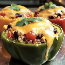 - 4 large bell peppers (red, yellow, green, or orange) - 1 cup quinoa (rinsed) - 2 cups vegetable broth (low-sodium option) - 1 can black beans (15 oz, drained and rinsed) - 1 cup corn (fresh, frozen, or canned) - 1 cup cherry tomatoes (halved) - 1 teaspoon ground cumin - 1 teaspoon smoked paprika - ½ teaspoon garlic powder - ½ teaspoon onion powder - Salt and pepper (to taste) - 1 cup shredded cheese (cheddar or Mexican blend) - Fresh cilantro (for garnish) When I prepare savory stuffed peppers, I love using colorful bell peppers. They add beauty and sweetness to the dish. You can choose any color you like! Quinoa is my go-to grain. It’s healthy and adds a nice texture. I always rinse it to remove any bitterness. Using low-sodium vegetable broth makes the dish light and flavorful. Black beans provide protein and fiber. You can use canned beans for convenience. Corn adds a sweet crunch. I often use fresh corn in the summer. In the winter, frozen or canned corn works well. Cherry tomatoes give a burst of freshness. I halved them to mix well with other ingredients. The spices are key! Ground cumin and smoked paprika add warmth and depth. I use garlic and onion powder for extra flavor. Don’t forget salt and pepper to season the mix. Finally, I top the peppers with shredded cheese. Cheddar or a Mexican blend both melt beautifully. Fresh cilantro adds a bright finish. It’s a simple yet delightful twist! This whole blend makes for a delicious meal. For the full recipe, check out the link. - Preheat the oven to 375°F (190°C). - Cut the tops off the bell peppers and remove seeds. Start by setting your oven temperature. This step warms the oven for baking. Next, take your bell peppers and cut off the tops. Be careful to remove the seeds and membranes. This ensures your stuffing will fit well. Place the peppers cut-side up in a baking dish. - Combine quinoa and vegetable broth in a saucepan. - Bring to a boil, then simmer until liquid is absorbed. In a medium saucepan, mix the rinsed quinoa with vegetable broth. This adds flavor. Bring the mixture to a boil. Once it boils, reduce the heat to low. Cover the pot and let it simmer for about 15 minutes. After that, fluff the quinoa with a fork. It should be light and fluffy. - Combine fluffed quinoa with black beans, corn, tomatoes, and spices. In a large mixing bowl, add the fluffed quinoa. Then, mix in black beans, corn, and halved cherry tomatoes. Season with ground cumin, smoked paprika, garlic powder, onion powder, salt, and pepper. Stir well to blend all the flavors. - Fill each pepper with the quinoa mixture. - Top with shredded cheese. Now it’s time to stuff the peppers. Spoon the quinoa mixture into each pepper. Press it down gently to pack it tight. After filling, sprinkle shredded cheese on top of each pepper. This will melt beautifully while baking. - Bake covered with foil, then uncovered until golden. - Garnish with fresh cilantro before serving. Cover the baking dish with aluminum foil. Place it in the preheated oven and bake for 25 minutes. After that, remove the foil. Bake for an additional 10-15 minutes. You want the cheese to melt and turn golden. Once done, take them out and let them cool. Finally, garnish with fresh cilantro. This adds a burst of flavor and color. Enjoy your savory stuffed peppers! To ensure your peppers are tender, cook them covered with foil at first. This traps steam and helps soften them. If you use larger peppers, you may need to add more time. Check them after 30 minutes. If they still feel firm, cook for another 5 to 10 minutes. To elevate the taste, try adding spices like chili powder or oregano. Fresh herbs, like basil or parsley, also work well. You can make your own veggie broth for a richer flavor. Just simmer some vegetable scraps, like onion peels and carrot tops, in water for 30 minutes. For a party, serve the stuffed peppers on a large platter. Drizzle with olive oil or balsamic reduction for flair. When plating, place the peppers upright on a colorful plate. This adds visual appeal and makes them look gourmet. {{image_4}} You can switch up the filling for your stuffed peppers with different proteins. Ground chicken or turkey works well. They add a nice flavor and are leaner than beef. Tofu is a great choice if you want a meatless option. Just crumble it and mix it in with your veggies. If you want to get creative, try seafood! Shrimp or crab meat can offer a unique taste. Just chop the seafood into small pieces and mix it in. This twist can bring a delightful new flavor to the dish. For a vegetarian or vegan version, think about plant-based proteins. Black beans are a good choice since they are filling and full of fiber. Lentils also make a great option. They cook quickly and absorb flavors well. If you want a dairy-free option, use vegan cheese. Many brands offer tasty alternatives that melt nicely. You can also skip the cheese altogether and focus on herbs for flavor. Want to spice things up? Add jalapeños or a splash of hot sauce to the filling. This will give your peppers a nice kick. You could also try a Mediterranean twist. Stuff the peppers with a mix of olives, feta cheese, and herbs like parsley or basil. This will transport your taste buds to a sunny day by the sea. Explore these variations to make savory stuffed peppers even more enjoyable. Check out the Full Recipe to get started! To store leftover stuffed peppers, let them cool first. Place them in an airtight container. This keeps them fresh and safe. You can store them in the fridge for about 3 to 5 days. If you want to enjoy them later, make sure to check for any signs of spoilage before eating. If you want to freeze stuffed peppers, wrap each one in plastic wrap. Then, place them in a freezer bag. This keeps them safe from freezer burn. Stuffed peppers can last up to 3 months in the freezer. When you're ready to eat them, take them out and thaw them in the fridge overnight. To reheat, bake them for about 20 minutes at 350°F (175°C) until they are hot. You can also microwave them for a quicker option, just make sure they heat evenly. Enjoy your stuffed peppers fresh and tasty, even after freezing! Stuffed peppers usually take about 35 to 40 minutes to bake. You cover them with foil for the first 25 minutes. Then, remove the foil and bake for another 10 to 15 minutes. The time can change based on the size of the peppers and how packed they are. Larger peppers may need extra time to cook through. Always check if the cheese is melted and bubbly. Yes, you can prepare stuffed peppers in advance. You can stuff the peppers and keep them in the fridge for up to 24 hours. Just cover them tightly with plastic wrap. When you are ready to bake, add a few extra minutes to the cooking time. This helps the flavors blend well. If you do not have quinoa, you can use rice or couscous. Brown rice adds a nice texture. For a gluten-free choice, use cauliflower rice. You can also try barley for a chewier bite. Just make sure to adjust cooking times for these grains. Yes, stuffed peppers can be gluten-free. The main ingredients, like quinoa and beans, are all gluten-free. Just make sure any additional ingredients, like broth or spices, are also gluten-free. This makes it a great dish for people with gluten sensitivities. You will know the stuffed peppers are done when the cheese is melted and golden. The peppers should feel tender when you poke them with a fork. They should not be too soft, as you want them to hold their shape. If you see steam rising from the filling, it’s a good sign they are ready to eat. You now have a tasty way to enjoy stuffed peppers. With fresh ingredients like quinoa, beans, and cheese, these peppers are both healthy and satisfying. Remember to pick favorite spices to make them your own. Storage tips keep leftovers fresh for later. Feel free to play with different proteins or flavors for new versions. Whether you’re making them for a meal or a party, these stuffed peppers will impress. Get ready to enjoy a fun and easy dish!