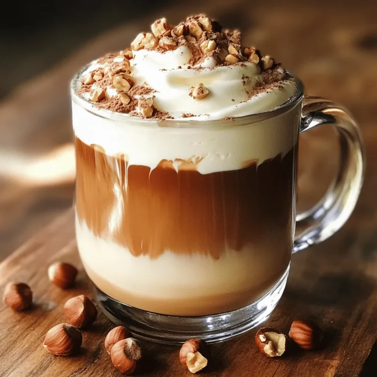 - 1 cup brewed strong coffee or espresso - 1 tablespoon roasted hazelnut syrup (or homemade hazelnut paste) - 2 tablespoons unsweetened cocoa powder - 1 cup steamed milk (your choice of dairy or plant-based) - 1-2 teaspoons sugar or sweetener of choice (optional) - Whipped cream for topping (optional) - Chopped roasted hazelnuts for garnish - A pinch of sea salt You can swap the brewed coffee for decaf if you prefer less caffeine. For the hazelnut syrup, try homemade hazelnut paste. If you want a sweeter drink, use flavored syrups like vanilla or caramel. Unsweetened cocoa can be replaced with sweetened cocoa if you like it sweeter. For the milk, almond, oat, or soy milk works great. You can skip the whipped cream for a lighter drink. If you don’t have hazelnuts, any nut can work for garnish. - Coffee: Rich in antioxidants, coffee may boost energy and improve mood. - Hazelnuts: Packed with healthy fats, hazelnuts support heart health and may lower cholesterol. - Cocoa Powder: This ingredient contains flavonoids that enhance brain function and boost heart health. - Milk: Provides calcium and vitamin D, which are essential for strong bones. - Sugar: While too much is not healthy, a small amount can improve taste and energy. This Roasted Hazelnut Mocha Latte is not only tasty but also brings a range of health benefits. For the complete recipe, check out the [Full Recipe]. First, brew your coffee or espresso. You want it strong. This strong brew gives your latte a rich flavor. Use your favorite method, like a French press or espresso machine. Next, gather a small bowl. Add unsweetened cocoa powder and sugar if you want it sweet. Pour in a splash of hot water. Stir until you have a smooth paste. Make sure there are no lumps. This paste will add deep chocolate flavor. Now, take a medium saucepan. Pour in your brewed coffee. Add the roasted hazelnut syrup and the chocolate paste. Whisk it all together over medium heat. Keep stirring until it’s warm but don’t let it boil. This step blends the flavors perfectly. In another saucepan, heat your milk. You can use dairy or plant-based milk. Get it hot and frothy. If you don’t have a steamer, use a microwave or stove. After heating, whisk or froth the milk until you see bubbles. This makes the milk creamy. Grab a large mug. Pour the warm coffee mixture into it. Leave some space at the top for milk. This ensures a nice blend of flavors as you pour. Gently pour the frothy steamed milk over the coffee. Let it mix a bit. This creates a lovely layered look. The milk should float on top, adding a nice texture. If you want to go all out, add whipped cream on top. Sprinkle chopped roasted hazelnuts over the cream. Lastly, add a pinch of sea salt to boost the flavors. This finishing touch makes your latte special. Enjoy every sip of your Roasted Hazelnut Mocha Latte! For the complete recipe, check the Full Recipe section. To brew the best coffee for your latte, use fresh beans. A strong coffee makes a rich base. Aim for a medium to dark roast for deeper flavor. Grind the beans just before brewing to keep the taste bright. Measure your coffee carefully; one to two tablespoons per six ounces of water works well. If using a French press, let it steep for four minutes for a full-bodied brew. Frothing milk adds a creamy texture to your latte. Start with cold milk for the best foam. Whole milk froths the best, but you can use any type. Heat the milk to about 150°F, but don’t boil it. Use a milk frother or a whisk to create foam. Move the frother up and down in the milk for airy bubbles. If you don’t have a frother, shake the milk in a jar before heating. Presentation makes your latte feel special. Use a clear glass mug to show off the layers. Pour the coffee mixture first, then add the frothed milk gently. Top with whipped cream for extra indulgence. Sprinkle chopped hazelnuts on top for a nice crunch. A pinch of sea salt brightens the flavors. Serve with a few whole hazelnuts on the side for a lovely touch. For the full recipe, check out the earlier sections. {{image_4}} You can easily make this latte dairy-free. Use almond milk, oat milk, or soy milk. Each gives a unique taste. Almond milk adds a nutty flavor. Oat milk creates a creamy texture. Soy milk offers a rich, smooth base. You can even try coconut milk for a tropical twist. Just heat and froth them like regular milk. Add fun spices to your latte for extra flavor. A pinch of cinnamon or nutmeg can warm it up. You can also try vanilla extract for a sweet touch. Or add a drop of peppermint extract for a festive vibe. These small changes can really enhance your drink. If you love chocolate or hazelnuts, go big! Add more cocoa powder for a richer taste. You can also increase the hazelnut syrup for a stronger nutty flavor. Don't be shy! Adjust these amounts to suit your taste. Each sip will be a chocolatey, nutty delight. For the full recipe, check out the details above. If you have leftover mocha latte, pour it into an airtight container. Seal it tightly and place it in the fridge. This keeps it fresh for later. Aim to use it within two days for the best flavor. To reheat your mocha latte, pour it into a saucepan. Heat it on low over the stove. Stir gently to avoid burning. You can also use a microwave. Heat it in short bursts, stirring in between. This keeps the taste and creaminess intact. Homemade hazelnut syrup can last up to two weeks in the fridge. Store it in a clean, airtight bottle. Always check for any signs of spoilage before using it. If it smells off or looks strange, it’s best to toss it out. The best coffee for a mocha latte is strong coffee or espresso. Espresso gives a rich flavor. You want a bold taste to balance the chocolate and hazelnut. A light brew may not hold up against the other flavors. Try a dark roast for a deeper taste. Yes, you can make this latte without espresso. Strong brewed coffee works well too. Use the same amount as you would for espresso. Just ensure it is strong enough to maintain the latte's richness. This will keep the flavor balanced and enjoyable. You can find Roasted Hazelnut Mocha Latte at many coffee shops. Check local cafes or specialty coffee places. Some chains offer similar flavors, but the best is often at small cafes. They tend to use fresh ingredients and make drinks with care. Yes, you can use different sweeteners in this recipe. Options include honey, maple syrup, or stevia. Choose based on your taste and dietary needs. Each sweetener will add a unique flavor, so feel free to experiment. Adjust the amount to your liking for the perfect balance. For the full recipe, check the Roasted Hazelnut Mocha Latte section. This blog covers how to make a Roasted Hazelnut Mocha Latte. We discussed key ingredients and their health benefits. I shared easy steps for making the drink, along with tips for brewing coffee and frothing milk. We also explored variations and storage tips. In closing, this latte is simple to make and enjoyable. Whether you try a new flavor or stay classic, it’s a tasty treat. So grab your coffee and start brewing today!