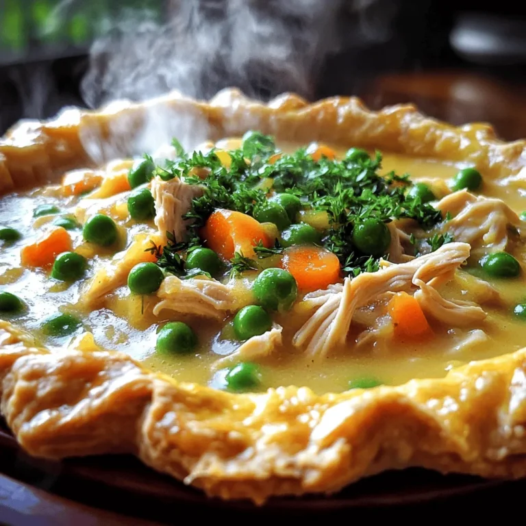 - Chicken: 2 cups shredded cooked chicken (rotisserie recommended) - Vegetables: 1 cup each of diced carrots, peas, and potatoes, 1/2 cup finely diced celery, and 1/2 cup chopped onion - Base: 3 tablespoons unsalted butter, 3 tablespoons all-purpose flour - Liquids: 2 cups low sodium chicken broth, 1 cup whole milk - Seasoning: 1 teaspoon garlic powder, 1 teaspoon dried thyme, salt, and pepper - Crust: 1 package of refrigerated pie pastry (2 crusts) or homemade pie crust - Fresh herbs: Consider adding rosemary or parsley - Extra vegetables: Corn or green beans for added texture - Presentation ideas: Garnish with fresh herbs for a pop of color - Pair with a light salad for balance When making classic chicken pot pie, focus on quality ingredients. I love using rotisserie chicken for its rich flavor. You can add diced carrots, peas, and potatoes for a hearty mix. The butter and flour create a creamy base that blends well with chicken broth and milk. Feel free to mix in fresh herbs like parsley or rosemary. They add a nice touch to the dish. For extra crunch and flavor, consider adding corn or green beans. When serving, garnish your pie with fresh herbs. This adds color and makes it look appealing. Pairing with a light salad helps balance the meal. You can find the complete recipe in the [Full Recipe] section for all the steps to create this comforting dish. - Preheat your oven to 425°F (220°C). - Gather and measure all ingredients for efficiency. - In a large saucepan, melt the butter over medium heat. - Add the chopped onion, diced celery, and potatoes. Cook until soft. This takes about 5 minutes. - Next, sprinkle the flour over the veggies. Stir well to coat them. - Slowly whisk in the chicken broth and milk. This helps avoid lumps. - Keep stirring until the mixture thickens. This should take around 5-7 minutes. - Roll out one pie crust into a 9-inch pie dish. - Pour the cooled chicken filling into the crust. Spread it evenly. - Roll out the second crust and place it on top. Trim any excess and crimp the edges. - Brush the top crust with beaten egg. This gives it a nice color. - Cut a few slits in the top crust to let steam escape. - Place the pie in the oven and bake for 30-35 minutes. Look for a golden brown crust. These steps will lead you to a warm, comforting chicken pot pie. For the full recipe, check out the Cozy Chicken Pot Pie section. To make a flaky crust, keep your ingredients cold. Use chilled butter and ice water. This helps create layers in the dough. Avoid overworking the dough. Mix until just combined. Overmixing can lead to a tough crust. For a golden finish, brush the top with beaten egg. This adds a nice shine and color. You can boost the flavor with fresh herbs. Try adding rosemary or parsley for a fresh touch. A dash of hot sauce can add heat if you like spice. A squeeze of lemon juice can brighten the dish. Balance flavors with a hint of acidity or heat. This can make your pot pie even more delicious. To ensure even cooking, rotate the pie halfway through baking. This helps it bake evenly and avoids soggy spots. After baking, let the pie rest for 5-10 minutes. This allows the filling to set, making it easier to slice. A well-rested pie has the best texture and flavor. {{image_4}} You can easily switch out the chicken for turkey. This works great after a holiday feast. If you want a vegetarian option, try using mushrooms or lentils for protein. For a lighter dish, choose low-fat milk and butter. These swaps keep the taste good while cutting calories. For a cheesy twist, add shredded cheddar or mozzarella to the filling. This makes the pie super creamy. You can also mix in global spices like curry powder or smoked paprika. These spices give your pot pie a fun and unique flavor. If you’re gluten-free, look for a gluten-free pie crust. Many stores sell these now. You can also make your own using almond or coconut flour. For those avoiding dairy, use almond milk or coconut cream in place of milk. This way, everyone can enjoy a slice of this comfort food. To store your leftover chicken pot pie, place it in an airtight container. This helps keep it fresh. You can store it in the fridge for up to three days. Make sure to let it cool before sealing. This way, it will not steam inside the container. You can freeze chicken pot pie before or after baking. If you freeze it before baking, wrap it well in plastic wrap and foil. It can last for up to three months. When you are ready to bake, simply remove it from the freezer and bake it straight from frozen. If you freeze it after baking, let it cool first. Then, wrap it tightly and store it in the freezer. To reheat, thaw it in the fridge overnight before warming. To keep the crust nice and flaky, the oven is your best friend. Preheat the oven to 350°F (175°C). Place the pot pie on a baking sheet to catch any drips. Reheat it for about 25 to 30 minutes. Check the crust; it should feel warm and crisp. If the edges brown too fast, cover them with foil. This helps the pie heat through without burning the crust. The best chicken for pot pie is rotisserie chicken. It’s already seasoned and tender. You can also use cooked chicken breast. Just make sure it is shredded or diced well. This chicken adds great flavor and saves time. Yes, you can make chicken pot pie ahead of time. Prepare the filling and let it cool. Then, store it in the fridge for up to two days. You can also freeze it. Just wrap it well in plastic wrap and foil. When you're ready, bake it from frozen. This way, you’ll have a warm, tasty meal waiting for you. Look for a bubbling filling. The crust should be golden brown. These are good signs that your pot pie is ready. Let it rest for a bit before serving. This helps the filling set up nicely. Chicken pot pie can be a bit rich. It has protein from the chicken and vitamins from the vegetables. You can make it healthier by using less butter and low-fat milk. Adding more veggies also boosts the nutrition. Consider using whole grain crust for added fiber. For the full recipe, check out Cozy Chicken Pot Pie. You can now create a delicious chicken pot pie with ease. This guide covered essential ingredients, straightforward steps, and tips for the best results. Remember, you can customize your pie with different spices, vegetables, or even cheese. Whether you bake it fresh or freeze it for later, each bite will be comforting and tasty. Enjoy trying this classic dish with your family, and have fun experimenting with flavors that suit your taste. Happy cooking!