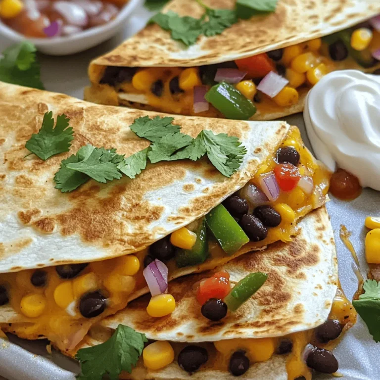 - 8 large flour tortillas - 2 cups shredded cheese (cheddar, Monterey Jack, or a blend) - 1 can (15 oz) black beans, drained and rinsed - 1 cup corn (fresh, frozen, or canned) - 1 colorful bell pepper, diced The main ingredients are simple yet tasty. I love using flour tortillas for their soft texture. Shredded cheese brings that melty goodness we all crave. Black beans add protein and fiber, making these quesadillas hearty. Corn brings a sweet crunch, while bell peppers add color and flavor. - 1 teaspoon ground cumin - 1 teaspoon garlic powder - Salt and freshly cracked pepper to taste - Fresh cilantro, chopped Seasoning is key in this dish. Ground cumin gives warmth and depth. Garlic powder adds a nice aroma. Salt and pepper enhance all the flavors. Finally, topping with chopped cilantro adds a fresh touch. - Sour cream - Salsa - Side salad To make your meal even better, serve with sour cream. It adds creaminess and balances the spice. Salsa brings zest and freshness. A light side salad rounds out the meal, adding crunch and health. If you want the full recipe, you can find it below. 1. Begin by preheating your oven to 425°F (220°C). This ensures even cooking. 2. Line a large baking sheet with parchment paper. This keeps your quesadillas from sticking. 3. In a mixing bowl, combine the black beans, corn, diced bell pepper, red onion, ground cumin, garlic powder, and a pinch of salt and pepper. Mix well to create a vibrant filling. 1. On the lined baking sheet, lay down four flour tortillas. Slightly overlap them for extra strength. 2. Evenly spread half of your shredded cheese over the tortillas. This forms a melty base. 3. Spoon the flavorful black bean mixture over the cheese layer. Spread it evenly. 4. Add the remaining cheese on top. This enhances the cheesy goodness. 5. Place the last four tortillas on top. Press them down gently to hold the filling inside. 1. Bake your quesadillas in the preheated oven for about 15-20 minutes. Watch for a golden brown color. 2. Once done, remove the baking sheet from the oven. Let them cool for a few minutes. 3. Slice the quesadillas into wedges for easy serving. Garnish with freshly chopped cilantro. 4. Serve with cool sour cream and zesty salsa for dipping. Enjoy the delightful flavors! For a detailed guide, check the Full Recipe. To get crispy tortillas, use a hot oven. Bake at 425°F (220°C) for the best results. You can also lightly brush the tops with oil before baking. This small step adds flavor and helps achieve that golden finish. For cheese, I recommend using a mix. Cheddar adds a sharp taste, while Monterey Jack melts beautifully. A blend creates a rich, creamy texture that everyone loves. You can easily customize these quesadillas. Add proteins like chicken or shrimp for heartiness. Cook the protein first, then mix it in with the beans and veggies. Feel free to use different vegetables too. Spinach, zucchini, or mushrooms can add great flavor. Just chop them small so they mix well with the other fillings. Want to kick up the flavor? Add spices like smoked paprika or chili powder. A dash of cayenne can give a nice heat, too. Fresh herbs like cilantro or parsley can brighten the dish. For dipping sauces, try sour cream or guacamole. Salsa adds a fresh kick, or you can make a spicy chipotle sauce for extra zest. These choices will make your quesadillas shine! For the full recipe, check out the Full Recipe section. {{image_4}} You can make great vegetarian quesadillas with simple swaps. Use veggies like mushrooms, zucchini, or spinach. These add flavor and texture. You can also add plant-based proteins. Try black lentils or chickpeas for a hearty touch. Both options keep it filling and satisfying. If you want meat, add chicken or beef. Shredded rotisserie chicken works well. Beef can be ground or shredded. Marinate your meat for extra flavor. Use lime juice, garlic, and spices for a zesty kick. This makes your quesadillas even more delicious. For gluten-free options, use gluten-free tortillas. Many brands offer tasty choices. You can adjust your filling too. Use rice or quinoa as a base. This keeps your meal gluten-free and enjoyable. Don't forget to check all ingredients for hidden gluten. To keep your quesadillas fresh, wrap them in plastic wrap or foil. Place them in an airtight container. This helps to prevent moisture loss. Store them in the fridge for up to three days. If you want to keep them longer, freezing is a great option. You can use either the oven or microwave to reheat your quesadillas. For the oven, preheat it to 350°F (175°C). Place the quesadillas on a baking sheet and heat for about 10-15 minutes. This method keeps them crispy. In the microwave, heat in 30-second bursts. This method is quick but may make the tortillas soft. To keep them crispy, try placing a paper towel under the quesadilla in the microwave. You can freeze quesadillas before or after baking. For freezing before baking, assemble them as normal but do not cook. Wrap each one tightly in plastic wrap. Place them in a freezer bag. For freezing after baking, wait until they cool completely. Then, slice and wrap each piece. Store them in a freezer bag. To defrost, move them to the fridge overnight. You can also use the microwave for a quick defrost. Just be careful not to overheat them. To keep your quesadillas crispy, use these simple tips: - Use parchment paper: Line your baking sheet with parchment. This helps prevent sticking and sogginess. - Don’t overload: Use a moderate amount of filling. Too much filling can make the tortillas soggy. - Cool slightly before serving: Let them rest for a few minutes after baking. This helps steam escape, keeping the tortillas crisp. - Bake until golden: Keep an eye on your quesadillas. Bake until they are golden brown for the best texture. Yes, you can prepare these quesadillas ahead of time. Here’s how: - Prep the filling: Make your filling mix in advance. Store it in the fridge for up to two days. - Assemble before baking: Layer the tortillas and filling, but hold off on baking until you’re ready to eat. - Cover properly: If you assemble them, cover with plastic wrap. This keeps them fresh and prevents drying out. - Bake when ready: Preheat your oven and bake as directed when you want to serve them. If you need cheese substitutes, consider these options: - Dairy-free cheese: Look for plant-based cheese made from nuts, soy, or coconut. - Nutritional yeast: This adds a cheesy flavor without dairy. Sprinkle it in your filling. - Avocado: Mash or slice avocado for a creamy texture. It pairs well with the fillings. - Hummus: Use hummus instead of cheese for a different flavor. Spread it on the tortillas before adding fillings. For the full recipe, check out the [Full Recipe]. Easy sheet pan quesadillas are quick and tasty. We covered the essential ingredients, like tortillas and cheese. You learned the preparation steps, assembly techniques, and baking tips to achieve crispiness. I shared ways to customize your quesadillas with vegetables or meats. Finally, we discussed how to store and reheat leftovers. Try this recipe for a satisfying meal. Be creative in your choices and enjoy the process!