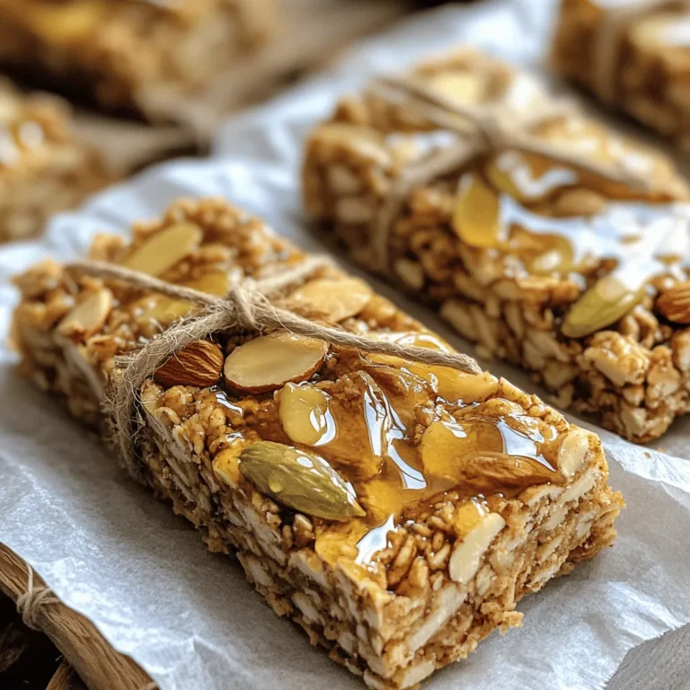 - 2 cups rolled oats - 1 cup almonds, roughly chopped - 1/2 cup walnuts, roughly chopped - 1/2 cup sunflower seeds - 1/2 cup honey or maple syrup - 1/4 cup almond butter (or any nut butter of your choice) - 1/2 teaspoon vanilla extract - 1/2 teaspoon ground cinnamon - 1/4 teaspoon salt - 1/2 cup dried cranberries or raisins (optional) Each ingredient plays a key role in the flavor and texture of your bars. The rolled oats serve as the base. Almonds and walnuts add crunch and protein. Sunflower seeds provide healthy fats. Honey or maple syrup acts as a sweetener and binder. Almond butter gives a creamy texture. Vanilla extract, cinnamon, and salt enhance the overall taste. If you use dried fruit, it adds sweetness and chewiness. You can swap almonds and walnuts for other nuts like pecans or cashews. For nut-free bars, try pumpkin seeds or extra sunflower seeds. If you want a vegan option, use maple syrup instead of honey. You can also add dark chocolate chips for a tasty twist. Adjust the spices to your liking; nutmeg or ginger can add unique flavors. The possibilities are endless, so feel free to get creative! Start by preheating your oven to 350°F (175°C). Grab an 8x8 inch baking pan. Line it with parchment paper. Make sure to leave some paper hanging over the edges. This helps lift the bars out later. In a large mixing bowl, add 2 cups of rolled oats. Next, toss in 1 cup of roughly chopped almonds. Then, add 1/2 cup of roughly chopped walnuts and 1/2 cup of sunflower seeds. Finally, sprinkle in 1/2 teaspoon of ground cinnamon. Mix all these dry ingredients well. Make sure they are evenly combined. In a small saucepan, pour in 1/2 cup of honey or maple syrup. Add 1/4 cup of almond butter to the pan. Heat these over low heat. Stir non-stop until both ingredients melt and blend smoothly. Once melted, take it off the heat. Mix in 1/2 teaspoon of vanilla extract and 1/4 teaspoon of salt. This will enhance the taste. Now, pour the warm wet mixture over the dry ingredients. Mix everything thoroughly. Make sure the dry ingredients are well coated. If you want, fold in 1/2 cup of dried cranberries or raisins. This adds a nice touch of sweetness. Transfer the mixture into the prepared baking pan. Use a spatula or your hands to press it down firmly. Make it an even layer. Bake in the oven for 20-25 minutes. Watch for the edges to turn golden brown. When done, let the bars cool completely in the pan. Use the parchment paper to lift them out. Place them on a cutting board and cut into individual bars or squares. For the full recipe, check out the detailed instructions above! To get the right texture for your granola bars, start by pressing the mixture firmly into the pan. This helps them hold together well. If you like chewy bars, keep the baking time short. For a crunchier texture, bake them a bit longer. Letting them cool completely in the pan is key too. It helps them firm up and makes cutting easier. You can easily boost the flavor of your granola bars. Try adding different nuts or seeds that you enjoy. Use maple syrup instead of honey for a unique taste. Adding spices like nutmeg or ginger can give an extra kick. You can also toss in some dark chocolate chips for a sweet touch. Just remember, balance is key! Avoid using too much liquid in your mixture. This can make your bars too soft. Also, don’t skip the salt! It enhances all the flavors. Another mistake is not letting the bars cool completely. If you cut them too soon, they may fall apart. Lastly, be careful not to overbake. Watch them closely for that golden edge, as this means they are done. {{image_4}} You can mix and match flavors in your granola bars. Try adding chocolate chips for a sweet twist. You can also use coconut flakes for a tropical vibe. For a spicy kick, add a pinch of cayenne pepper or some ginger. Each option brings a new taste to your bars. Making these bars vegan is easy. Just swap honey for maple syrup. For gluten-free options, ensure your oats are certified gluten-free. This way, everyone can enjoy these tasty snacks without worry. Boost the nutrition by adding seeds or nuts. Chia seeds add fiber and omega-3s. Pumpkin seeds give a crunch and are packed with nutrients. You can also use protein powder for an extra protein boost. These add-ins make your bars even healthier and more filling. For the full recipe, check out the Nutty Delight Granola Bars! To keep your homemade granola bars fresh, store them in an airtight container. Make sure they are completely cool before sealing. If you stack them, place parchment paper between layers to avoid sticking. Keep them in a cool, dry place. A pantry or kitchen cabinet works well. When stored properly, homemade granola bars can last up to one week. After that, they may lose their crunch and flavor. If you notice any changes in smell or texture, it’s best to toss them out. Always check before enjoying your snack. You can freeze granola bars for longer storage. Wrap each bar tightly in plastic wrap or foil. Place them in a freezer-safe bag or container. They can last up to three months in the freezer. When you want one, just take it out and let it thaw at room temperature. Enjoy your healthy snack anytime! To cut granola bars, first let them cool fully. After cooling, lift them from the pan using the parchment paper. Place them on a cutting board. Use a sharp knife for clean cuts. Cut into rectangles or squares. For easier cutting, run the knife under hot water before slicing. Yes, you can make these granola bars without nuts. Just skip the almonds and walnuts. Replace them with more seeds or oats. You can also add ingredients like coconut or dried fruits for texture. These changes will still give you tasty bars. Homemade granola bars last about one week at room temperature. Store them in an airtight container. For longer storage, keep them in the fridge. They can last up to two weeks there. If you freeze them, they last for three months. You can use maple syrup instead of honey. Agave nectar is another great choice. Both options provide sweetness and moisture. You can also try brown rice syrup for a different flavor. Each alternative may change the taste a bit. If you want to try making these yourself, check out the Full Recipe for Nutty Delight Granola Bars. It’s simple and full of flavor! You learned how to make tasty granola bars with simple steps. We covered ingredients, measurements, and fun mix-ins. You now know how to store them well, too. With the right tips, you can avoid common mistakes. Feel free to try new flavors and adjust for diet needs. Have fun making these bars your own. Enjoy snacking on your delicious creation!