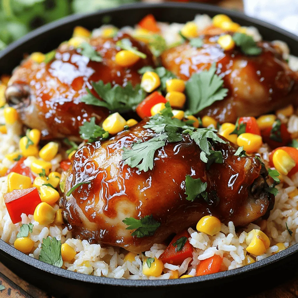 - 4 boneless, skinless chicken thighs - 1 cup jasmine rice, rinsed and drained - 2 cups low-sodium chicken broth - 1/2 cup honey BBQ sauce - 1 small onion, diced - 2 cloves garlic, minced - 1 bell pepper, diced - 1 cup corn - 1 teaspoon smoked paprika - Salt and pepper - Fresh cilantro for garnish To make One-Pan Honey BBQ Chicken Rice, gather these simple ingredients. First, the chicken thighs are the star of this dish. They stay juicy and tender, making each bite a delight. Jasmine rice is perfect here because it cooks well with the chicken broth, soaking up all the flavors. Next, we have the honey BBQ sauce. It adds a sweet and smoky touch that you will love. The diced onion and minced garlic offer a strong base for flavor. Bell peppers and corn add color and sweetness, making the dish more vibrant. You will also need smoked paprika. This spice gives the chicken an extra layer of depth. Finally, salt and pepper are essential to bring all the flavors together. Don’t forget the fresh cilantro! It adds a bright finish to your meal. By following the Full Recipe, you can create this dish that is both easy and tasty. Each ingredient plays a role in making this meal special and satisfying. First, take your chicken thighs. Season them well with salt, black pepper, and smoked paprika. This step is key. It adds flavor that seeps into the chicken. Make sure every bit of meat is coated evenly. This ensures a tasty bite every time. Now, grab a large skillet. Heat a drizzle of olive oil over medium heat. Add the diced onion and minced garlic. Sauté these for about three minutes. You want the onion to become soft and fragrant. Look for it to turn translucent. This signals that they are ready for the next step. Next, carefully add the seasoned chicken thighs to the hot skillet. Let them sear for about two to three minutes on each side. You’re aiming for a golden brown color. This step builds a rich flavor. Avoid cooking them all the way through. They will finish cooking later with the rice. Now it’s time to add the rice. Remove the chicken and set it aside. In the same pan, add rinsed jasmine rice, chicken broth, corn, and diced bell pepper. Stir everything well to mix. This helps distribute flavors evenly throughout the dish. Return the browned chicken thighs to the skillet. Nestle them into the rice mixture. Drizzle the honey BBQ sauce over everything. Let this come to a gentle simmer. Cover the skillet with a lid and lower the heat. Cook for about 20 minutes. This allows the rice to absorb all the flavors. Once cooked, take the skillet off the heat. Let it rest covered for five minutes. This step is important for the flavors to meld. Now, fluff the rice with a fork. Mix everything together gently. The dish is now ready to serve. Garnish it with fresh cilantro for a pop of color. For the full recipe, refer to the earlier section. Seasoning your dish is key. Always taste as you cook. This lets you adjust flavors. If you like it sweeter, add more honey BBQ sauce. If you enjoy a smoky flavor, feel free to add more smoked paprika. Personal taste varies, so make it yours. One common mistake is undercooking the rice. Make sure to check the rice during cooking. It should absorb all the broth and become tender. Another mistake is cooking the chicken too long. This can make it dry. The chicken should be juicy and tender. Serve the dish right from the skillet for a cozy look. If you want a fancier touch, plate each serving. Add extra cilantro and a drizzle of honey BBQ sauce on top. This adds color and flavor. A well-presented dish looks inviting and tastes even better. {{image_4}} You can switch up the rice if you like. Try brown rice or quinoa for new flavors. Both give a nice nutty taste. For vegetables, think about colorful options. Peas, carrots, or zucchini can add a pop of color and crunch. They also boost nutrition and taste. To make this dish gluten-free, use gluten-free BBQ sauce. Check the label to be sure. For a vegan version, swap the chicken for tofu or chickpeas. Use vegetable broth instead of chicken broth for flavor. Both options make the meal hearty and satisfying. Want to change the flavor? Add spices like cumin or chili powder. Fresh herbs such as basil or thyme can also elevate the dish. You can try different BBQ sauces too. Each brand has its own unique taste. A spicy BBQ sauce can add a kick, while a smoky one can deepen the flavor. For more ideas, check out the Full Recipe. It gives you all the tasty details. To keep your One-Pan Honey BBQ Chicken Rice fresh, cool it to room temperature. Place the leftovers in airtight containers. Store them in the fridge for up to three days. This helps keep the flavors intact. For best results, use glass or BPA-free plastic containers. They seal well and won’t absorb odors. When reheating, avoid the microwave if possible. Instead, use a skillet over low heat. This method warms the dish evenly and keeps the rice moist. You can add a splash of chicken broth to help with moisture. Heat until the chicken reaches 165°F for safe eating. This ensures it’s warm and tasty. To freeze, first, let the dish cool completely. Divide it into portions for easy thawing. Use freezer-safe containers or bags to prevent freezer burn. Label your containers with dates. You can store it in the freezer for up to three months. When ready to eat, thaw it overnight in the fridge. Reheat as mentioned above for the best taste and texture. Don't forget to check out the Full Recipe for more details on how to make this delicious meal! To add spice, you can mix in chopped jalapeños or crushed red pepper flakes. These will give your dish a nice kick. You could also use a spicy BBQ sauce instead of regular honey BBQ sauce. For a deeper heat, try adding a dash of cayenne pepper while cooking. Spice makes it exciting! Yes, you can use brown rice. Just remember, brown rice takes longer to cook. You will need to add about 10 to 15 extra minutes to the cooking time. Make sure to use more broth as brown rice absorbs more liquid. Check the package for specific cooking instructions. The best way to check chicken is with a meat thermometer. Insert it into the thickest part of the chicken. It should read 165°F for safe eating. If you don’t have a thermometer, cut into the chicken. The meat should be white and no longer pink. If you lack honey BBQ sauce, you can make a quick mix. Combine ketchup, honey, and soy sauce for a tasty substitute. For a smoky flavor, add a bit of liquid smoke. You can also try a store-bought BBQ sauce that you enjoy. You can store One-Pan Honey BBQ Chicken Rice in the fridge for up to 3 days. Be sure to keep it in an airtight container. If you want it to last longer, consider freezing it. Just make sure it's cooled before you store it. This recipe gives you a simple and tasty way to enjoy a meal. You learned how to prepare flavorful chicken with rice, veggies, and a touch of honey BBQ sauce. With easy steps and tips, you can avoid common mistakes and serve a great dish. Remember, you can change ingredients or try new flavors to suit your taste. Enjoy this dish now and savor the leftovers later! Cooking can be fun and rewarding with the right approach.