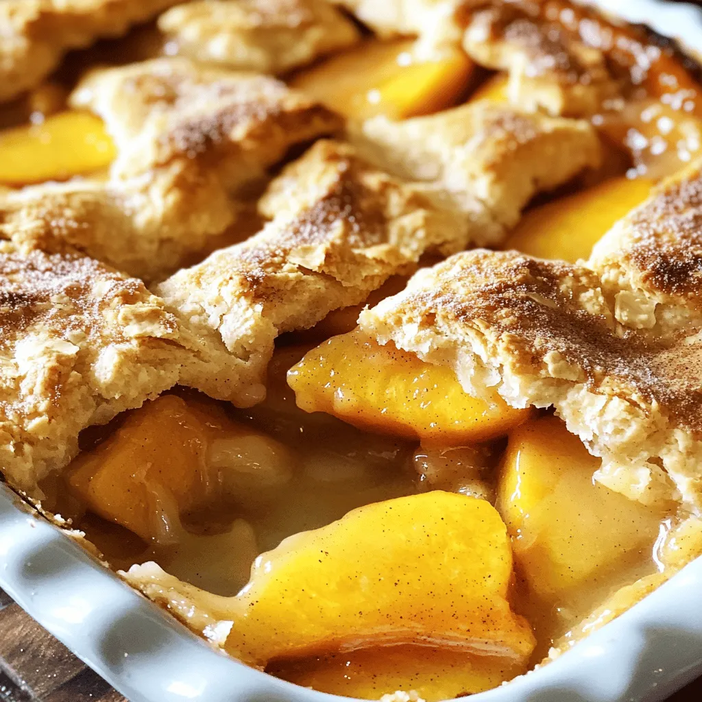 To make this delightful peach cobbler, gather these simple ingredients: - 4 cups fresh ripe peaches, sliced (or 2 cans of sliced peaches, drained) - 1 cup granulated sugar, divided - 1 teaspoon ground cinnamon - 1 teaspoon pure vanilla extract - 1 tablespoon freshly squeezed lemon juice - 1 cup all-purpose flour - 1 1/2 teaspoons baking powder - 1/2 teaspoon fine salt - 1 cup whole milk - 1/2 cup unsalted butter, melted Using fresh peaches makes this dessert shine. Fresh peaches have a vibrant taste and juicy texture. Look for ripe, fragrant peaches with no bruises. If fresh peaches aren't available, canned peaches can work too. Just make sure they are packed in water or juice, not syrup. Drain them well to avoid extra liquid in your cobbler. This recipe is flexible. If you need to avoid dairy, replace whole milk with almond milk or oat milk. For gluten-free options, use a gluten-free flour blend instead of all-purpose flour. If you have a sugar restriction, consider using a sugar substitute like monk fruit sweetener. These swaps keep the cobbler tasty and friendly for everyone! To start, wash and slice your peaches. If you use canned peaches, drain them well. In a bowl, combine the sliced peaches with half a cup of sugar, ground cinnamon, vanilla extract, and lemon juice. Toss gently so all the peaches coat well. Set this mix aside. Letting them sit for ten minutes helps the flavors blend. In a clean bowl, whisk together the flour, baking powder, salt, and the remaining half cup of sugar. Mix until there are no lumps. Slowly pour in the whole milk and melted butter. Stir gently until just combined. It’s fine if a few lumps remain. This batter will create a light and fluffy base for your cobbler. Pour the batter into a greased 9x13-inch baking dish. Spread it evenly with a spatula. Next, add the marinated peaches right on top. Spoon them out gently to keep the layers. Do not stir! Bake in a preheated oven at 350°F (175°C) for 35 to 40 minutes. Look for a golden brown top, and check with a toothpick; it should come out clean. Enjoy your warm peach cobbler! For the full recipe, check the earlier section. To make sure your peach cobbler bakes evenly, preheat your oven to 350°F (175°C). This step is key. Use a 9x13-inch baking dish to hold all the goodness. Grease it well to prevent sticking. Spread the batter evenly across the bottom. Then, layer the marinated peaches on top without stirring. This keeps the layers nice and distinct. You can make your cobbler even tastier with simple tweaks. Try adding a pinch of nutmeg for warmth. A dash of almond extract can bring a lovely nutty flavor. For a twist, mix in some fresh ginger for a zesty kick. Don’t be afraid to experiment with spices that you love! One common mistake is overmixing the batter. A few lumps are okay! Also, don’t forget to let the peaches marinate. This lets them soak up flavors. Lastly, avoid opening the oven door too soon. This can cause your cobbler to sink. Follow these tips for a perfect peach cobbler every time! {{image_4}} You can swap peaches for other fruits. Try fresh or frozen berries, like blueberries or raspberries. Apples and pears work well too. Each fruit gives a new taste and texture. Mixing fruits can also add great flavor. A berry-peach blend, for example, is a delightful twist! To make this cobbler gluten-free, use almond or coconut flour instead of all-purpose flour. These flours give a nice nutty flavor. You can also find gluten-free baking mixes. Just follow the instructions on the package. This way, you enjoy peach cobbler without gluten! You can make this peach cobbler lighter. Use less sugar, or swap it for honey or maple syrup. Try unsweetened almond milk for a dairy-free option. You can also add oats for extra fiber. These changes keep the taste great while making it healthier! For the full recipe, check out the Delightfully Simple Peach Cobbler section. After you enjoy your peach cobbler, store the leftovers in an airtight container. This keeps the cobbler fresh for up to three days. If you leave it uncovered, it will dry out. You can also cover the dish with plastic wrap or foil. Remember to let it cool before storing. To reheat your peach cobbler, use the oven for the best results. Preheat your oven to 350°F (175°C). Place the cobbler in an oven-safe dish. Heat for about 15-20 minutes until warm. If you want a softer texture, cover it with foil. You can also use the microwave for quick heating. Heat in short bursts of 30 seconds, checking often. If you want to freeze your peach cobbler, it’s easy! First, let it cool completely. Then, wrap it tightly in plastic wrap. After that, place it in an airtight container or a freezer bag. This will keep it fresh for up to three months. When you're ready to enjoy it, thaw it in the fridge overnight. Then, reheat in the oven as mentioned above. This method works well to preserve the flavors and texture. Yes, you can use frozen peaches. Just thaw them first and drain any excess juice. This keeps the cobbler from being too watery. Frozen peaches are a great option when fresh ones are not in season. Your peach cobbler is done when the top is golden brown. You can also do the toothpick test. Insert a toothpick into the center; if it comes out clean, it’s ready to enjoy! Peach cobbler is fantastic on its own, but you can enhance it. Serve it warm with vanilla ice cream or whipped cream. A sprinkle of cinnamon adds a nice touch too! Yes, you can make peach cobbler ahead of time. Just prepare it and store it in the fridge before baking. When you’re ready, bake it fresh. This way, you get that warm, delightful taste whenever you want! For the full recipe, check out the instructions above. In this post, we explored how to make a delicious peach cobbler. We covered the best ingredients, prep steps, and baking tips. I shared ways to enhance flavors and avoid common mistakes. You can also adapt the recipe to suit different diets or preferences. Peach cobbler is versatile and easy to make. With proper storage, you can enjoy it multiple times. Armed with this knowledge, you are ready to create your own perfect peach cobbler. Happy baking!