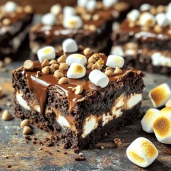 To make these amazing s'mores brownies, you will need a few simple ingredients. Here’s the complete list: - 1 cup unsalted butter, melted - 1 cup granulated sugar - 1 cup packed brown sugar - 4 large eggs - 1 teaspoon vanilla extract - 1 cup all-purpose flour - 1/2 cup unsweetened cocoa powder - 1 teaspoon baking powder - 1/4 teaspoon salt - 1 cup mini marshmallows - 1 cup graham cracker crumbs - 1 cup chocolate chips (choose between milk or dark) These ingredients create a sweet, gooey, and rich brownie. The mix of chocolate, marshmallows, and graham crackers makes it a fun treat for all. Remember, the quality of your chocolate chips can change the taste. So, pick a brand you love! When you gather your ingredients, it helps to have everything measured out. This way, you can easily mix and bake without missing a step. If you want the full recipe, just look for it above. Let's get cooking! Start by preheating your oven to 350°F (175°C). Grab a 9x13-inch baking pan and grease it. You can also line it with parchment paper for easy removal. This step is key to getting those perfect brownies out in one piece. In a big bowl, pour in the melted butter. Add the granulated and brown sugars. Whisk until it’s smooth. Next, crack in the eggs one by one, mixing well after each. This makes the batter fluffy. Finally, stir in the vanilla extract to bring out the flavors. In a medium bowl, mix the all-purpose flour, cocoa powder, baking powder, and salt. Whisk these dry ingredients together until they are well combined. This ensures a uniform texture in your brownies. Now, gently add the dry mix to your wet ingredients. Stir until just combined; be careful not to overmix. Fold in the graham cracker crumbs and chocolate chips. Save about 1/4 cup of chocolate chips for the topping. Pour half of the batter into the pan, spreading it evenly. Sprinkle half of the mini marshmallows on top. Then, pour the rest of the batter over the marshmallows. Add the remaining marshmallows and chocolate chips on top. Place the pan in your preheated oven. Bake for about 25-30 minutes. To check if they are done, insert a toothpick in the center. It should come out with some moist crumbs. Once baked, let them cool in the pan for about 15 minutes. Then, move them to a wire rack to cool completely. Cut your brownies into squares. For a fun twist, drizzle chocolate sauce over them. A sprinkle of graham cracker crumbs adds a nice touch. You can also serve toasted marshmallows on the side for that classic s’mores feel. Enjoy every bite of this rich treat! To get the best texture in your s'mores brownies, follow these simple tips: - Mix gently: When combining wet and dry ingredients, stir just until mixed. Overmixing can make brownies tough. - Check doneness: Use a toothpick to test. It should come out with some moist crumbs, not wet batter. - Cool properly: Allow brownies to cool in the pan before cutting. This helps them set and makes them easier to slice. You can swap some ingredients to fit your tastes or needs: - Butter: Use coconut oil for a dairy-free option. - Sugar: Substitute half of the granulated sugar with maple syrup for a unique flavor. - Flour: For a gluten-free option, try almond flour or a gluten-free blend. Presentation makes a big difference! Here are some ideas: - Warm and gooey: Serve brownies warm. A drizzle of chocolate sauce on top adds extra sweetness. - Graham cracker crumbs: Sprinkle some over the top for added texture and flavor. - Toasted marshmallows: Add a few toasted marshmallows on the side for that authentic campfire experience. These tips will help you create the perfect s'mores brownies. For a full recipe, check the detailed instructions above! {{image_4}} You can get creative with toppings. Here are some fun ideas: - Caramel drizzle: Add a sweet touch with warm caramel sauce. - Peanut butter chips: Mix in or top with peanut butter chips for extra flavor. - Toasted coconut: Sprinkle some toasted coconut flakes for a tropical twist. - Crushed nuts: Add chopped nuts like walnuts or pecans for crunch. These toppings can enhance your s'mores brownies and give them a new spin. If you want to change the flavor, here are some tasty options: - Mint: Add a few drops of mint extract to the batter for a fresh taste. - Peanut butter: Swirl creamy peanut butter into the brownie batter before baking. - Espresso: Mix in a tablespoon of instant espresso powder for a coffee kick. - Raspberry: Fold in fresh raspberries for a fruity surprise. These flavor twists can make your brownies unique and exciting. You can make s'mores brownies gluten-free easily. Here’s how: - Flour swap: Use a gluten-free all-purpose flour blend instead of regular flour. - Graham crackers: Find gluten-free graham crackers for the crust. - Check chocolate: Ensure your chocolate chips are gluten-free. These adjustments let everyone enjoy this treat without worry. To keep your s'mores brownies fresh, store them in an airtight container. Use parchment paper or plastic wrap to separate layers. This helps prevent them from sticking together. Place the container in a cool, dry place. If you need them to last longer, the fridge works too. You can freeze s'mores brownies for up to three months. First, let them cool completely. Then, wrap each brownie in plastic wrap. Place wrapped brownies in a freezer bag. When you crave a treat, take one out and let it thaw at room temperature. You can reheat them in the microwave for 10-15 seconds if you want them warm. S'mores brownies stay fresh for about 3-5 days at room temperature. If kept in the fridge, they can last up to a week. Just remember to check for any signs of spoilage, like a change in smell or texture. Enjoy your delicious brownies while they are still fresh! For the full recipe, click here. Yes, you can make S’mores Brownies ahead of time. Bake them a day or two before your event. Just store them in an airtight container. This keeps them fresh and ready to enjoy. To check if your brownies are done, use a toothpick. Insert it into the center of the brownies. If it comes out with a few moist crumbs, they are ready. If the toothpick is clean, they may be overbaked. You can use many different things instead of chocolate chips. Try chopped nuts or even peanut butter chips. You can also use white chocolate or caramels for a fun twist. Yes, you can make this recipe dairy-free. Use dairy-free butter and chocolate. Also, check the marshmallows for dairy. Many brands offer dairy-free options. For the full recipe, please refer to the S'mores Brownies Delight section above. You can find more tips and variations online to make your brownies even more special. You learned how to make delicious S'mores Brownies using simple ingredients. We covered each step, from preparing the pan to serving ideas. Remember to mix the wet and dry ingredients well for a great texture. Explore fun variations with toppings and flavors. Store leftovers correctly for the best taste. Now it’s time to bake and enjoy your sweet creation! Turn your kitchen into a dessert place and share these brownies with friends. Enjoy every bite of your tasty treat!