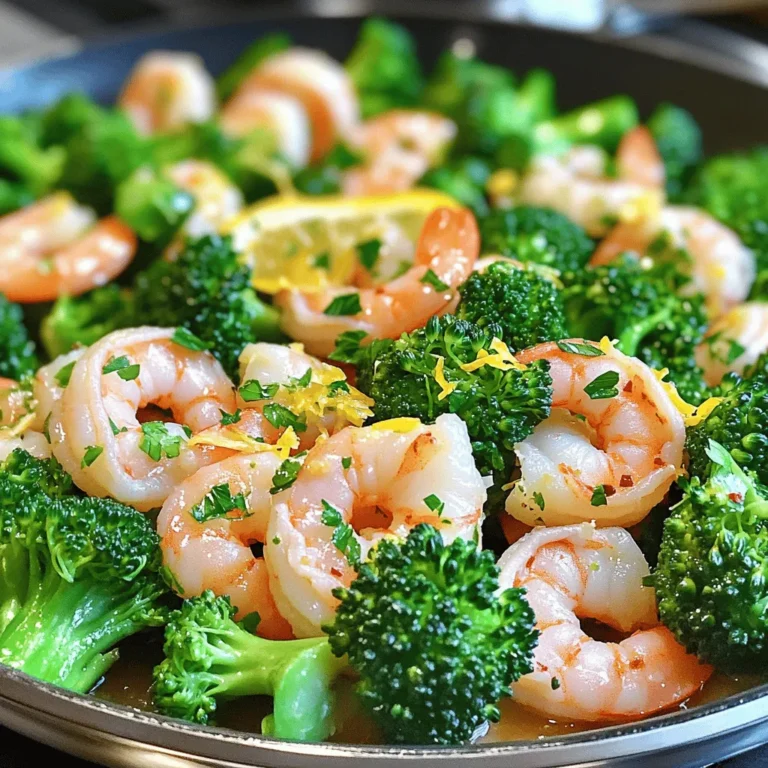 - 1 pound large shrimp, peeled and deveined - 2 cups broccoli florets - 4 cloves garlic, minced - Zest and juice of 1 lemon - 3 tablespoons olive oil - 1 teaspoon red pepper flakes (optional) - Salt and freshly cracked black pepper to taste - Fresh parsley for garnish In this dish, fresh shrimp takes center stage. You want to use large shrimp for the best texture. Make sure they are peeled and deveined to cut down on prep time. Broccoli brings color and crunch. I love using broccoli florets because they soak up the garlic and lemon flavors. Garlic adds a punch, making the dish so tasty. You can mince it finely for a stronger flavor. The zest and juice of a lemon brighten everything up. It gives the dish a fresh taste that balances the richness of the shrimp. For the oil, I prefer olive oil. It adds a nice depth and helps cook the shrimp evenly. If you like heat, add red pepper flakes. They give the dish a fun kick. Don’t forget salt and pepper. They enhance all the flavors. Finally, fresh parsley adds a touch of color and freshness. For the full recipe, check out the details above! - Heat 2 tablespoons of olive oil in a large skillet over medium heat. - Add 4 cloves of minced garlic and sauté for about 1 minute. - Stir often to keep the garlic from burning. - Next, add 2 cups of broccoli florets to the skillet. - Season the broccoli with salt, pepper, and optional red pepper flakes. - Cook the broccoli for 5-7 minutes until it's tender and bright green. - After the broccoli is done, push it to one side of the pan. - Pour the remaining tablespoon of olive oil into the empty side. - Place 1 pound of shrimp in a single layer on the oiled side. - Sprinkle lemon zest on the shrimp. - Cook the shrimp for about 2-3 minutes on each side. - They should turn pink and opaque when done. - Once cooked, mix the shrimp and broccoli together in the pan. - Squeeze fresh lemon juice over the shrimp and broccoli. - Toss everything to blend the flavors well. - Remove the skillet from heat and garnish with fresh parsley. - For serving, place the dish on a large platter. - Drizzle any pan juices over the top and add lemon wedges. For the complete recipe, check the [Full Recipe]. Enjoy your meal! To make your shrimp shine, focus on oil temperature. Heat your olive oil over medium heat. If the oil is too hot, the garlic burns. If it's too cool, the shrimp won't cook well. Start by sautéing the garlic for just one minute. This step releases its rich flavor without burning. Timing for shrimp is key. Cook them for about 2 to 3 minutes on each side. You want them pink and opaque, not rubbery. Want to spice things up? Add red pepper flakes for heat. Fresh herbs like basil or dill can elevate the dish. Consider adding other spices like paprika for depth. You can also toss in extra veggies. Bell peppers, snap peas, or asparagus work well. These add color and nutrients to your meal. Pair your dish with simple sides. A fluffy rice or warm crusty bread complements the shrimp. For a light touch, serve with a green salad. This balances the meal nicely. When it comes to drinks, a chilled white wine works best. A crisp Sauvignon Blanc or a light Pinot Grigio enhances the flavors. You could also serve sparkling water with lemon for a refreshing option. Enjoy this one pan meal with friends or family! {{image_4}} You can change the vegetables in this dish. If you want to skip broccoli, try snap peas, bell peppers, or asparagus. These options add color and crunch. You can also think about using seasonal veggies. In spring, use fresh green beans or zucchini. In fall, consider roasted carrots or Brussels sprouts. Seasonal vegetables not only taste great, but they also keep your dish fresh and exciting. If shrimp is not your thing, you have options. You can use scallops or fish like tilapia or cod. They cook quickly and soak up the lemon flavor well. If you want a heartier meal, try chicken breast. Cut it into bite-sized pieces and sauté the same way as the shrimp. For a plant-based choice, use tofu. Press and cube the tofu before cooking it until golden. This gives a nice texture and a different twist to the dish. Want a zesty kick? Swap lemon for lime. Lime adds a tangy twist that brightens the dish. You can also add creamy elements. Mix in a splash of cream or a dollop of sour cream at the end. This adds richness and balances the dish's brightness. Don't be afraid to play with flavors. Experimenting can lead to a delicious new favorite. For the full recipe, check the earlier section. To keep your One Pan Lemon Garlic Shrimp fresh, follow these steps: - Place leftovers in an airtight container. - Let the dish cool down to room temperature first. - Store it in the fridge within two hours of cooking. Your shrimp will last in the fridge for up to three days. After that, it may lose flavor and texture. Always check for signs of spoilage before eating. When you're ready to enjoy your leftovers, reheating is key to keeping that great taste. Here’s how: - Microwaving Tips: - Use a microwave-safe plate. - Cover the shrimp loosely with a damp paper towel. - Heat in short bursts, about 30 seconds at a time, stirring between each. This method helps maintain moisture and flavor. - Skillet Reheating Methods: - Heat a non-stick skillet over medium heat. - Add a splash of olive oil to keep it juicy. - Place the shrimp in the skillet, stirring gently for about 3-5 minutes. This method revives the shrimp's texture and taste. Enjoy your meal! It takes about 10 minutes to prep and 10 minutes to cook. In total, you’ll spend around 20 minutes on this tasty dish. This quick cooking time makes it a great option for busy weeknights. Yes, you can skip the broccoli if you prefer. You can use other veggies like bell peppers, asparagus, or snap peas instead. Just ensure they cook well with the shrimp. To keep shrimp tender, do not overcook them. Cook until they are pink and opaque, usually about 2-3 minutes on each side. Also, use fresh shrimp for the best texture and taste. Absolutely! You can use frozen shrimp. Just thaw them first in cold water. Once thawed, pat them dry before cooking. This helps them sear better and prevents excess moisture. This blog post covered how to make a tasty One Pan Lemon Garlic Shrimp dish. We discussed key ingredients, step-by-step instructions, and tips for perfecting the meal. You learned how to add your own twist with different vegetables or proteins. In conclusion, this dish is simple and full of flavor. You can easily modify it to fit your taste. So grab your ingredients and start cooking this quick, delicious meal! Enjoy the process and impress your family and friends.