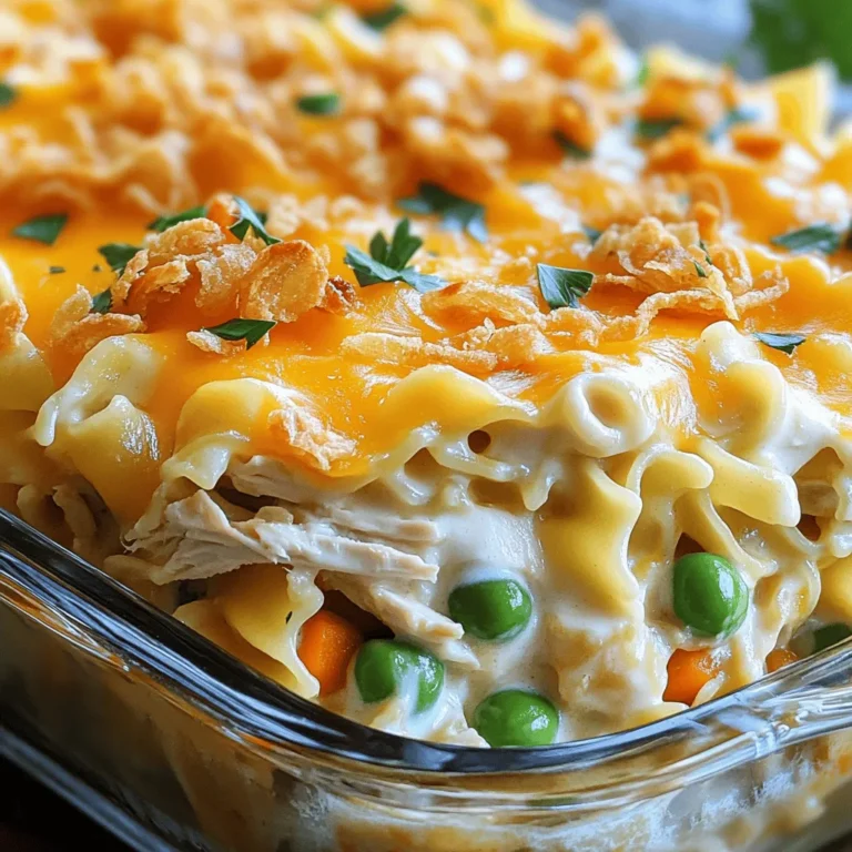 - 2 cups of cooked chicken, shredded - 8 ounces of egg noodles - 1 cup of ranch dressing - 1 cup of sour cream - 2 cups of shredded cheddar cheese - 1 cup of frozen peas and carrots, thawed - 1 teaspoon of garlic powder - 1 teaspoon of onion powder - Salt and pepper, to taste - ½ cup of crispy fried onions (for topping, optional) The first step to making Chicken Bacon Ranch Casserole is gathering your ingredients. The chicken is the star here. Use cooked chicken, as it blends well with the other flavors. You can shred it from a rotisserie or bake your own. Next, you need egg noodles. They cook up soft and soak in the creamy sauce. If you want a gluten-free option, use gluten-free pasta. The ranch dressing adds a tangy kick. Sour cream gives it a rich texture. Shredded cheddar cheese is a must. It melts beautifully and adds a nice flavor. Peas and carrots add color and nutrients. Garlic powder and onion powder enhance the taste. Lastly, salt and pepper bring everything together. You can add crispy fried onions on top for crunch. They make the dish special and fun. Each ingredient plays a role in creating a cozy, tasty meal. - You can swap chicken for turkey or beef if you prefer. - Try different cheeses like mozzarella or pepper jack for a twist. - For gluten-free options, use gluten-free egg noodles or other pasta. Feel free to adjust the recipe to fit your tastes. You can mix and match ingredients based on what you have at home. First, you need to preheat your oven to 350°F (175°C). This helps the casserole cook evenly. While the oven heats, grease a 9x13 inch casserole dish. You can use cooking spray or butter for this. Greasing keeps the dish from sticking. Next, bring a large pot of salted water to a boil. The salt adds flavor to the noodles. Cook the egg noodles according to the package instructions until they are al dente. This means they should still have a slight bite to them. After cooking, drain the noodles in a colander and let them cool. Now, let's mix everything! In a large mixing bowl, combine the shredded chicken, ranch dressing, and sour cream. Stir in half of the shredded cheddar cheese and the thawed peas and carrots. Add the garlic powder, onion powder, and season with salt and pepper. Mix until all ingredients are creamy and well combined. Next, gently fold the cooked noodles into the chicken mixture. Make sure each noodle is well-coated. Pour the entire mix into the greased casserole dish, spreading it evenly. Sprinkle the remaining cheddar cheese on top for a cheesy finish. If you like a crunch, add crispy fried onions. Place the casserole in the preheated oven. Bake it for 25 to 30 minutes. You want the cheese to be melted, bubbly, and lightly golden. When done, take it out and let it cool for about 5 minutes before serving. This will help the casserole set and make it easier to serve. For the full recipe, check out the complete details provided earlier. To ensure even noodle cooking, start with plenty of salted water. Boil the noodles until they are just al dente. This way, they won't turn mushy in the casserole. Drain them well and let them cool a bit. For a perfect cheese layer, add cheese in two stages. Mix half into the chicken mixture for creaminess. Then, sprinkle the rest on top before baking. This gives you a nice, melty crust. Pair your casserole with simple sides. A fresh green salad works well. You can also serve it with garlic bread for a hearty meal. To enhance presentation, add a sprinkle of fresh herbs on top. Chopped parsley or chives add color and flavor. Use a spatula to cut neat portions and serve. You can prepare this dish in advance. Assemble it in the casserole dish but don’t bake it yet. Cover it tightly and store it in the fridge. When ready to bake, remove it from the fridge. Let it sit at room temp for about 30 minutes. This helps it cook evenly. For reheating leftovers, warm them in the oven at 350°F until hot. {{image_4}} You can make this dish lighter with some easy swaps. Use low-fat sour cream and ranch dressing instead of the regular ones. This keeps the creamy taste but cuts the calories. You can also add more vegetables. Broccoli and spinach work great. They boost the nutrition and add color. Want to kick up the taste? Adding spices like paprika or cayenne can do wonders. Fresh herbs like parsley or chives add a nice touch too. You might also try different dressings. Blue cheese dressing gives it a unique flavor twist. It’s a fun way to switch things up. If you're looking for gluten-free options, use gluten-free egg noodles. They taste just as good! For a vegetarian version, swap the chicken for chickpeas or mushrooms. You can still enjoy the creamy goodness without the meat. Just ensure to adjust the cooking time as needed. For the full recipe, check out the Dreamy Creamy Chicken Ranch Casserole. Store leftover Chicken Bacon Ranch Casserole in an airtight container. This keeps it fresh. Use glass or plastic containers. Glass is great for seeing the food inside. Make sure to let it cool to room temperature before sealing. This helps prevent moisture build-up, which can make it soggy. To freeze the casserole, let it cool completely first. Then, wrap it tightly in plastic wrap or aluminum foil. You can also use a freezer-safe container. For best results, freeze it within two days of cooking. When you're ready to eat, thaw it in the fridge overnight. Then, reheat it in the oven at 350°F until hot, about 20-25 minutes. In the fridge, Chicken Bacon Ranch Casserole lasts about 3-4 days. In the freezer, it is safe for up to 3 months. Keep an eye on the texture and smell when thawing. If it seems off, it’s best to toss it. Proper storage keeps your meal tasty and safe! You can enjoy this dish over multiple meals without worry. No, you should not use raw chicken. Cooking raw chicken in a casserole can lead to uneven cooking. You want to ensure the chicken is safe to eat. Use cooked chicken instead. It helps the dish stay creamy and delicious. To add some heat, try these ideas: - Add diced jalapeños or red pepper flakes for a kick. - Use spicy ranch dressing instead of regular ranch. - Mix in a little hot sauce for extra flavor. These options make the casserole more exciting and fun to eat. Here are some tasty side dishes to pair: - A fresh garden salad adds crispness. - Garlic bread brings warmth and comfort. - Steamed broccoli or green beans for a healthy touch. These sides balance the richness of the casserole and round out your meal. For the complete recipe, check out the [Full Recipe]. This blog post covered how to make a Chicken Bacon Ranch Casserole. You learned about the key ingredients, cooking steps, and helpful tips. Remember, you can swap proteins and adjust flavors to your taste. Whether you keep it classic or make it healthier, the fun is in customizing. Store leftovers well for easy meals later. Enjoy making this dish and sharing it with loved ones. It’s a great comfort food that everyone will love!