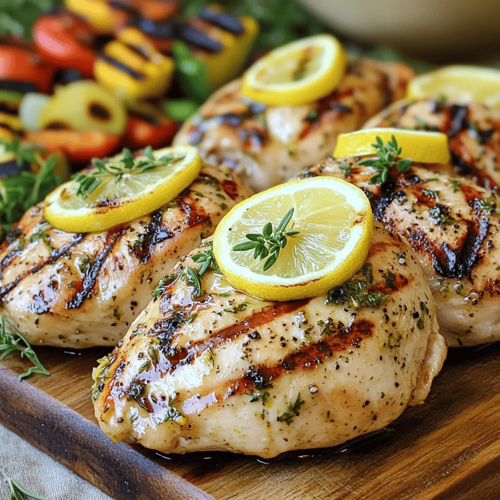 To make Lemon Herb Grilled Chicken, gather these main ingredients: - 4 boneless, skinless chicken breasts - 3 tablespoons extra virgin olive oil - Zest and juice of 2 large lemons - 3 cloves garlic, finely minced - 1 tablespoon fresh rosemary, finely chopped - 1 tablespoon fresh thyme, finely chopped - 1 teaspoon Dijon mustard - Salt and freshly ground black pepper, to taste These ingredients create a fresh and bright flavor that will make your chicken sing. You can add some garnishes to make your dish look even better. Consider these options: - Lemon slices - Fresh herbs, like parsley or extra thyme These garnishes not only add color but also enhance the taste. Lemon Herb Grilled Chicken is not just tasty; it’s also healthy! Here’s a quick look at the nutritional info per serving: - Calories: Approximately 280 - Protein: 30g - Fat: 15g - Carbohydrates: 2g This dish gives you lean protein with healthy fats, making it a great choice for any meal. For the full recipe, check the details above. Start by gathering your ingredients. You need olive oil, lemon zest, lemon juice, garlic, rosemary, thyme, Dijon mustard, salt, and pepper. In a medium bowl, whisk these together. Mix well until you have a smooth marinade. The lemon zest adds a bright touch. The herbs bring fresh flavor to the chicken. This marinade is key to making your chicken tasty and juicy. Next, take your chicken breasts. Place them in a large resealable bag or a glass dish. Pour the marinade over the chicken. Make sure each piece is well coated. Seal the bag or cover the dish tightly. Now, put it in the fridge. Let it marinate for at least one hour. For more flavor, you can marinate it for up to four hours. This will help the chicken absorb all the wonderful flavors. When you're ready to grill, preheat your grill to medium-high heat. Take the chicken out of the marinade. Let any extra marinade drip off. Place the chicken on the grill. Cook for about 6 to 7 minutes on each side. You want it to reach 165°F (75°C) inside. This ensures it is fully cooked. Once done, take the chicken off the grill. Allow it to rest for about 5 minutes. This step keeps the juices locked in. Slice and serve your grilled chicken warm. You can garnish it with lemon slices and fresh herbs for a beautiful finish. For the full recipe, check above. To get juicy, tasty chicken, focus on the marinade. Use fresh herbs and lemon juice. Marinate for at least one hour, but up to four hours works best. This time lets flavors soak in. When grilling, keep an eye on the heat. Medium-high is ideal. Flip the chicken only once. This keeps the juices locked in. Want to boost flavor? Try adding honey or a pinch of red pepper flakes to the marinade. Honey adds a sweet touch, while red pepper gives a kick. You can also mix different herbs. Basil or oregano can change the taste. For a smoky flavor, try adding smoked paprika. Each twist makes the dish unique. To serve your chicken beautifully, use a wooden cutting board. This adds a rustic feel. Place lemon slices around the chicken. A sprinkle of fresh herbs makes it pop. You can also add colorful grilled veggies on the side. This not only looks great but makes your meal balanced. For a complete experience, check out the Full Recipe! {{image_4}} You can swap some ingredients in this recipe. If you don’t have fresh herbs, use dried ones. A teaspoon of dried herbs equals one tablespoon of fresh. If you want less fat, use a low-fat dressing instead of olive oil. You can also use lime juice instead of lemon for a different flavor. If you don’t have Dijon mustard, regular mustard works too. Grilling gives this chicken a nice char, but you can cook it in other ways. You can bake your chicken in the oven at 375°F (190°C) for about 25-30 minutes. Just make sure it reaches 165°F (75°C). You can also pan-sear the chicken in a hot skillet for about 6 minutes on each side. This method keeps the chicken juicy and adds a nice crust. Feel free to play with the herbs. Basil and oregano make a great pair for a Mediterranean twist. For a more earthy note, try sage and thyme. If you like a little heat, add some crushed red pepper flakes to your herb mix. Mixing different herbs can create unique flavors. Use what you like best! For the full recipe, check out the instructions above. After enjoying your Lemon Herb Grilled Chicken, store any leftovers in an airtight container. Let the chicken cool down before sealing it. This helps keep the chicken fresh and tasty. You can keep it in the fridge for up to four days. If you want to keep it longer, consider freezing it. When you're ready to eat the leftovers, reheating is easy. You can use the microwave or the oven. For the microwave, place the chicken on a plate and cover it with a damp paper towel. Heat on medium power for 1-2 minutes, checking often. If you choose the oven, preheat it to 350°F (175°C). Place the chicken on a baking sheet and heat for about 10-15 minutes. Make sure the chicken is warm all the way through. If you have extra chicken, freezing is a great option. Wrap each piece tightly in plastic wrap, then place it in a freezer bag. Squeeze out as much air as possible. Label the bag with the date. You can freeze the chicken for up to three months. When you're ready to eat it, thaw it in the fridge overnight before reheating. This way, your Lemon Herb Grilled Chicken will stay juicy and full of flavor. For the full recipe, be sure to check it out! For the best flavor, I recommend marinating the chicken for at least one hour. You can go up to four hours for stronger taste. The longer you marinate, the more the flavors soak into the chicken. This helps create that juicy, zesty bite you want. Yes, you can use bone-in chicken for this recipe. Just remember that bone-in pieces may take longer to cook. Make sure the internal temperature reaches 165°F (75°C) to ensure safety. The bone can add flavor, making your dish even better. Lemon Herb Grilled Chicken pairs well with many sides. Some great options are: - Grilled vegetables like zucchini and bell peppers - A fresh garden salad with a light vinaigrette - Rice or quinoa for a hearty touch - Garlic bread for a fun twist These sides complement the chicken's bright flavors and make your meal complete. For more ideas, check out the Full Recipe and explore different pairings. Lemon Herb Grilled Chicken is a fun dish to make. You learned about key ingredients, marinades, and grilling steps. I shared tips for great flavor and how to serve it well. You also found ideas for variations and storage tips. This recipe is easy to customize and perfect for any meal. Enjoy making it your own and impressing your family or friends. Happy grilling!
