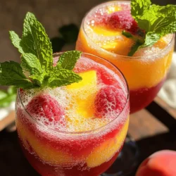- 2 ripe peaches, peeled and diced - 1 cup fresh raspberries - 1 tablespoon honey or agave syrup - 1 cup sparkling water or club soda - Juice of 1 lime - Fresh mint leaves Choosing ripe peaches is key. Look for peaches that are soft and fragrant. This means they are sweet and juicy. Fresh raspberries should be bright and plump. Check for any signs of mold or squishing. For sparkling water, choose one that is crisp and bubbly. Club soda works well too, but make sure it’s fresh. The right ingredients make this drink shine. If you want the best taste, always pick high-quality fruits and drinks. You can find the full recipe in the article. To start, take your ripe peaches. Peel and dice them into small pieces. Next, wash your fresh raspberries and remove their stems. Place both the peaches and raspberries in a blender. Add one tablespoon of honey or agave syrup. This will sweeten your drink. Squeeze the juice of one lime into the mixture for a zesty kick. Now, blend everything at high speed until it becomes smooth. After blending, you need to strain the mixture. This step is very important. Use a fine-mesh sieve to catch any bits. Pour the blended fruit into the sieve over a bowl or pitcher. Press the mixture with a spoon to get out all the juice. Discard any pulp left behind. This gives you a silky-smooth beverage. Now it’s time to assemble your mocktail. Take your serving glasses and fill each one halfway with the peach-raspberry juice. Then, carefully top each glass with sparkling water or club soda. Pour slowly to keep the bubbles fizzy. Use a long spoon to stir gently. This helps combine the juice and bubbles without losing the carbonation. For a nice touch, garnish each drink with fresh mint leaves. This adds a lovely finish to your mocktail. To see the full recipe, refer to the Full Recipe. You can change the sweetness of your Peach Raspberry Bellini Mocktail easily. If you want it sweeter, add more honey or agave syrup. If you prefer less sweetness, use less of these. You can also try other sweeteners like maple syrup or stevia. Each option gives a different taste and can match your diet needs. To keep that lovely fizz in your drink, pour the sparkling water slowly. This way, you won’t lose many bubbles. When you pour, aim for the side of the glass. It helps keep the bubbles intact. After adding bubbles, stir gently. Use a long spoon and stir just enough to mix the drink without letting the fizz escape. Serve your mocktail in clear, chilled glasses. This adds a nice touch. A slice of peach on the rim looks fancy and tastes great. For garnishing, add fresh mint leaves on top. They look pretty and smell nice too. You can even add a few whole raspberries for color. This makes your drink stand out and taste fresh. If you want the full recipe, check out the Peach Raspberry Bellini Mocktail details! {{image_4}} You can switch up the fruits in your Peach Raspberry Bellini Mocktail for fun. Try adding strawberries or blueberries. They bring a new flavor and color. Fresh strawberries give a sweet twist. Blueberries add a nice tartness. You can even mix all three for a berry blast. Seasonal fruits work well too. In summer, use juicy cherries. In fall, think about sweet apples or pears. Adding herbs can elevate your mocktail. Mint is a great choice. Just crush a few leaves and mix them in. This adds a cool taste. Basil also works well if you want something unique. Pair it with peaches for a savory touch. You can infuse the herbs by letting them sit in the juice for a while. This helps the flavors blend nicely. If you want an adult drink, make a traditional Bellini. Replace the sparkling water with Prosecco or Champagne. The fruity taste of the drink pairs well with the bubbles. You can also add a splash of peach liqueur for extra flavor. This gives a nice kick and keeps the drink refreshing. For an adult twist, these liqueurs fit perfectly. For the full recipe, check out the detailed instructions above! To store any leftovers, place the mocktail in a sealed container. Keep it in the fridge. This keeps the drink fresh for about 2 days. The bubbles may fade a bit, but the flavors stay nice. You can freeze the peach-raspberry mixture for later use. Pour the blended juice into ice cube trays. Once frozen, transfer the cubes to a zip-top bag. They can last for about 3 months. To enjoy later, thaw the cubes in the fridge for a few hours. Serve them with sparkling water to refresh the drink. For the best taste, chill the glasses before serving. This adds a cool touch to the drink. Let the mocktail chill for at least 30 minutes before serving. This helps enhance the refreshing qualities of the Peach Raspberry Bellini Mocktail. Yes, you can prepare the peach-raspberry juice a few hours in advance. Keep it in the fridge. Just add the sparkling water before serving. This keeps the fizz fresh and fun! Absolutely! The Peach Raspberry Bellini Mocktail is perfect for kids. It has sweet, fruity flavors that kids love. Plus, it’s non-alcoholic, making it safe for everyone. You can use agave syrup or maple syrup as a sweetener. They both work well. If you want a low-calorie option, try stevia. Each sweetener may change the taste a bit, so choose what you like! To serve more people, double or triple the recipe. Prepare the fruit juice in bulk. Keep the sparkling water separate until you serve. This keeps the drink bubbly and fun for your guests. The Bellini cocktail comes from Italy. It was created in the 1940s in Venice. The drink is named after the artist Giovanni Bellini. This mocktail version keeps the classic flavors while being alcohol-free, making it fresh and fruity. This blog post covered the delightful Peach Raspberry Bellini mocktail. We explored key ingredients, like ripe peaches and fresh raspberries. You learned how to make a smooth fruit mixture and assemble the drink with sparkling water. We shared tips on adjusting sweetness and enhancing presentation. You can even try variations with other fruits or herbs. In making this mocktail, you create a refreshing treat perfect for any occasion. Enjoy experimenting with flavors and sharing this delightful drink with friends!